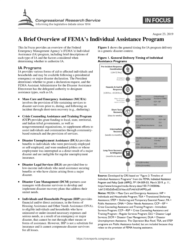 handle is hein.crs/govbaxg0001 and id is 1 raw text is: 





1 Congressional Research Service
   ~   Informir g the legislative debate ince 1914


S


                                                                                                     August 23, 2019

A   Brief Overview of FEMA's Individual Assistance Program


This In Focus provides an overview of the Federal
Emergency  Management   Agency's  (FEMA's)  Individual
Assistance (IA) program, including brief descriptions of
each type of IA and the factors considered when
determining whether to authorize IA.

1A  Programs
IA provides various forms of aid to affected individuals and
households and may  be available following a presidential
emergency  or major disaster declaration. The President
determines whether to grant a declaration request, and the
FEMA   Assistant Administrator for the Disaster Assistance
Directorate has the delegated authority to designate
assistance types, such as IA.

*  Mass  Care  and Emergency   Assistance (MC/EA)
   involves the provision of life-sustaining services to
   disaster survivors prior to, during, and following an
   incident through short-term recovery (e.g., sheltering).

*  Crisis Counseling Assistance  and Training Program
   (CCP)  provides grant funding to local, state, territorial,
   and Indian tribal governments, as well as
   nongovernmental  organizations, to supplement efforts to
   assist individuals and communities through community-
   based outreach and the provision of services.

*  Disaster Unemployment Assistance (DUA) provides
   benefits to individuals who were previously employed
   or self-employed, and were rendered jobless or whose
   employment   was interrupted as a direct result of a major
   disaster and are ineligible for regular unemployment
   insurance.

*  Disaster Legal Services (DLS)  are provided free to
   low-income  individuals who need assistance securing
   benefits or who have claims arising from a major
   disaster.

*  Disaster Case Management (DCM) partners case
   managers  with disaster survivors to develop and
   implement  disaster recovery plans that address their
   unmet  needs.

*  Individuals and  Households  Program  (IHP)  provides
   financial and/or direct assistance, in the forms of
   Housing  Assistance and Other Needs Assistance (ONA),
   to eligible individuals and households who have
   uninsured or under-insured necessary expenses and
   serious needs, as a result of an emergency or major
   disaster, that cannot be met through other means or
   forms of assistance. However, IHP is not a substitute for
   insurance and it cannot compensate disaster survivors
   for all Insses


Figure 1 shows the general timing for IA program delivery
in a generic disaster context.


Figure  I. General Delivery
Assistance  Programs


Timing  of Individual


Source: Developed by CRS based on Figure 2: Timeline of
Individual Assistance Programs from the FEMA, Individual Assistance
Program and Policy Guide (IAPPG), FP 104-009-03, March 2019, p. I I,
https://www.fema.gov/media-library-data/ I551713430046-
I abf I2182d2d5e622d I 6accb37c4d I 63/IAPPG.pdf.
Notes: MC/EA = Mass Care and Emergency Assistance; IHP=
Individuals and Households Program; TSA = Transitional Sheltering
Assistance; STEP = Sheltering and Temporary Essential Power; PA=
Public Assistance; ONA = Other Needs Assistance; CCP-ISP =
Crisis Counseling Assistance and Training Program-Immediate
Services Program; CCP-RSP = Crisis Counseling Assistance and
Training Program-Regular Services Program; DLS = Disaster Legal
Services; DCM = Disaster Case Management; DUA= Disaster
Unemployment Assistance. The Operation Blue Roof, TSA, and STEP
programs are Public Assistance-funded, but are included because they
relate to the provision of FEMA housing assistance.


https://crsreports.congress.


Pre-incident Response
      Coordination
      (24-72 hrs.)

                          H-P

    HazardsArrival&
         Resons
  (<24 hrs.-+0-24 hr




        Short-Term
        Recovery
     (days to weeks)



       Intermediate
         Recovery
   (weeks to months)




 Long-Term Recovery
       & Mitigation
    (months to years)


