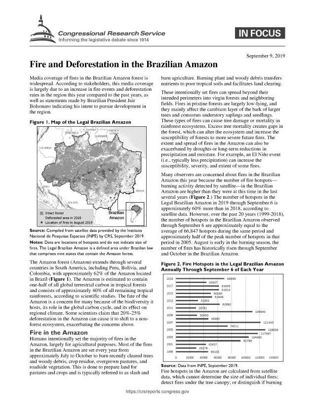 handle is hein.crs/govbaze0001 and id is 1 raw text is: 





~~~I lnfrri the eiI livedb%       sincr11


September 9, 2019


Fire and Deforestation in the Brazilian Amazon


Media  coverage of fires in the Brazilian Amazon forest is
widespread. According to stakeholders, this media coverage
is largely due to an increase in fire events and deforestation
rates in the region this year compared to the past years, as
well as statements made by Brazilian President Jair
Bolsonaro indicating his intent to pursue development in
the region.

Figure  I. Map of the Legal Brazilian Amazon


       inta foret                   Brazilian
       4,f    d~Zl                  A imzon   <
       Defoete afre in 2019          nao

Source: Compiled from satellite data provided by the Instituto
Nacional de Pesquisas Espaciais (INPE) by CRS, September 2019.
Notes: Dots are locations of hotspots and do not indicate size of
fires. The Legal Brazilian Amazon is a defined area under Brazilian law
that comprises nine states that contain the Amazon forest.
The Amazon   forest (Amazon) extends through several
countries in South America, including Peru, Bolivia, and
Colombia, with approximately 62%  of the Amazon located
in Brazil (Figure 1). The Amazon is estimated to contain
one-half of all global terrestrial carbon in tropical forests
and consists of approximately 40% of all remaining tropical
rainforests, according to scientific studies. The fate of the
Amazon  is a concern for many because of the biodiversity it
hosts, its role in the global carbon cycle, and its effect on
regional climate. Some scientists claim that 20%-25%
deforestation in the Amazon can cause it to shift to a non-
forest ecosystem, exacerbating the concerns above.
Fire  in  the  Amazon
Humans  intentionally set the majority of fires in the
Amazon,  largely for agricultural purposes. Most of the fires
in the Brazilian Amazon are set every year from
approximately July to October to burn recently cleared trees
and woody  debris, crop residue, overgrown pastures, and
roadside vegetation. This is done to prepare land for
pastures and crops and is typically referred to as slash and


burn agriculture. Burning plant and woody debris transfers
nutrients to poor tropical soils and facilitates land clearing.
These intentionally set fires can spread beyond their
intended perimeters into virgin forests and neighboring
fields. Fires in pristine forests are largely low-lying, and
they mainly affect the cambium layer of the bark of larger
trees and consumes understory saplings and seedlings.
These types of fires can cause tree damage or mortality in
rainforest ecosystems. Excess tree mortality creates gaps in
the forest, which can alter the ecosystem and increase the
susceptibility of forests to more severe future fires. The
extent and spread of fires in the Amazon can also be
exacerbated by droughts or long-term reductions in
precipitation and moisture. For example, an El Nifio event
(i.e., typically less precipitation) can increase the
susceptibility, severity, and extent of some fires.
Many  observers are concerned about fires in the Brazilian
Amazon  this year because the number of fire hotspots-
burning activity detected by satellite-in the Brazilian
Amazon   are higher than they were at this time in the last
several years (Figure 2.) The number of hotspots in the
Legal Brazilian Amazon in 2019 through September 6 is
approximately 60%  more than in 2018, according to
satellite data. However, over the past 20 years (1999-2018),
the number of hotspots in the Brazilian Amazon observed
through September 6 are approximately equal to the
average of 66,847 hotspots during the same period and
approximately half of the peak number of hotspots in that
period in 2005. August is early in the burning season, the
number  of fires has historically risen through September
and October in the Brazilian Amazon.

Figure 2. Fire Hotspots  in the Legal Brazilian Amazon
Annually  Through  September   6 of Each Year
   219 mm                      9565

            mmmm 61914
   2015 smn50260










   99    m            4
                               O 400N '0 00;  1C 0D  4 0
Source: Data from INPE, September 2019.
Fire hotspots in the Amazon are calculated from satellite
data, which cannot determine the size of individual fires;
detect fires under the tree canopy; or distinguish if burning


https://crsreports.congress.go


