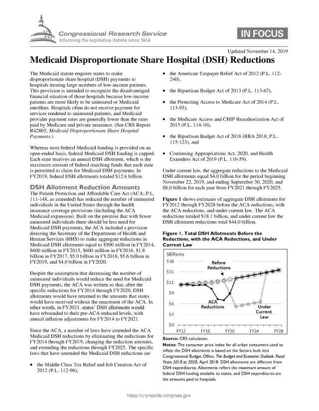 handle is hein.crs/govbbpt0001 and id is 1 raw text is: 





-'                              .r~ .........


                                                                                     Updated November  14, 2019

Medicaid Disproportionate Share Hospital (DSH) Reductions


The Medicaid statute requires states to make
disproportionate share hospital (DSH) payments to
hospitals treating large numbers of low-income patients.
This provision is intended to recognize the disadvantaged
financial situation of those hospitals because low-income
patients are more likely to be uninsured or Medicaid
enrollees. Hospitals often do not receive payment for
services rendered to uninsured patients, and Medicaid
provider payment rates are generally lower than the rates
paid by Medicare and private insurance. (See CRS Report
R42865, Medicaid Disproportionate Share Hospital
Payments.)

Whereas most federal Medicaid funding is provided on an
open-ended basis, federal Medicaid DSH funding is capped.
Each state receives an annual DSH allotment, which is the
maximum   amount of federal matching funds that each state
is permitted to claim for Medicaid DSH payments. In
FY2019, federal DSH allotments totaled $12.6 billion.

DSH Al            nReduction Amounts
The Patient Protection and Affordable Care Act (ACA; P.L.
111-148, as amended) has reduced the number of uninsured
individuals in the United States through the health
insurance coverage provisions (including the ACA
Medicaid expansion). Built on the premise that with fewer
uninsured individuals there should be less need for
Medicaid DSH  payments, the ACA included a provision
directing the Secretary of the Department of Health and
Human  Services (HHS) to make aggregate reductions in
Medicaid DSH  allotments equal to $500 million in FY2014,
$600 million in FY2015, $600 million in FY2016, $1.8
billion in FY2017, $5.0 billion in FY2018, $5.6 billion in
FY2019,  and $4.0 billion in FY2020.

Despite the assumption that decreasing the number of
uninsured individuals would reduce the need for Medicaid
DSH  payments, the ACA was written so that, after the
specific reductions for FY2014 through FY2020, DSH
allotments would have returned to the amounts that states
would have received without the enactment of the ACA. In
other words, in FY202 1, states' DSH allotments would
have rebounded to their pre-ACA-reduced levels, with
annual inflation adjustments for FY2014 to FY2021.

Since the ACA, a number of laws have amended the ACA
Medicaid DSH  reductions by eliminating the reductions for
FY2014  through FY2019, changing the reduction amounts,
and extending the reductions through FY2025. The specific
laws that have amended the Medicaid DSH reductions are

*  the Middle Class Tax Relief and Job Creation Act of
   2012 (P.L. 112-96),


*  the American Taxpayer Relief Act of 2012 (P.L. 112-
   240),

*  the Bipartisan Budget Act of 2013 (P.L. 113-67),

*  the Protecting Access to Medicare Act of 2014 (P.L.
   113-93),

*  the Medicare Access and CHIP Reauthorization Act of
   2015 (P.L. 114-10),

*  the Bipartisan Budget Act of 2018 (BBA 2018; P.L.
   115-123), and

*  Continuing Appropriations Act, 2020, and Health
   Extenders Act of 2019 (P.L. 116-59).

Under current law, the aggregate reductions to the Medicaid
DSH  allotments equal $4.0 billion for the period beginning
November  22, 2019, and ending September 30, 2020, and
$8.0 billion for each year from FY2021 through FY2025.

Figure 1 shows estimates of aggregate DSH allotments for
FY2012  through FY2028 before the ACA reductions, with
the ACA  reductions, and under current law. The ACA
reductions totaled $18.1 billion, and under current law the
DSH  allotment reductions total $44.0 billion.

Figure I. Total DSH Allotments  Before the
Reductions, with the ACA   Reductions, and Under
Current  Law


$8Ions
s18  ...


                  Reductions

$ 12 ~    ~

$ 9

               Reductions         0    Under
                                      Current
                                        Law


FY12


FY16


FY24


Source: CRS calculation.
Notes: The consumer price index for all urban consumers used to
inflate the DSH allotments is based on the factors built into
Congressional Budget Office, The Budget and Economic Outlook: Fiscal
Years 2018 to 2028, April 2018. DSH allotments are different from
DSH expenditures. Allotments reflect the maximum amount of
federal DSH funding available to states, and DSH expenditures are
the amounts paid to hospitals.


ncv


Before


N10
ILU           mgnowgo


