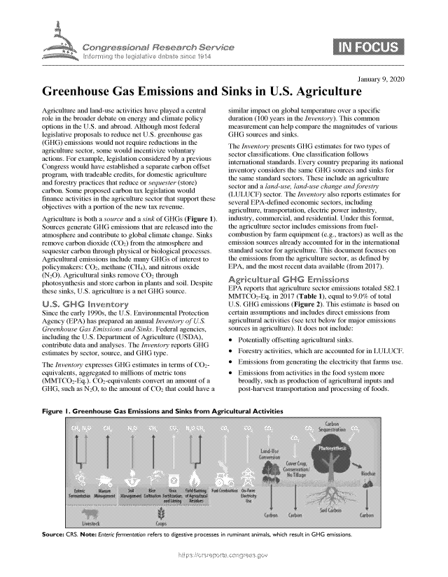 handle is hein.crs/govbgyu0001 and id is 1 raw text is: 





FF.ri E.$~                                &


                                                                                                   January 9, 2020

Greenhouse Gas Emissions and Sinks in U.S. Agriculture


Agriculture and land-use activities have played a central
role in the broader debate on energy and climate policy
options in the U.S. and abroad. Although most federal
legislative proposals to reduce net U.S. greenhouse gas
(GHG) emissions would not require reductions in the
agriculture sector, some would incentivize voluntary
actions. For example, legislation considered by a previous
Congress would have established a separate carbon offset
program, with tradeable credits, for domestic agriculture
and forestry practices that reduce or sequester (store)
carbon. Some proposed carbon tax legislation would
finance activities in the agriculture sector that support these
objectives with a portion of the new tax revenue.
Agriculture is both a source and a sink of GHGs (Figure 1).
Sources generate GHG emissions that are released into the
atmosphere and contribute to global climate change. Sinks
remove carbon dioxide (C02) from the atmosphere and
sequester carbon through physical or biological processes.
Agricultural emissions include many GHGs of interest to
policymakers: C02, methane (CH4), and nitrous oxide
(N20). Agricultural sinks remove CO2 through
photosynthesis and store carbon in plants and soil. Despite
these sinks, U.S. agriculture is a net GHG source.

U.S. H         ....
Since the early 1990s, the U.S. Environmental Protection
Agency (EPA) has prepared an annual Inventory of U.S.
Greenhouse Gas Emissions and Sinks. Federal agencies,
including the U.S. Department of Agriculture (USDA),
contribute data and analyses. The Inventory reports GHG
estimates by sector, source, and GHG type.
The Inventory expresses GHG estimates in terms of C02-
equivalents, aggregated to millions of metric tons
(MMTCO2-Eq.). C02-equivalents convert an amount of a
GHG, such as N20, to the amount of CO2 that could have a


similar impact on global temperature over a specific
duration (100 years in the Inventory). This common
measurement can help compare the magnitudes of various
GHG sources and sinks.
The Inventory presents GHG estimates for two types of
sector classifications. One classification follows
international standards. Every country preparing its national
inventory considers the same GHG sources and sinks for
the same standard sectors. These include an agriculture
sector and a land-use, land-use change andforestry
(LULUCF) sector. The Inventory also reports estimates for
several EPA-defined economic sectors, including
agriculture, transportation, electric power industry,
industry, commercial, and residential. Under this format,
the agriculture sector includes emissions from fuel-
combustion by farm equipment (e.g., tractors) as well as the
emission sources already accounted for in the international
standard sector for agriculture. This document focuses on
the emissions from the agriculture sector, as defined by
EPA, and the most recent data available (from 2017).


EPA reports that agriculture sector emissions totaled 582.1
MMTCO2-Eq. in 2017 (Table 1), equal to 9.0% of total
U.S. GHG emissions (Figure 2). This estimate is based on
certain assumptions and includes direct emissions from
agricultural activities (see text below for major emissions
sources in agriculture). It does not include:
* Potentially offsetting agricultural sinks.
* Forestry activities, which are accounted for in LULUCF.
* Emissions from generating the electricity that farms use.
* Emissions from activities in the food system more
   broadly, such as production of agricultural inputs and
   post-harvest transportation and processing of foods.


Figure I. Greenhouse Gas Emissions and Sinks from Agricultural Activities


Source: CRS. Note: Enteric fermentation refers to digestive processes in ruminant animals, which result in GHG emissions.


K~:>


gognko 'pop\qm    ggmm
g
               , q
'M
a  X
11LULKWALiM,


