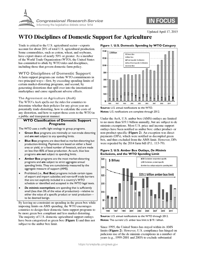 handle is hein.crs/govccuu0001 and id is 1 raw text is: 




01;0i E.$~                                   &


                                                                                            Updated April 17, 2015

WTO Disciplines of Domestic Support for Agriculture


Trade is critical to the U.S. agricultural sector-exports
account for about 20% of total U.S. agricultural production.
Some commodities, such as cotton, wheat, and soybeans,
have export shares of nearly 50% or greater. As a member
of the World Trade Organization (WTO), the United States
has committed to abide by WTO rules and disciplines,
including those that govern domestic farm policy.

VV)C     Discpfin,,s (A~k     ) n     s   uc SA rt
A farm support program can violate WTO commitments in
two principal ways-first, by exceeding spending limits of
certain market-distorting programs, and second, by
generating distortions that spill over into the international
marketplace and cause significant adverse effects.


The WTO's AoA spells out the rules for countries to
determine whether their policies for any given year are
potentially trade-distorting, how to calculate the costs of
any distortion, and how to report those costs to the WTO in
a public and transparent manner.
   WTO Classification of Domestic Support
                      Programs
The WTO uses a traffic ight analogy to group programs.
*   Green Box programs are minimally or non-trade distorting
    and are not subject to any spending limits.
*   Blue Box programs are described as market-distorting but
    production-limiting. Payments are based on either a fixed
    area or yield, or a fixed number of livestock, and are made
    on less than 85% of base production. As such, blue box
    programs are not subject to spending limits.
*   Amber Box programs are the most market-distorting
     programs and are subject to strict aggregate annual
     spending limits. They are cumulatively measured by the
     aggregate measure of support (AMS).
*   Prohibited (i.e., Red Box) programs include certain types
    of export and import subsidies and non-tariff trade barriers
    that are not explicitly included in a country's WTO
    schedule or identified and accepted in the WTO lepl texts.
*   De minimis exemptions are spending that is sufficiently
    small (less than 5% of the value of production)-relative to
    either the value of a specific product or total production-
    to be deemed benig.
By leaving no constraint on spending in the green box while
imposing limits on AMS spending, the WTO encourages
countries to design their domestic farm support programs to
be more green box compliant and less market distorting.
The majority of U.S. domestic agricultural support outlays
have been categorized as green box (Figure 1) and thus not
subject to the amber box limit.


Figure I. U.S. Domestic Spending by WTO Category
[ $ 1 4 0 ] s...                  I.i. . . . . . . . . . . . . . . . . . . . . . .. . . . . . . . . . . . . . . . . . . . . . . . .


$120-


Source: U.S. annual notifications to the WTO.
Notes: U.S. notifications are complete through 2012.

Under the AoA, U.S. amber box (AMS) outlays are limited
to no more than $19.1 billion annually, but are subject to de
minimis exemptions. Most U.S. price and income support
outlays have been notified as amber box: either product- or
non-product-specific (Figure 2). An exception was direct
payments (DPs), which were notified as decoupled green
box, and thus excluded from the AMS limit. However, DPs
were repealed by the 2014 farm bill (P.L. 113-79).

Figure 2. U.S. Amber Box Outlays, De Minimis
Exclusions, and the WTO Spending Limit


Source: U.S. annual notifications to the WTO through 2012.
Notes: The current U.S. amber box limit is $19.1 billion.

Since 1995, the United States has stayed within its AMS
limits (Figure 2). However, U.S. compliance has hinged on
judicious use of the de minimis exemptions in a number of
years (e.g., 1999-2001 and 2005) to exclude substantial


'O 'T


gognko              g-o
g
               , q
'S
a  X
ILIULANJILiN,


