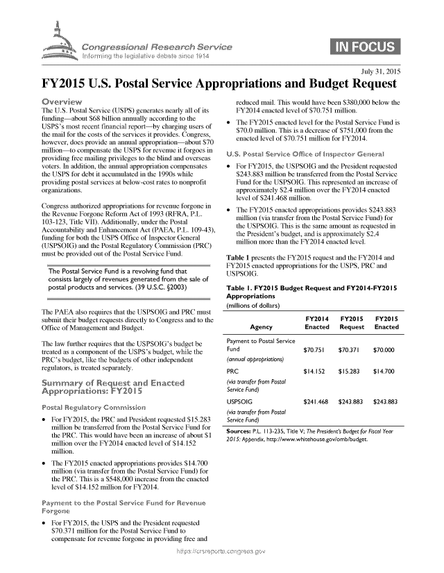 handle is hein.crs/govccwx0001 and id is 1 raw text is: 




01;0i E~$~                                 &


                                                                                                 July 31, 2015

FY2015 U.S. Postal Service Appropriations and Budget Request


o'wie
The U.S. Postal Service (USPS) generates nearly all of its
funding-about $68 billion annually according to the
USPS's most recent financial report-by charging users of
the mail for the costs of the services it provides. Congress,
however, does provide an annual appropriation-about $70
million-to compensate the USPS for revenue it forgoes in
providing free mailing privileges to the blind and overseas
voters. In addition, the annual appropriation compensates
the USPS for debt it accumulated in the 1990s while
providing postal services at below-cost rates to nonprofit
organizations.

Congress authorized appropriations for revenue forgone in
the Revenue Forgone Reform Act of 1993 (RFRA, P.L.
103-123, Title VII). Additionally, under the Postal
Accountability and Enhancement Act (PAEA, P.L. 109-43),
funding for both the USPS Office of Inspector General
(USPSOIG) and the Postal Regulatory Commission (PRC)
must be provided out of the Postal Service Fund.

  The Postal Service Fund is a revolving fund that
  consists largely of revenues generated from the sale of
  postal products and services. (39 U.S.C. §2003)


The PAEA also requires that the USPSOIG and PRC must
submit their budget requests directly to Congress and to the
Office of Management and Budget.

The law further requires that the USPSOIG's budget be
treated as a component of the USPS's budget, while the
PRC's budget, like the budgets of other independent
regulators, is treated separately.






* For FY2015, the PRC and President requested $15.283
   million be transferred from the Postal Service Fund for
   the PRC. This would have been an increase of about $1
   million over the FY2014 enacted level of $14.152
   million.
* The FY2015 enacted appropriations provides $14.700
   million (via transfer from the Postal Service Fund) for
   the PRC. This is a $548,000 increase from the enacted
   level of $14.152 million for FY2014.



* For FY2015, the USPS and the President requested
   $70.371 million for the Postal Service Fund to
   compensate for revenue forgone in providing free and


   reduced mail. This would have been $380,000 below the
   FY2014 enacted level of $70.751 million.
   The FY2015 enacted level for the Postal Service Fund is
   $70.0 million. This is a decrease of $751,000 from the
   enacted level of $70.751 million for FY2014.


* For FY2015, the USPSOIG and the President requested
   $243.883 million be transferred from the Postal Service
   Fund for the USPSOIG. This represented an increase of
   approximately $2.4 million over the FY2014 enacted
   level of $241.468 million.
* The FY2015 enacted appropriations provides $243.883
   million (via transfer from the Postal Service Fund) for
   the USPSOIG. This is the same amount as requested in
   the President's budget, and is approximately $2.4
   million more than the FY2014 enacted level.

Table 1 presents the FY2015 request and the FY2014 and
FY2015 enacted appropriations for the USPS, PRC and
USPSOIG.

Table I. FY201 5 Budget Request and FY2014-FY201 5
Appropriations
(millions of dollars)

                        FY2014     FY2015    FY2015
       Agency           Enacted    Request   Enacted

Payment to Postal Service
Fund                    $70.751   $70.371    $70.000
(annual appropriations)
PRC                     $14.152   $15.283    $14.700
(via transfer from Postal
Service Fund)
USPSOIG                 $241.468  $243.883   $243.883
(via transfer from Postal
Service Fund)
Sources: P.L. I 13-235, Title V; The President's Budget for Fiscal Year
2015: Appendix, http://www.whitehouse.gov/omb/budget.


.O 'T


        p\w gnom ggmm
mppm qq\
a             , q
'S             I
11LULANJILiN,


