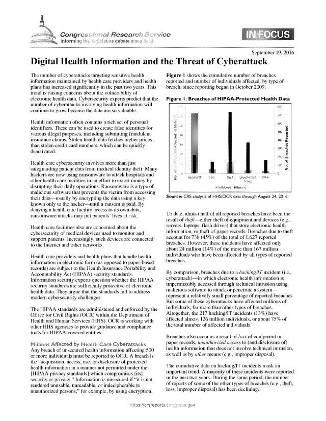 handle is hein.crs/govcevr0001 and id is 1 raw text is: 




01;0i E~$~                                   &


                                                                                               September 19, 2016

Digital Health Information and the Threat of Cyberattack


The number of cyberattacks targeting sensitive health
information maintained by health care providers and health
plans has increased significantly in the past two years. This
trend is raising concerns about the vulnerability of
electronic health data. Cybersecurity experts predict that the
number of cyberattacks involving health information will
continue to grow because the data are so valuable.

Health information often contains a rich set of personal
identifiers. These can be used to create false identities for
various illegal purposes, including submitting fraudulent
insurance claims. Stolen health data fetches higher prices
than stolen credit card numbers, which can be quickly
deactivated.

Health care cybersecurity involves more than just
safeguarding patient data from medical identity theft. Many
hackers are now using ransomware to attack hospitals and
other health care facilities in an effort to extort money by
disrupting their daily operations. Ransomware is a type of
malicious software that prevents the victim from accessing
their data-usually by encrypting the data using a key
known only to the hacker-until a ransom is paid. By
denying a health care facility access to its own data,
ransomware attacks may put patients' lives at risk.

Health care facilities also are concerned about the
cybersecurity of medical devices used to monitor and
support patients. Increasingly, such devices are connected
to the Internet and other networks.

Health care providers and health plans that handle health
information in electronic form (as opposed to paper-based
records) are subject to the Health Insurance Portability and
Accountability Act (HIPAA) security standards.
Information security experts question whether the HIPAA
security standards are sufficiently protective of electronic
health data. They argue that the standards fail to address
modern cybersecurity challenges.

The HIPAA standards are administered and enforced by the
Office for Civil Rights (OCR) within the Department of
Health and Human Services (HHS). OCR is working with
other HHS agencies to provide guidance and compliance
tools for HIPAA-covered entities.

     ~ At~ect~o'by Hk:Ith Car'' -er.        ac~
Any breach of unsecured health information affecting 500
or more individuals must be reported to OCR. A breach is
the acquisition, access, use, or disclosure of protected
health information in a manner not permitted under the
[HIPAA privacy standards] which compromises [its]
security or privacy. Information is unsecured if it is not
rendered unusable, unreadable, or indecipherable to
unauthorized persons, for example, by using encryption.


Figure 1 shows the cumulative number of breaches
reported and number of individuals affected, by type of
breach, since reporting began in October 2009.

Figure I. Breaches of HIPAA-Protected Health Data
















Source: CRS analysis of HHS/OCR data through August 24, 2016.


To date, almost half of all reported breaches have been the
result of theft-either theft of equipment and devices (e.g.,
servers, laptops, flash drives) that store electronic health
information, or theft of paper records. Breaches due to theft
account for 738 (45%) of the total of 1,627 reported
breaches. However, these incidents have affected only
about 24 million (14%) of the more than 167 million
individuals who have been affected by all types of reported
breaches.

By comparison, breaches due to a hacking/IT incident (i.e.,
cyberattack)-in which electronic health information is
impermissibly accessed through technical intrusion using
malicious software to attack or penetrate a system-
represent a relatively small percentage of reported breaches.
But some of these cyberattacks have affected millions of
individuals, far more than other types of breaches.
Altogether, the 217 hacking/IT incidents (13 %) have
affected almost 126 million individuals, or about 75% of
the total number of affected individuals.

Breaches also occur as a result of loss of equipment or
paper records, unauthorized access to (and disclosure of)
health information that does not involve technical intrusion,
as well as by other means (e.g., improper disposal).

The cumulative data on hacking/IT incidents mask an
important trend. A majority of these incidents were reported
in the past two years. During the same period, the number
of reports of some of the other types of breaches (e.g., theft,
loss, improper disposal) has been declining.


.O 'T


         p\w -- , gn'a', goo
mppm qq\
a              , q
's              I
11LULANJILiN,


