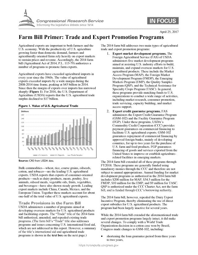 handle is hein.crs/govcfvv0001 and id is 1 raw text is: 




FF.ri E.$~                                &


                                                                                                   April 25, 2017

Farm Bill Primer: Trade and Export Promotion Programs


Agricultural exports are important to both farmers and the
U.S. economy. With the productivity of U.S. agriculture
growing faster than domestic demand, farmers and
agriculturally oriented firms rely heavily on export markets
to sustain prices and revenue. Accordingly, the 2014 farm
bill (Agricultural Act of 2014, P.L. 113-79) authorizes a
number of programs to promote farm exports.

Agricultural exports have exceeded agricultural imports in
every year since the 1960s. The value of agricultural
exports exceeded imports by a wide margin during the
2008-2014 time frame, peaking at $43 billion in 2014.
Since then the margin of exports over imports has narrowed
sharply (Figure 1). For 2016, the U.S. Department of
Agriculture (USDA) reports that the U.S. agricultural trade
surplus declined to $17 billion.

Figure I. Value of U.S. Agricultural Trade
  $bhilions

  140

  12Q







          \\ NE S  . mp t  U  Expo--t- --Tnc  Sur---s

Source: CRS from USDA data.

Bulk commodities-wheat, rice, coarse grains, oilseeds,
cotton, and tobacco-are the leading U.S. agricultural
exports. USDA reports that exports of consumer-oriented
products-such as dairy products, meats, poultry, live
animals, oilseed meals, vegetable oils, fruits, vegetables,
and beverages-have also shown steady growth. Leading
export markets include China, Canada, Mexico, and the
European Union. Together these markets account for about
one-half of the total value of U.S. agricultural exports.
Trade                  krvsin n thm Rka,-m B§Ill
USDA administers a number of programs aimed at
developing overseas markets for U.S. agricultural products
and facilitating exports. The Trade title of the 2014 farm
bill authorized, amended, and repealed existing trade
programs. (The farm bill's Trade title also addresses
programs and issues concerning U.S. international food aid,
which are not addressed in this report. However, a summary
of the title's international aid and agricultural trade
programs is shown in the text box on the next page.)


The 2014 farm bill addresses two main types of agricultural
trade and export promotion programs:
    1. Export market development programs. The
        Foreign Agricultural Service (FAS) of USDA
        administers five market development programs
        aimed at assisting U.S. industry efforts to build,
        maintain, and expand overseas markets for U.S.
        agricultural products. These include the Market
        Access Program (MAP), the Foreign Market
        Development Program (FMDP), the Emerging
        Markets Program (EMP), the Quality Samples
        Program (QSP), and the Technical Assistance for
        Specialty Crops Program (TASC). In general,
        these programs provide matching funds to U.S.
        organizations to conduct a wide range of activities,
        including market research, consumer promotion,
        trade servicing, capacity building, and market
        access support.
    2. Export credit guarantee programs. FAS
        administers the Export Credit Guarantee Program
        (GSM-102) and the Facility Guarantee Program
        (FGP). Under these programs, USDA's
        Commodity Credit Corporation (CCC) provides
        payment guarantees on commercial financing to
        facilitate U.S. agricultural exports. GSM- 102
        guarantees repayment of commercial financing by
        approved foreign banks, mainly of developing
        countries, for up to two years for the purchase of
        U.S. farm and food products. FGP guarantees
        financing of goods and services exported from the
        United States to improve or establish agriculture-
        related facilities in emerging markets.
The 2014 farm bill extended all of these programs through
FY2018. These programs are generally funded using
mandatory monies through the CCC and therefore are not
subject to annual appropriations. Annual funding for market
development programs as authorized in the 2014 farm bill
includes $200 million for MAP, $34.5 million for the
FMDP, $10 million for the EMP, and $9 million for TASC.
QSP is authorized under the CCC Charter Act, not the farm
bill, and is funded through CCC's borrowing authority.

The 2014 farm bill, however, repealed the Dairy Export
Incentive Program, thereby eliminating the use of direct
export subsidies for U.S. agricultural products. The
program had been largely inactive for several years.

While the 2014 farm bill extended the aforementioned trade
and export promotion programs largely intact, it did make
several changes. To comply with a World Trade
Organization decision in a cotton case won by Brazil,
Congress made changes to GSM- 102, including:

*   shortening the loan guarantee period from three years
    to two years,


}i{{:('3 ;//c ,%, ). g?(. !L 


gognpq ' -p\qm    ggmm
g
              , q
'S
a  X
I&RULKWALiN,


