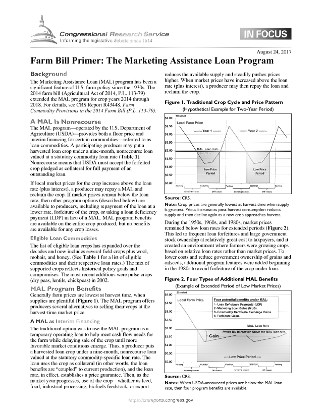handle is hein.crs/govcfzz0001 and id is 1 raw text is: 




0 .;0                      .. , S r.


                                                                                                 August 24, 2017

Farm Bill Primer: The Marketing Assistance Loan Program


The Marketing Assistance Loan (MAL) program has been a
significant feature of U.S. farm policy since the 1930s. The
2014 farm bill (Agricultural Act of 2014, P.L. 113-79)
extended the MAL program for crop years 2014 through
2018. For details, see CRS Report R43448, Farm
Commodity Provisions in the 2014 Farm Bill (P.L. 113-79).

A  MAL N,,s N    ne,-or
The MAL program-operated by the U.S. Department of
Agriculture (USDA)-provides both a floor price and
interim financing for certain commodities-referred to as
loan commodities. A participating producer may put a
harvested loan crop under a nine-month, nonrecourse loan
valued at a statutory commodity loan rate (Table 1).
Nonrecourse means that USDA must accept the forfeited
crop pledged as collateral for full payment of an
outstanding loan.
If local market prices for the crop increase above the loan
rate (plus interest), a producer may repay a MAL and
reclaim the crop. If market prices remain below the loan
rate, then other program options (described below) are
available to producers, including repayment of the loan at a
lower rate, forfeiture of the crop, or taking a loan deficiency
payment (LDP) in lieu of a MAL. MAL program benefits
are available on the entire crop produced, but no benefits
are available for any crop losses.


The list of eligible loan crops has expanded over the
decades and now includes several field crops plus wool,
mohair, and honey. (See Table 1 for a list of eligible
commodities and their respective loan rates.) The mix of
supported crops reflects historical policy goals and
compromises. The most recent additions were pulse crops
(dry peas, lentils, chickpeas) in 2002.
MAL       ogra,,m     enefs
Generally farm prices are lowest at harvest time, when
supplies are plentiful (Figure 1). The MAL program offers
producers several alternatives to selling their crops at the
harvest-time market price.
A MAL a &     tin a ncingW
The traditional option was to use the MAL program as a
temporary operating loan to help meet cash flow needs for
the farm while delaying sale of the crop until more
favorable market conditions emerge. Thus, a producer puts
a harvested loan crop under a nine-month, nonrecourse loan
valued at the statutory commodity-specific loan rate. The
loan uses the crop as collateral (in other words, the loan
benefits are coupled to current production), and the loan
rate, in effect, establishes a price guarantee. Then, as the
market year progresses, use of the crop-whether as feed,
food, industrial processing, biofuels feedstock, or export-


reduces the available supply and steadily pushes prices
higher. When market prices have increased above the loan
rate (plus interest), a producer may then repay the loan and
reclaim the crop.

Figure I. Traditional Crop Cycle and Price Pattern
        (Hypothetical Example for Two-Year Period)

   Lci \ Zm p\ i.\
                Year          \ ei


            ..                      . . .. . .. .
  $suo               \              /

$...O                                           .......


$1.50.......                                ..
     LS0 -: ....~~ ~~................ . . .................. .''i , i ...... .......

$0.00


Source: CRS.
Note: Crop prices are generally lowest at harvest time when supply
is greatest. Prices increase as post-harvest consumption reduces
supply and then decline again as a new crop approaches harvest.
During the 1950s, 1960s, and 1980s, market prices
remained below loan rates for extended periods (Figure 2).
This led to frequent loan forfeitures and large government
stock ownership at relatively great cost to taxpayers, and it
created an environment where farmers were growing crops
based on relative loan rates rather than market prices. To
lower costs and reduce government ownership of grains and
oilseeds, additional program features were added beginning
in the 1980s to avoid forfeiture of the crop under loan.

Figure 2. Four Types of Additional MAL Benefits
     (Example of Extended Period of Low Market Prices)

     L*,ac Fam Price Pour n.otentia benefits under MAL;
                     1-Losn Dpeiency Paymnnls 4LDP)
     $3.002-Markein Loon Gains jMLG)
                     -3- Comnmodity CtrtificaRto Echaogs *Sins%
                     4- Forfeiture Gains


                                      ...       .. .. ....
    )) ,0 E . ... ... ... ... ................. . . . . . ............................... )r s (... ... ...
$2.00



    *.0                     Li $k ~nt
           .                            . . . . . . . . . . . . . . . . . . . . . . . . . . . . . .


Source: CRS.
Notes: When USDA-announced prices are below the MAL loan
rate, then four program benefits are available.


.O 'T


gogn, q \pop\\m -,\\mw-m ggmm
g
              , q
a
S
' X


