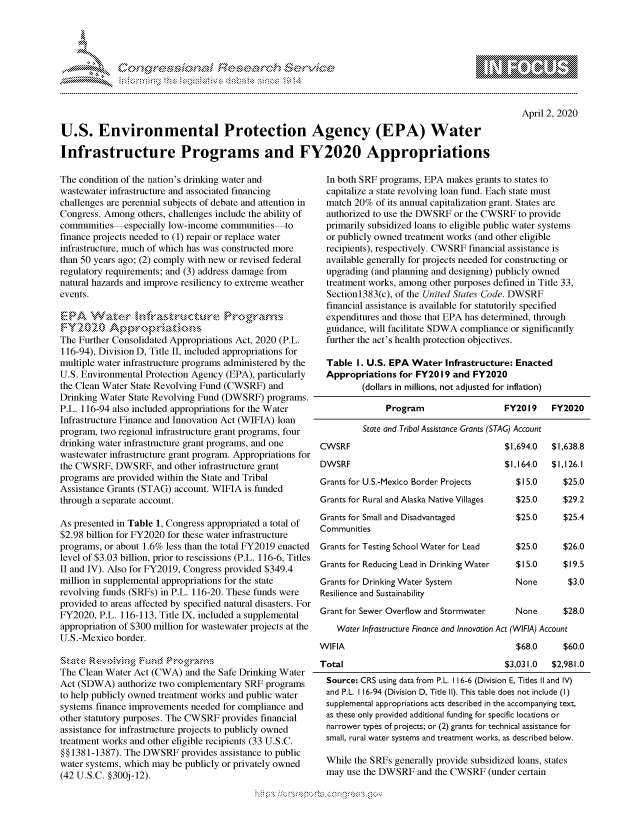handle is hein.crs/govcpzy0001 and id is 1 raw text is: 




01;                           F ie sea.rch &


April 2, 2020


U.S. Environmental Protection Agency (EPA) Water

Infrastructure Programs and FY2020 Appropriations


The condition of the nation's drinking water and
wastewater infrastructure and associated financing
challenges are perennial subjects of debate and attention in
Congress. Among others, challenges include the ability of
communities especially low-income communities-to
finance projects needed to (1) repair or replace water
infrastructure, much of which has was constructed more
than 50 years ago; (2) comply with new or revised federal
regulatory requirements; and (3) address damage from
natural hazards and improve resiliency to extreme weather
events.



The Further Consolidated Appropriations Act, 2020 (P.L.
116-94), Division D, Title II, included appropriations for
multiple water infrastructure programs administered by the
U.S. Environmental Protection Agency (EPA), particularly
the Clean Water State Revolving Fund (CWSRF) and
Drinking Water State Revolving Fund (DWSRF) programs.
P.L. 116-94 also included appropriations for the Water
Infrastructure Finance and Innovation Act (WIFIA) loan
program, two regional infrastructure grant programs, four
drinking water infrastructure grant programs, and one
wastewater infrastructure grant program. Appropriations for
the CWSRF, DWSRF, and other infrastructure grant
programs are provided within the State and Tribal
Assistance Grants (STAG) account. WIFIA is funded
through a separate account.

As presented in Table 1, Congress appropriated a total of
$2.98 billion for FY2020 for these water infrastructure
programs, or about 1.6% less than the total FY2019 enacted
level of $3.03 billion, prior to rescissions (P.L. 116-6, Titles
II and IV). Also for FY2019, Congress provided $349.4
million in supplemental appropriations for the state
revolving funds (SRFs) in P.L. 116-20. These funds were
provided to areas affected by specified natural disasters. For
FY2020, P.L. 116-113, Title IX, included a supplemental
appropriation of $300 million for wastewater projects at the
U.S.-Mexico border.


The Clean Water Act (CWA) and the Safe Drinking Water
Act (SDWA) authorize two complementary SRF programs
to help publicly owned treatment works and public water
systems finance improvements needed for compliance and
other statutory purposes. The CWSRF provides financial
assistance for infrastructure projects to publicly owned
treatment works and other eligible recipients (33 U.S.C.
§§1381-1387). The DWSRF provides assistance to public
water systems, which may be publicly or privately owned
(42 U.S.C. §300j-12).


In both SRF programs, EPA makes grants to states to
capitalize a state revolving loan fund. Each state must
match 20% of its annual capitalization grant. States are
authorized to use the DWSRF or the CWSRF to provide
primarily subsidized loans to eligible public water systems
or publicly owned treatment works (and other eligible
recipients), respectively. CWSRF financial assistance is
available generally for projects needed for constructing or
upgrading (and planning and designing) publicly owned
treatment works, among other purposes defined in Title 33,
Sectionl383(c), of the United States Code. DWSRF
financial assistance is available for statutorily specified
expenditures and those that EPA has determined, through
guidance, will facilitate SDWA compliance or significantly
further the act's health protection objectives.

Table I. U.S. EPA Water Infrastructure: Enacted
Appropriations for FY2019 and FY2020
        (dollars in millions, not adjusted for inflation)

             Program                   FY2019    FY2020


CWSRF
DWSRF


State and Tribal Assistance Grants (STAG) Account
                               $1,694.0  $1,638.8
                               $1,164.0  $1,126.1


Grants for U.S.-Mexico Border Projects
Grants for Rural and Alaska Native Villages
Grants for Small and Disadvantaged
Communities
Grants for Testing School Water for Lead
Grants for Reducing Lead in Drinking Water
Grants for Drinking Water System
Resilience and Sustainability
Grant for Sewer Overflow and Stormwater


$15.0     $25.0
$25.0     $29.2
$25.0     $25.4


$25.0     $26.0
$15.0     $19.5
None       $3.0


None      $28.0


Water Infrastructure Finance and Innovation Act (WIFIA) Account


WIFIA
Total


  $68.0      $60.0
$3,031.0  $2,981.0


Source: CRS using data from P.L. 1 16-6 (Division E, Titles II and IV)
and P.L. 116-94 (Division D, Title II). This table does not include (I)
supplemental appropriations acts described in the accompanying text,
as these only provided additional funding for specific locations or
narrower types of projects; or (2) grants for technical assistance for
small, rural water systems and treatment works, as described below.

While the SRFs generally provide subsidized loans, states
may use the DWSRF and the CWSRF (under certain


gognpo               goo
               , q
 g
'S
a  X


