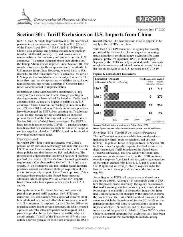 handle is hein.crs/govdayj0001 and id is 1 raw text is: 




01;0i E.$~                                   &


                                                                                              Updated July 17, 2020

Section 301: Tariff Exclusions on U.S. Imports from China


In 2018, the U.S. Trade Representative (USTR) determined,
pursuant to an investigation under Section 301 (Title III
of the Trade Act of 1974, 19 U.S.C. §§2411-2420), that
China's acts, policies, and practices related to technology
transfer, intellectual property (IP), and innovation are
unreasonable or discriminatory and burden or restrict U.S.
commerce. To counter them and obtain their elimination,
the Trump Administration imposed, under Section 301, four
rounds of increased tariffs on approximately two-thirds of
U.S. imports from China. However, to avoid harm to U.S.
interests, the USTR instituted tariff exclusions for certain
U.S. imports that would otherwise be subject to tariffs. This
is the first time that the agency has established an exclusion
request process, and several Members of Congress have
raised concerns about its implementation.
In particular, some Members have questioned USTR's
ability to pick winners and losers through granting or
denying requests or have pushed for broad tariff relief amid
concerns about the negative impact of tariffs on the U.S.
economy. Others, however, not wanting to undermine the
use of Section 301 to address China's unfair trade practices,
have discouraged the USTR from granting tariff exclusions
at all. To date, the agency has established an exclusion
process for each of the four stages of tariff increases under
Section 301 all of which have now closed. The USTR's
latest action in response to the COVID-19 pandemic seems
to indicate that new exclusions might be limited in scope to
medical supplies related to COVID-19, and not be aimed at
providing broader tariff relief.

In August 2017, long-standing concerns over China's
policies on IP, subsidies, technology, and innovation led the
USTR to launch an investigation  under Section 301  into
those policies and their impact on U.S. stakeholders. The
investigation concluded that four broad policies or practices
justified U.S. action: (1) China's forced technology transfer
requirements, (2) cyber-enabled theft of U.S. IP and trade
secrets, (3) discriminatory and non-market-based licensing
practices, and (4) state-funded strategic acquisition of U.S.
assets. Subsequently, as part of its efforts to pressure China
to change these practices, the United States imposed
additional tariffs, of up to 25%, on certain U.S. imports
from China under four separate actions (per Lists 1, 2, 3,
and 4).
During the Section 301 notice, hearing, and comment
period on proposed tariff increases, the USTR heard
numerous U.S. stakeholders who expressed concerns about
how additional tariffs could affect their businesses, as well
as U.S. consumers. In response, for each Section 301 action
regarding a new list of covered products, the USTR created
a process whereby interested parties could request that a
particular product be excluded from the tariffs, subject to
certain criteria. Title III of the Trade Act of 1974 does not
outline a formal process for exclusions or require the USTR


to establish one. The determination to do so appears to be
solely at the USTR's discretion.
With the COVID-19 pandemic, the agency has recently
prioritized the review of exclusion requests concerning
medical products, resulting in new exclusions for some
personal protective equipment (PPE) in short supply.
Separately, the USTR recently requested public comments
on whether to remove additional products covered by any
list that are relevant to the U.S. response to COVID-19.

Figure I. Section 301 Exclusions


Exclusion Requests
:\ Gran.ted \S Denied :::Pending

List I 1


List 2

List 3

List 4


Exclusions Granted
      HT$U$   Spcic

      17      714

        0     270


        42    950


        18    124


              8000      16000   24000    32000

Source: CRS with information from the Office of the USTR.
Note: Figures may not reflect amendments to product specific exclusions.
se.<-k-t.. 3         . T .rff Exk. .... Nrwk-,-
The tariff exclusion process enabled interested parties
including law firms, trade associations, and customs
brokers to petition for an exemption from the Section 301
tariff increases for specific imports classified within a 10-
digit Harmonized Tariff Schedule of the United States
(HTSUS) subheading. The time window to submit new
exclusion requests is now closed, but the USTR continues
to review requests from List 4 and is considering extensions
of exclusions granted from Lists 1, 2, 3, and 4. While the
USTR approved, on average, 36% of requests under the
first two actions, the approval rate under the third action
was 5%.
According to the USTR, all requests are evaluated on a
case-by-case basis. Although it is not entirely clear to CRS
how the process works internally, the agency has indicated
that, in determining which requests to grant, it considers the
following: (1) availability of the product in question from
non-Chinese sources, (2) attempts by the importer to source
the product from the United States or third countries, (3) the
extent to which the imposition of Section 301 tariffs on the
particular product will cause severe economic harm to the
importer or other U.S. interests, and (4) the strategic
importance of the product to Made in China 2025 or other
Chinese industrial programs. Past exclusions also have been
granted for reasons that are thought to include, among


         p\w -- , gn'a', goo
mppm qq\
a              , q
'S              I
11LIANJILiN,


