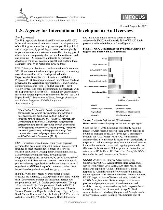 handle is hein.crs/govdbdy0001 and id is 1 raw text is: 





FF.ri E.$~                                 &


                                                                                           Updated August 14, 2020

U.S. Agency for International Development: An Overview


The U.S. Agency for International Development (USAID)
is the lead international humanitarian and development arm
of the U.S. government. Its programs support U.S. political
and strategic aims by providing assistance to strategically
important countries and countries in conflict; leading global
efforts to alleviate poverty, disease, and humanitarian need;
and assisting U.S. commercial interests by furthering
developing countries' economic growth and building these
countries' capacity to participate in world trade.
USAID is responsible for the implementation of more than
$20 billion in combined annual appropriations, representing
more than one-third of the funds provided in the
Department of State, Foreign Operations, and Related
Programs (SFOPS) appropriation and international food aid
provided in the Agriculture appropriation. USAID's annual
appropriations come from 12 budget accounts most
solely owned and some programmed collaboratively with
the Department of State (State) making any calculation of
its current budget imprecise. (For more on SFOPS, see CRS
Report R46367, Department of State, Foreign Operations,
and Related Programs: FY2021 Budget and
Appropriations.)

  On behalf of the American people, we promote and
  demonstrate democratic values abroad, and advance a
  free, peaceful, and prosperous world. In support of
  America's foreign policy, the U.S. Agency for International
  Development leads the U.S. Government's international
  development and disaster assistance through partnerships
  and investments that save lives, reduce poverty, strengthen
  democratic governance, and help people emerge from
  humanitarian crises and progress beyond assistance.
  - USAID Mission Statement (2019)

USAID maintains more than 60 country and regional
missions that design and manage a range of projects, most
intended to meet specific development objectives as
outlined in a Country Development Cooperation Strategy.
Most projects are implemented, through a grant,
cooperative agreement, or contract, by one of thousands of
foreign and U.S. development partners such as nonprofit
private voluntary organizations and other nongovernmental
organizations (NGOs), for-profit contractors, universities,
international organizations, and foreign governments.
In FY2019, the most recent year for which detailed
estimates are available, USAID provided assistance to more
than 120 countries. Foreign aid allocations reflect both
recipient needs and U.S. foreign policy priorities. The top
10 recipients of USAID-implemented funds in FY2019
were, in order of funding, Jordan, Afghanistan, Ethiopia,
Yemen, Democratic Republic of the Congo, Nigeria, Syria,
South Sudan, Kenya, and Iraq. Reflecting USAID's poverty
reduction mandate, 72 of the 79 World Bank-determined


low- and lower-middle-income countries received
assistance in FY2019, with nearly 39% of USAID funds
programmed in sub-Saharan Africa (Figure 1).

Figure I. USAID-Implemented Program Funding, by
Region and Sector: FY2019 Estimate


Source: Foreign Aid Explorer and CRS calculations.
Notes: World accounts for programs that span multiple regions.
Since the early 1990s, health has consistently been the
largest USAID sector, bolstered since 2004 by billions of
dollars in transfers from State's President's Emergency
Program for AIDS Relief (PEPFAR). Humanitarian
assistance has also increased in recent years, particularly in
response to both the emergence of new natural and human-
induced humanitarian crises, and ongoing protracted crises.
(For more information on U.S. responses to humanitarian
crises, see CRS In Focus IF10568, Overview of the Global
Humanitarian and Displacement Crisis.)


Under former USAID Administrator Mark Green (who
served from August 2017-April 2020, after which John
Barsa was appointed Acting Administrator), and in
response to Administration directives aimed at making
federal agencies more efficient, effective, and accountable,
USAID began a series of internal reforms, branded as
USAID Transformation. Reforms target three areas
process and programs, organizational structure, and
workforce management and many build on past efforts,
including those of the Obama and George W. Bush
Administrations. Underlying the proposed Transformation
is the Journey to Self-Reliance, the ultimate goal of


          World

  Europe and Eurasia

East Asia and Oceania

Western Hemisphere


    South and Central Asia

Middle East and North Africa

       Sub-Saharan Africa


in billions of current U.S. $


Democracy & Governance :::: Economic Growth
Agriculture           N Environment & infrastructure


& Conflict & Security


Education


nHealth


\Humanitarian


gognpq               goo
g
               , q
's
a  X
11LULANJILiN,


