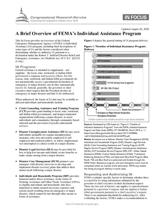 handle is hein.crs/govdblj0001 and id is 1 raw text is: 





FF.w~C~l  rES .rh$e


                                                                                           Updated  August 26, 2020

A   Brief Overview of FEMA's Individual Assistance Program


This In Focus provides an overview of the Federal
Emergency  Management   Agency's (FEMA's)   Individual
Assistance (IA) program, including brief descriptions of
some  types of IA and the factors considered when
determining whether to authorize IA pursuant to a
declaration under the Robert T. Stafford Disaster Relief and
Emergency  Assistance Act (Stafford Act; 42 U.S.C. §§5121
et seq.).

IA  Progrms
Federal assistance is intended to supplement-not
supplant-the  local, state, territorial, or Indian tribal
government's response and recovery efforts. For this
reason, state, territorial, and Indian tribal governments do
not automatically receive a presidential declaration of
emergency  or major disaster, nor do they automatically
receive IA. Instead, generally, the governor or chief
executive must request that the President declare an
emergency  or major disaster and that IA be authorized.

When  authorized, the forms of IA that may be available to
affected individuals and households include

*  Crisis Counseling Assistance and Training  Program
   (CCP)  provides grant funding to local, state, territorial,
   and Indian tribal governments, and nongovernmental
   organizations following a major disaster, to assist
   individuals and communities through community-based
   outreach and the provision of psycho-educational
   services.

*  Disaster Unemployment Assistance (DUA) may assist
   individuals ineligible for regular unemployment
   insurance who were previously employed or self-
   employed  and rendered jobless, or whose employment
   was interrupted as a direct result of a major disaster.

*  Disaster Legal Services (DLS) may  be provided for
   free to help low-income individuals secure benefits or
   make  claims arising from a major disaster.

*  Disaster Case Management (DCM) partners case
   managers  with disaster survivors to develop and
   implement  disaster recovery plans that address their
   unmet  needs following a major disaster.

*  Individuals and Households  Program   (IHP) provides
   financial and/or direct assistance, in the forms of
   Housing  Assistance and Other Needs Assistance (ONA),
   to eligible individuals and households who have
   uninsured or under-insured necessary expenses and
   serious needs resulting from an emergency or major
   disaster, which cannot be met through other means or
   forms of assistance.


Figure 1 depicts the general timing of IA program delivery.

Figure  I. Timeline of Individual Assistance Program
Delivery



















   Iniiuaitance   \Proras(y from FEA Iiviualsisac
         Program~ adPlcGud(IPGF10-0-3Mrh20 p.        01I
               N N

                         W,)






                t     L   .      Months from ded~artion*-J
           LEmergency or Major Disaster Dediration
           Emergency Declaration


Source: Developed by CR5 based on Figure 2: Timeline of
Individual Assistance Programs from the FEMA, Individual Assistance
Program and Policy Guide (IAPPG), FP 104-009-03, March 2Q19, p. I I,
https://www.fema.gov/media-library-datal 551713430046-
I abf I 2182d2d5e622d I 6accb37c4d I 63/IAPPG.pdf.
Notes: Acronyms are as follows: Disaster Case Management (DCM);
Individuals and Households Program (IHP); Disaster Legal Services
(DLS); Crisis Counseling Assistance and Training Program (CCP)
Regular Service Program (RSP); Disaster Unemployment Assistance
(DUA); CCP Immediate Service Program (ISP); IHP-Other Needs
Assistance (ONA): Critical Needs Assistance (CNA); Transitional
Sheltering Assistance (TSA); and Operation Blue Roof Program (Blue
Roof). TSA and Blue Roof are authorized and funded through the
FEMA  Public Assistance program, and such emergency work must be
completed within six months of the declaration. FEMA may extend
the timing of program delivery in some cases.

Requesting and A          toiigI
FEMA   evaluates specific factors to determine whether there
is a need for IA using information submitted by the
governor or chief executive in their declaration request.
There are two sets of factors: one applies to states/territories
pursuant to a governor's request, and one applies to Indian
tribal governments pursuant to a chief executive's request.
There is no minimum  threshold for authorizing IA. After
evaluating the factors, FEMA makes a recommendation to


         p\w  -- , gnom goo
mppm qq\
a              , q
'S              I
11LIANJILiN,


