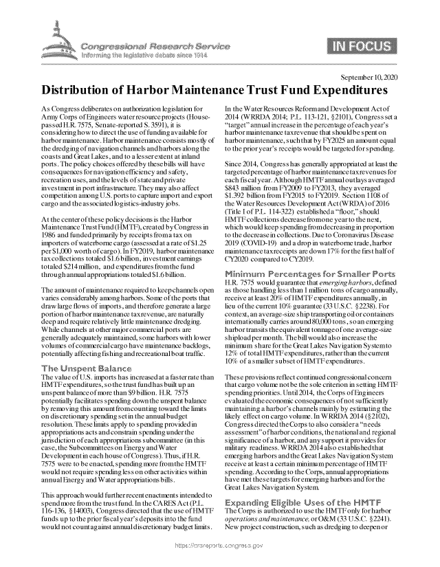 handle is hein.crs/govdbrc0001 and id is 1 raw text is: 








                                                                                           September 10, 2020

Distribution of Harbor Maintenance Trust Fund Expenditures


As Congress deliberates on authorization legislation for
Army Corps of Engineers water resource projects (House-
passed H.R. 7575, Senate-reported S. 3591), it is
considering how to direct the use of funding available for
harbor maintenance. Harbor maintenance consists mo s tly of
the dredging of navigation channels andharbors along the
coasts and Great Lakes, and to ales ser extent at inland
ports. The policy choices offeredby thesebills will have
consequences for navigation efficiency and safety,
recreation uses, and the levels ofstateandprivate
investment in port infrastructure. They may also affect
competition among U.S. ports to capture import and export
cargo and the as sociated logistics-industry jobs.

At the center of these policy decisions is the Harbor
Maintenance Tru stFund (HMTF), created byCongress in
1986 and funded primarily by receipts froma tax on
importers of waterborne cargo (assessed at a rate of $1.25
per $1,000 worth of cargo). In FY2019, harbor maintenance
taxcollections totaled $1.6 billion, investment earnings
totaled $214 million, and expenditures fromthe fund
through annual appropriations totaled $1.6 billion.

The amount of maintenance required to keep channels open
varies considerably among harbors. Some of the ports that
draw large flows of imports, and therefore generate a large
portion of harbor maintenance taxrevenue, are naturally
deep and require relatively little maintenance dredging.
While channels at other major commercial ports are
generally adequately maintained, some harbors with lower
volumes ofcommercialcargo have maintenance backlogs,
potentially affecting fishing and recreationalboat traffic.

   The Unmpet BSaarck
The value of U.S. imports has increased at a fasterrate than
HMTF expenditures, so the trust fundhas built up an
unspent balanceofmore than $9 billion. H.Rt 7575
potentially facilitates spending down the unspent balance
by removing this amount fromcounting toward the limits
on discretionary spending setin the annualbudget
resolution. These limits apply to spending providedin
appropriations acts and constrain spending under the
jurisdiction of each appropriations subcommittee (in this
case, the Subcommittees on Energy andWater
Development in each house of Congress). Thus, if H.R.
7575 were to be enacted, spending more fromthe HMTF
would not require spending les s on other activities within
annual Energy and Water appropriations bills.

This approach would further recent enactments intended to
spendmore from the tru stfund. In the CARES Act (P.L.
116-136, § 14003), Congress directed that the use of HMTF
funds up to the prior fis calyear's deposits into the fund
would not count against annual discretionary budget limits.


In the Water Resources Reformand Development Actof
2014 (WRRDA 2014; P.L. 113-121, §2101), Congress set a
target annual increase in the percentage ofeach year's
harbor maintenance taxrevenue that shouldbe spent on
harbor maintenance, such that by FY2025 an amount equal
to the prior year's receipts would be targeted for spending.

Since 2014, Congress has generally appropriated at least the
targeted percentage of harbor maintenance taxrevenues for
each fiscal year. Although HMTF annual outlays averaged
$843 million from FY2009 to FY2013, they averaged
$1.392 billion from FY2015 to FY2019. Section 1108 of
the Water Resources Development Act (WRDA) of 2016
(Title I of P.L. 114-322) establisheda floor, should
HMTF collections decreasefromone year to the next,
which would keep spending fromdecreasing in proportion
to the decreasein collections. Due to Coronavirus Disease
2019 (COVID-19) and a drop in waterborne trade, harbor
maintenance taxreceipts are down 17% for the firs t half of
CY2020 compared to CY2019.
i       ,,,                    , ,    ,
H.R. 7575 would guarantee that emerging harbors, defined
as those handling less than 1 million tons of cargo annually,
receive at least 20% of HMTF expenditures annually, in
lieu of the current 10% guarantee (33 U.S.C. §2238). For
context, an average-size ship transporting oil or containers
internationally carries around 80,000 tons, s o an emerging
harbor transits the equivalent tonnage ofone average-size
shipload per month. Thebill would also increase the
minimum share for the Great Lakes Navigation Systemto
12% of total HMTF expenditures, rather than the current
10% of asmaller subset of HMTF expenditures.

These provisions reflect continued congressional concern
that cargo volume notbe the sole criterion in setting HMTF
spending priorities. Until 2014, the Corps of Engineers
evaluated the economic consequences of not sufficiently
maintaining a harbor's channels mainly by estimating the
likely effect on cargo volume. In WRRDA 2014 (§2102),
Congress directedthe Corps to also considera needs
ass essmento fharbor conditions, thenational and regional
significance of a harbor, and any support it provides for
military readiness. WRRDA 2014 also establishedthat
emerging harbors and the Great Lakes Navigation System
receive at least a certain minimum percentage of HMTF
spending. According to the Corps, annual appropriations
have met thesetargets for emerging harbors and for the
Great Lakes Navigation System


The Corps is authorized to use the HMTF only for harbor
operations andmaintenance, orO&M (33 U.S.C. §2241).
New project construction, such as dredging to deepen or


A A '2


k


y\


