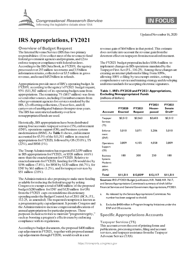 handle is hein.crs/govdcoe0001 and id is 1 raw text is: 










IRS Appropriations, FY2021


Updated November   16, 2020


The Internal Revenue Service (IRS) has two primary
responsibilities: (1) to collect most of the revenueto fund
federal government agencies andprograms, and (2) to
enforce taxpayer compliance with federal taxlaws.
According to the IRS Data Book, in FY2019, the agency
processed over 253 million taxreturns and 3.5 billion
information returns, collected over $3.5 trillion in gross
revenue, andis sued $452billion in refunds.

Appropriations provide most of IRS's operating budget. In
FY2019, according to the agency's FY2021 budget request,
93%  ($11,302 million) of its operating budgetcame from
appropriations. The remaining 7% ($817 million) was from
severalother sources, including (1) reimbursements from
other government agencies for services rendered by the
IRS, (2) offsetting collections, (3) user fees, and (4)
carryovers ofunoblig ated balances fromprevious years.
The IRS has unrestricted authority over how
nonappropriated funds are used.

Historically, IRS appropriations have been distributed
among  four accounts: taxpayer services (TS), enforcement
(ENF), operations support (OS), and business systems
modernization (BSM). As Table 1 shows, enforcement
accounted for 43.5% of the $11,511 million in enacted
appropriations for FY2020, followed by OS (33.0%), TS
(22%), and BSM  (1%).

The Trump  Administration has requested $12,039 million
in IRS appropriations for FY2021, or $528 million (4.6%)
more than the enacted amount for FY2020. Relative to
enacted amounts for FY2020, funding for OS would rise by
$196 million (7.8%), for BSM by $120 million (66.7%), for
ENF  by $61 million (1.2%), and for taxpayer services by
$51 million (2.0%).

The Administration is also proposing to make more funding
available for reducing the federal taxgap by asking
Congress to exempt a total of $400 million of the proposed
budget ($280 million for ENF and $120 million for OS)
from the FY2021 caps on nondefense discretionary
spending under the Budget Control Act of2011 (BCA; P.L.
112-25, as amended). The requested exemption is known as
a programintegrity cap adjustment. It permits Congress and
the Administration to increase congressional allocations of
annual appropriations for particular purposes. These
purposes include activities to maintain programintegrity,
such as boosting a program's effectiveness by enforcing
compliance with its regulations.

According to budget documents, the proposed $400 million
cap adjustment in FY2021, together with proposed annual
cap adjustments through FY2030, would result in a net


revenue gain of $64 billion in that period. This estimate
does not take into account the revenue gain fromthe
deterrent effect on taxpayers fromincreas ed enforcement.

The FY2021  budget proposalincludes $106.4 million to
implement changes in IRS operations mandated by the
Taxpayer First Act (P.L. 116-25). Among these changes aire
creating an internet platformfor filing Form 1099s,
allowing 100% e-filing by tax-exempt entities, setting a
comprehensive  service and training strategy and developing
uniforms tandards for accepting electronic signatures.

Table  I. IRS's FY2020 and FY202 I Appropriations,
Excluding Nonappropriated   Funds
(millions of dollars)

                                  FY2021     FY2021
             FY2020    FY2021     House-     Senate
  Account    Enacted   Request     passed     Drafta

  Taxpayer   $2,512     $2,563     $2,603     $2,512
  Services
  (TS)
  Enforce-    5,010      5,071     5,206      5,010
  ment
  (EN F)
  Operations  3,809     4,105      4,058      3,809
  Support
  (OS)
  Business     180       300        250        180
  Systems
  Moderni-
  zation
  (BSM)
  Total      $11,511   $12,039b   $12,117    $11,511
Sources: IRS's FY2021 Budget Justification, H.R.7668, H.R. 7617,
and Senate Appropriations Committee's summary of draft billfor
Financial Services and General Government Appropriations, FY2021.

a.  As released by the Senate Appropriations Committee. No
    number has been assigned to the bill.

b.  Excludes $400 million in Program Integrity Initiatives underthe
    ENFand  OS accounts.



Taxpayerx  Servi ces (TS)
This accountcovers the cost ofprinting forms and
publications, processing returns, filing and account
services, and taxpayer assistance fromthe Taxpayer
Advocate  Service (TAS).


