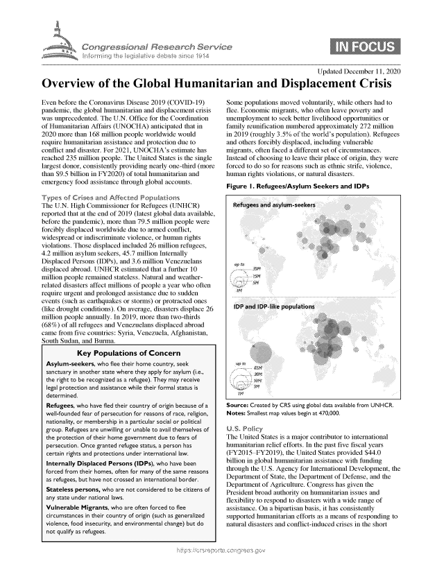 handle is hein.crs/govdcxo0001 and id is 1 raw text is: 




              *                           ~
~                     tiE>sct~rch $3c   ~
           ..................


                                                                                        Updated  December  11, 2020

Overview of the Global Humanitarian and Displacement Crisis


Even before the Coronavirus Disease 2019 (COVID-19)
pandemic, the global humanitarian and displacement crisis
was unprecedented. The U.N. Office for the Coordination
of Humanitarian Affairs (UNOCHA)   anticipated that in
2020 more  than 168 million people worldwide would
require humanitarian assistance and protection due to
conflict and disaster. For 2021, UNOCHA's estimate has
reached 235 million people. The United States is the single
largest donor, consistently providing nearly one-third (more
than $9.5 billion in FY2020) of total humanitarian and
emergency  food assistance through global accounts.

    Type of Crise aznd Aftectsed Popoai
The U.N. High  Commissioner  for Refugees (UNHCR)
reported that at the end of 2019 (latest global data available,
before the pandemic), more than 79.5 million people were
forcibly displaced worldwide due to armed conflict,
widespread or indiscriminate violence, or human rights
violations. Those displaced included 26 million refugees,
4.2 million asylum seekers, 45.7 million Internally
Displaced Persons (IDPs), and 3.6 million Venezuelans
displaced abroad. UNHCR   estimated that a further 10
million people remained stateless. Natural and weather-
related disasters affect millions of people a year who often
require urgent and prolonged assistance due to sudden
events (such as earthquakes or storms) or protracted ones
(like drought conditions). On average, disasters displace 26
million people annually. In 2019, more than two-thirds
(68%) of all refugees and Venezuelans displaced abroad
came  from five countries: Syria, Venezuela, Afghanistan,
South Sudan, and Burma.
            Key  Populations   of Concern
  Asylum-seekers, who flee their home country, seek
  sanctuary in another state where they apply for asylum (i.e.,
  the right to be recognized as a refugee). They may receive
  legal protection and assistance while their formal status is
  determined.
  Refugees, who have fled their country of origin because of a
  well-founded fear of persecution for reasons of race, religion,
  nationality, or membership in a particular social or political
  group. Refugees are unwilling or unable to avail themselves of
  the protection of their home government due to fears of
  persecution. Once granted refugee status, a person has
  certain rights and protections under international law.
  Internally Displaced Persons (IDPs), who have been
  forced from their homes, often for many of the same reasons
  as refugees, but have not crossed an international border.
  Stateless persons, who are not considered to be citizens of
  any state under national laws.
  Vulnerable Migrants, who are often forced to flee
  circumstances in their country of origin (such as generalized
  violence, food insecurity, and environmental change) but do
  not qualify as refugees.


Some  populations moved voluntarily, while others had to
flee. Economic migrants, who often leave poverty and
unemployment   to seek better livelihood opportunities or
family reunification numbered approximately 272 million
in 2019 (roughly 3.5% of the world's population). Refugees
and others forcibly displaced, including vulnerable
migrants, often faced a different set of circumstances.
Instead of choosing to leave their place of origin, they were
forced to do so for reasons such as ethnic strife, violence,
human  rights violations, or natural disasters.
Figure  I. Refugees/Asylum  Seekers  and IDPs

  Refugees and asylum-seekers

                            a       V











   IDP and IDP-like populations
                                l\  





      S  5$





 The Untd  Statie ispatjoiontrbtrtsnentoa
                             ~\\00















humanitarian relief efforts. In the past five fiscal years
(FY2015-FY2019),   the United States provided $44.0
billion in global humanitarian assistance with funding
through the U.S. Agency for International Development, the
Department  of State, the Department of Defense, and the
Department  of Agriculture. Congress has given the
President broad authority on humanitarian issues and
flexibility to respond to disasters with a wide range of
assistance. On a bipartisan basis, it has consistently
supported humanitarian efforts as a means of responding to
natural disasters and conflict-induced crises in the short


\n\\\\\\\\\\\\\\\ \\ \\\
        \\\
  \ L \  \ A  \N, \ \\ \ \ Q\\  \\\   \\\


