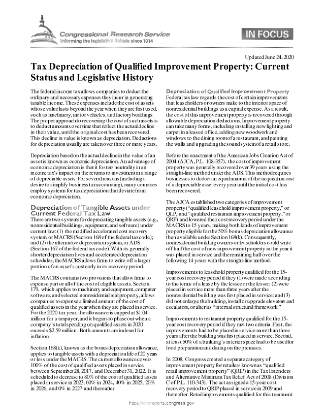 handle is hein.crs/govdqyy0001 and id is 1 raw text is: 








                                                                                        Updated June 24,2020

Tax Depreciation of Qualified Improvement Property: Current

Status and Legislative History


The federalincome tax allows companies to deduct the
ordinary and necessary expenses theyincurin generating
taxable income. These expenses includethe cost of assets
whose valuelasts beyond the yearwhen theyare firstused,
such as machinery, motorvehicles, and factorybuildings.
The proper approachto recovering the cost of such assets is
to deduct amounts over time that reflect the actual decline
in their value, untilthe original cost has beenrecovered.
This decline in value is known as depreciation. Deductions
for depreciation usually are taken over three or more years.

Depreciation basedon the actual declinein the value of an
assetis known as economic depreciation. An advantage of
economic depreciation is that it fosters neutralityin an
income tax's impact on the returns to investmentin arange
of depreciable assets. Forseveralreasons (including a
desire to simplify business taxaccounting), many countries
employ systems for taxdepreciation that deviate from
economic depreciation.

Depreciation of Tangibe s             sts under
CuArrent   Feea Tax Law
There are two systems for depreciating tangible assets (e.g.,
nonresidential buildings, equipment, and software) under
current law: (1) the modified accelerated cost recovery
system, or MACRS  (Section 168 of the federaltaxcode);
and (2) the alternative depreciation system, or ADS
(Section 167 of the federal tax code). With its generally
shorter depreciation lives and accelerated depreciation
schedules, theMACRS  allows firms to write off a larger
portion ofan asset's cost early in its recovery period.

The MACRS   contains two provisions that allow firms to
expense part or all of the costofeligible as sets. Section
179, which applies to machinery and equipment, computer
software, and s elected nonresidential real property, allows
companies to expense a limited amount ofthe cost of
qualified assets in the year when they are placed in service.
For the 2020 tax year, the allowance is capped at $1.04
million for a taxpayer, and it begins to phaseoutwhen a
company'stotalspending onqualified assets in 2020
exceeds $2.59 million. Both amounts are indexed for
inflation.

Section 168(k), known as the bonus depreciation allowance,
applies to tangible assets with a depreciation life of 20 yeas
or less under the MACRS. The current allowance covers
100%  of the costofqualified as sets placed in service
between September 28, 2017, and December 31, 2022. It is
scheduledto decrease to 80% of the costof qualified assets
placed in service in 2023, 60% in 2024, 40% in 2025, 20%
in 2026. and 0% in 2027 and thereafter.


    Deprciaton  f QuaiNfied mpoeetPropert.y
Federaltaxlaw regards the cost ofcertainimprovements
that leaseholders or owners make to the interior space of
nonresidential buildings as a capital expense. As a result,
the cost of this improvementproperty is recovered through
allowable depreciation deductions. Improvement property
can take many forms, including installing new lighting and
carpet in aleased office, adding new woodwork and
windows  to the dining roomof arestaurant, andpainting
the walls and upgrading the sound systemofaretail store.

Before the enactment of the AmericanJobs Creation Act of
2004 (AJCA,P.L.  108-357), the costofimprovement
property was generally recovered over 39 years using the
straight-line methodunder the ADS. This methodrequires
businesses to deduct an equal amount of the acquisition cost
of adepreciable asset everyyearuntilthe initialcosthas
been recovered.

The AJCA  established two categories of improvement
property (qualified leasehold improvement property, or
QLP, and qualified restaurant improvement property, or
QRP)  and lowered their cost recoveryperiod under the
MACRS   to 15 years, making both kinds of improvement
property eligible for the 50% bonus depreciation allowance
then available under Section 168(k). Consequently,
nonresidential building owners or leaseholders could write
off half the cost ofnewimprovementproperty in the year it
was placed in service and theremaining half over the
following 14 years with the straight-line method.

Improvements to leasehold property qualified for the 15-
yearcost recovery period if they (1) were made according
to the terms of a lease by the lesseeorthe lessor; (2) were
placed in service more than three years after the
nonresidential building was first placedin service; and (3)
did not enlarge thebuilding, install orupgrade elevatos and
escalators, or alter its intemalstructural framework.

Improvements to restaurant property qualified for the 15-
year cost recovery period if they met two criteria. First, the
improvements had to be placed in service more than three
years after the building was first placed in service.Second,
atleast50% of abuilding's interior space hadto be usedfor
food preparation and dining on the premises.

In 2008, Congress created aseparatecategory of
improvement property for retailers known as qualified
retail improvement property (QRIP) in the Tax Extenders
and Alternative MinimumTax Relief Act of 2008 (Division
C of P.L. 110-343). The act assigned a 15-year cost
recovery period to QRIPplaced in service in 2009 and
thereafter. Retail improvements qualified for this treatment


k


yg


