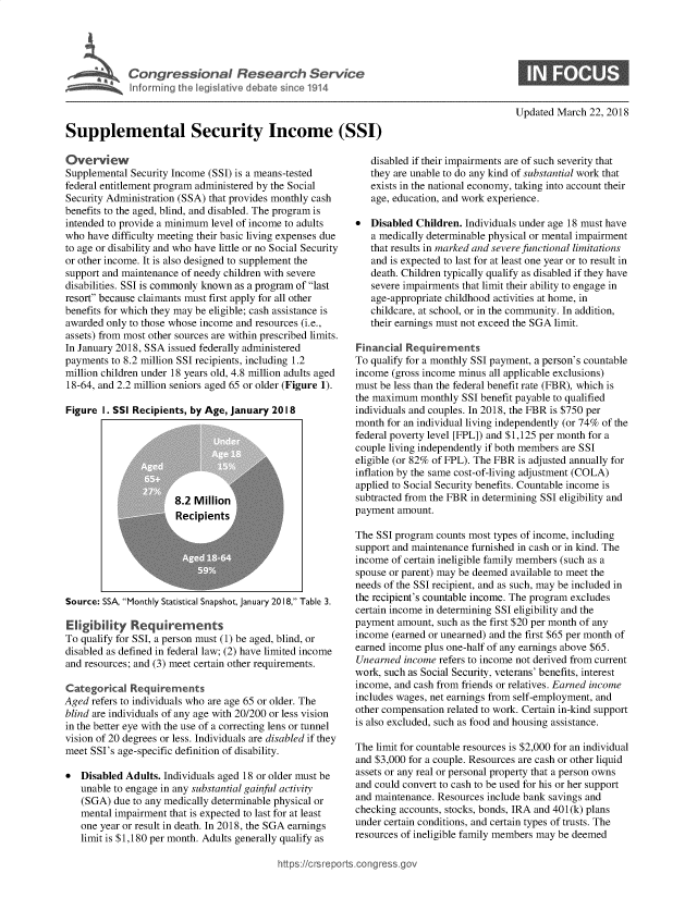 handle is hein.crs/goveauq0001 and id is 1 raw text is: 





             Congressional Research Serice
             Inforrming the legislative debate since 1914



Supplemental Security Income (SSI)


Updated March  22, 2018


Overview
Supplemental Security Income (SSI) is a means-tested
federal entitlement program administered by the Social
Security Administration (SSA) that provides monthly cash
benefits to the aged, blind, and disabled. The program is
intended to provide a minimum level of income to adults
who  have difficulty meeting their basic living expenses due
to age or disability and who have little or no Social Security
or other income. It is also designed to supplement the
support and maintenance of needy children with severe
disabilities. SSI is commonly known as a program of last
resort because claimants must first apply for all other
benefits for which they may be eligible; cash assistance is
awarded only to those whose income and resources (i.e.,
assets) from most other sources are within prescribed limits.
In January 2018, SSA issued federally administered
payments to 8.2 million SSI recipients, including 1.2
million children under 18 years old, 4.8 million adults aged
18-64, and 2.2 million seniors aged 65 or older (Figure 1).

Figure  I. SSI Recipients, by Age, January 2018


Source: SSA, Monthly Statistical Snapshot, January 2018, Table 3.

Eligibility  Requirements
To qualify for SSI, a person must (1) be aged, blind, or
disabled as defined in federal law; (2) have limited income
and resources; and (3) meet certain other requirements.

Categorical  Requirements
Aged refers to individuals who are age 65 or older. The
blind are individuals of any age with 20/200 or less vision
in the better eye with the use of a correcting lens or tunnel
vision of 20 degrees or less. Individuals are disabled if they
meet SSI's age-specific definition of disability.

*  Disabled Adults. Individuals aged 18 or older must be
   unable to engage in any substantial gainful activity
   (SGA)  due to any medically determinable physical or
   mental impairment that is expected to last for at least
   one year or result in death. In 2018, the SGA earnings
   limit is $1,180 per month. Adults generally qualify as


   disabled if their impairments are of such severity that
   they are unable to do any kind of substantial work that
   exists in the national economy, taking into account their
   age, education, and work experience.

*  Disabled Children. Individuals under age 18 must have
   a medically determinable physical or mental impairment
   that results in marked and severe functional limitations
   and is expected to last for at least one year or to result in
   death. Children typically qualify as disabled if they have
   severe impairments that limit their ability to engage in
   age-appropriate childhood activities at home, in
   childcare, at school, or in the community. In addition,
   their earnings must not exceed the SGA limit.

Financial Requirements
To qualify for a monthly SSI payment, a person's countable
income (gross income minus all applicable exclusions)
must be less than the federal benefit rate (FBR), which is
the maximum  monthly  SSI benefit payable to qualified
individuals and couples. In 2018, the FBR is $750 per
month  for an individual living independently (or 74% of the
federal poverty level [FPL]) and $1,125 per month for a
couple living independently if both members are SSI
eligible (or 82% of FPL). The FBR is adjusted annually for
inflation by the same cost-of-living adjustment (COLA)
applied to Social Security benefits. Countable income is
subtracted from the FBR in determining SSI eligibility and
payment  amount.

The SSI program counts most types of income, including
support and maintenance furnished in cash or in kind. The
income of certain ineligible family members (such as a
spouse or parent) may be deemed available to meet the
needs of the SSI recipient, and as such, may be included in
the recipient's countable income. The program excludes
certain income in determining SSI eligibility and the
payment  amount, such as the first $20 per month of any
income (earned or unearned) and the first $65 per month of
earned income plus one-half of any earnings above $65.
Unearned  income refers to income not derived from current
work, such as Social Security, veterans' benefits, interest
income, and cash from friends or relatives. Earned income
includes wages, net earnings from self-employment, and
other compensation related to work. Certain in-kind support
is also excluded, such as food and housing assistance.

The limit for countable resources is $2,000 for an individual
and $3,000 for a couple. Resources are cash or other liquid
assets or any real or personal property that a person owns
and could convert to cash to be used for his or her support
and maintenance. Resources include bank savings and
checking accounts, stocks, bonds, IRA and 401(k) plans
under certain conditions, and certain types of trusts. The
resources of ineligible family members may be deemed


ittps://crsreports.congress


