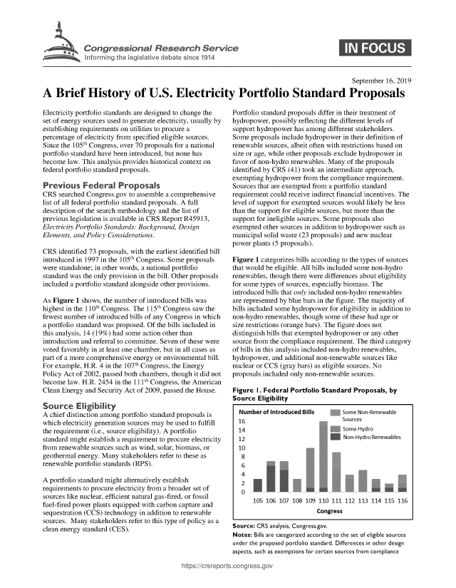 handle is hein.crs/govebhg0001 and id is 1 raw text is: 






Infrming  th  eiltv  eaesne11


S


                                                                                                 September 16, 2019

A   Brief History of U.S. Electricity Portfolio Standard Proposals


Electricity portfolio standards are designed to change the
set of energy sources used to generate electricity, usually by
establishing requirements on utilities to procure a
percentage of electricity from specified eligible sources.
Since the 105th Congress, over 70 proposals for a national
portfolio standard have been introduced, but none has
become  law. This analysis provides historical context on
federal portfolio standard proposals.

Previous Federal Proposals
CRS  searched Congress.gov to assemble a comprehensive
list of all federal portfolio standard proposals. A full
description of the search methodology and the list of
previous legislation is available in CRS Report R45913,
Electricity Portfolio Standards: Background, Design
Elements, and Policy Considerations.

CRS  identified 73 proposals, with the earliest identified bill
introduced in 1997 in the 105th Congress. Some proposals
were standalone; in other words, a national portfolio
standard was the only provision in the bill. Other proposals
included a portfolio standard alongside other provisions.

As Figure 1 shows, the number of introduced bills was
highest in the 110th Congress. The 115th Congress saw the
fewest number of introduced bills of any Congress in which
a portfolio standard was proposed. Of the bills included in
this analysis, 14 (19%) had some action other than
introduction and referral to committee. Seven of these were
voted favorably in at least one chamber, but in all cases as
part of a more comprehensive energy or environmental bill.
For example, H.R. 4 in the 107th Congress, the Energy
Policy Act of 2002, passed both chambers, though it did not
become  law. H.R. 2454 in the 1 lIt Congress, the American
Clean Energy and Security Act of 2009, passed the House.

Source Eligibility
A chief distinction among portfolio standard proposals is
which electricity generation sources may be used to fulfill
the requirement (i.e., source eligibility). A portfolio
standard might establish a requirement to procure electricity
from renewable sources such as wind, solar, biomass, or
geothermal energy. Many  stakeholders refer to these as
renewable portfolio standards (RPS).

A portfolio standard might alternatively establish
requirements to procure electricity from a broader set of
sources like nuclear, efficient natural gas-fired, or fossil
fuel-fired power plants equipped with carbon capture and
sequestration (CCS) technology in addition to renewable
sources. Many  stakeholders refer to this type of policy as a
clean energy standard (CES).


Portfolio standard proposals differ in their treatment of
hydropower, possibly reflecting the different levels of
support hydropower has among  different stakeholders.
Some  proposals include hydropower in their definition of
renewable sources, albeit often with restrictions based on
size or age, while other proposals exclude hydropower in
favor of non-hydro renewables. Many of the proposals
identified by CRS (41) took an intermediate approach,
exempting hydropower  from the compliance requirement.
Sources that are exempted from a portfolio standard
requirement could receive indirect financial incentives. The
level of support for exempted sources would likely be less
than the support for eligible sources, but more than the
support for ineligible sources. Some proposals also
exempted  other sources in addition to hydropower such as
municipal solid waste (23 proposals) and new nuclear
power plants (5 proposals).

Figure 1 categorizes bills according to the types of sources
that would be eligible. All bills included some non-hydro
renewables, though there were differences about eligibility
for some types of sources, especially biomass. The
introduced bills that only included non-hydro renewables
are represented by blue bars in the figure. The majority of
bills included some hydropower for eligibility in addition to
non-hydro renewables, though some of these had age or
size restrictions (orange bars). The figure does not
distinguish bills that exempted hydropower or any other
source from the compliance requirement. The third category
of bills in this analysis included non-hydro renewables,
hydropower,  and additional non-renewable sources like
nuclear or CCS (gray bars) as eligible sources. No
proposals included only non-renewable sources.

Figure  I. Federal Portfolio Standard Proposals, by
Source  Eligibility

  Number  of Introduced Bills     Some Non-Renewable
  16                              Sources
  14                               Some Hydro
  12                                on-Hydro Renewables
  10
  8
  6
  4
  2

       105 106 107 108 109 110 111 112 113 114  115 116
                          Congress

Source: CRS analysis, Congress.gov.
Notes: Bills are categorized according to the set of eligible sources
under the proposed portfolio standard. Differences in other design
aspects, such as exemptions for certain sources from compliance


ittps://crsreports.congress.gc


