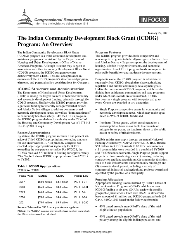 handle is hein.crs/govebmq0001 and id is 1 raw text is: 





Congressional Research Service
Inforrming the legislative debate since 1914


0


                                                                                              January 29, 2021

The Indian Community Development Block Grant (ICDBG)

Program: An Overview


The Indian Community Development  Block Grant
(ICDBG)  program is a tribal economic development and
assistance program administered by the Department of
Housing and Urban Development's Office of Native
American Programs. Although its name may suggest an
association with the Community Development Block Grant
(CDBG)  program, the ICDBG program operates
distinctively from CDBG. This In Focus provides an
overview of the ICDBG program's structure and program
elements, and potential policy considerations for Congress.

IC DBG Structure and Administration
The Department of Housing and Urban Development
(HUD)  is among the largest sources of federal community
and economic development funding, primarily through the
CDBG   program. Similarly, the ICDBG program provides
significant funding to federally-recognized tribal nations
and Alaska Native villages to address community and
economic development needs, as well as imminent threats
to community health or safety. Like the CDBG program,
the ICDBG  program derives its authority under Title I of
the Housing and Community Development Act of 1974 (42
U.S.C. §5301 et seq.).

Recent  Appropriations
By statute, the ICDBG program receives a one percent set-
aside of Title I CDBG appropriations, excluding amounts
for use under Section 107. In practice, Congress has
enacted larger appropriations separately for ICDBG,
exceeding the one percent set-aside. For FY2021, the
ICDBG  received $70 million in funding (or approximately
2%). Table 1 shows ICDBG  appropriations from FY2017
to FY2021.

Table  I. ICDBG Appropriations
FY20O7 to FY2021

Fiscal Year    ICDBG        CDBG         Public Law

2017           $60.0 million $3.1 billion P.L. 1 15-31
2018           $65.0 million $3.4 billion P.L. 115-141
2019           $65.0 million $3.4 billion P.L. 116-6
2020           $70.0 million $3.4 billion P.L. 116-94
2021           $70.0 million $3.5 billion P.L. 116-260
Source: Tabulated by CRS from appropriations legislation.
Notes: The CDBG column provides the base number from which
the 1% set-aside would be calculated.


Program   Features
The ICDBG  program provides both competitive and
noncompetitive grants to federally-recognized Indian tribes
and Alaskan Native villages to support the development of
housing, suitable living environments, and economic
opportunities. Like CDBG, program funds are required to
principally benefit low-and-moderate-income persons.

Despite its name, the ICDBG program is administered
separately from CDBG, though they share authorizing
legislation and similar community development goals.
Unlike the conventional CDBG program, which is sub-
divided into entitlement communities and state programs
under which sub-awards are administered, ICDBG
functions as a single program with two principal grant
types. Grants are awarded in two categories:

  Single Purpose competitive grants for community and
   economic development needs, which may make up as
   much  as 95% of ICDBG funds; and

  Imminent Threat grants, which are allocated on a
   noncompetitive basis as available to eliminate or
   mitigate issues posing an imminent threat to the public
   health or safety of tribal residents.

Eligible entities may apply through an annual Notice of
Funding Availability (NOFA). For FY2018, HUD funded
$63 million in ICDBG awards to 85 tribal communities
(111 communities were awarded in a combined FY2019
and FY2020  announcement). Single Purpose grants support
projects in three broad categories: (1) housing, including
construction and land acquisition; (2) community facilities,
such as basic infrastructure and community buildings; and
(3) economic development, including a variety of
commercial, industrial, and agricultural projects owned and
operated by the grantee, or a third party.

Funding  Allocations
Appropriated funding is administered by HUD's Office of
Native American Programs (ONAP), which allocates
ICDBG  funding to six area ONAPs, each with specific
geographic jurisdictions. Each area ONAP is allocated a
base amount of $1 million and ICDBG program funds (24
C.F.R. §1003.101) based on the following formula:

*  40%  based on each area ONAP's share of the total
   eligible Indian population;

*  40%  based on each area ONAP's share of the total
   poverty among the eligible Indian population; and


ittps://Crsreports.congress.gt


