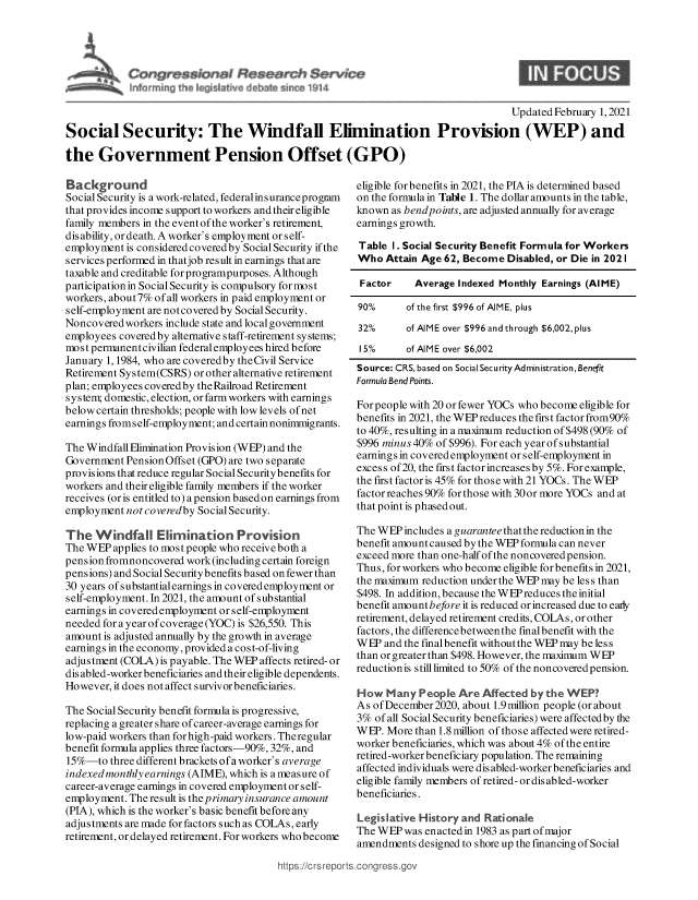 handle is hein.crs/govebrf0001 and id is 1 raw text is: 




~ressior~I   ~e~ar~h Serv~,e


9


                                                                                    Updated February 1, 2021
Social Security: The Windfall Elimination Provision (WEP) and

the   Government Pension Offset (GPO)


Background
Social Security is a work-related, federalinsuranceprogram
that provides income support to workers and their eligible
family members in the event of the worker's retirement,
dis ability, or death. A worker's employment or self-
employment  is considered covered by Social Security if the
services performed in thatjob result in earnings that are
taxable and creditable forprogrampurposes. Although
participation in Social Security is compulsory for most
workers, about7% of all workers in paid employment or
self-employment are notcovered by Social Security.
Noncovered workers include state and local government
employees covered by alternative staff-retirement systems;
most permanent civilian federal employees hired before
January 1, 1984, who are coveredby theCivil Service
Retirement Sys tem(CSRS) or other alternative retirement
plan; employees coveredby theRailroad Retirement
system; domestic, election, orfarmworkers with earnings
below certain thresholds; people with low levels of net
earnings froms elf-employment; and certain nonimmigrants.

The Windfall Elimination Provision (WEP) and the
Government  PensionOffset (GPO) are two separate
provisions that reduce regular Social Securitybenefits for
workers and their eligible family members if the worker
receives (or is entitled to) a pension basedon earnings from
employment  not coveredby Social Security.

The   Windfall   Elimination Provision
The WEP  applies to most people who receive both a
pens ion fromnoncovered work (including certain foreign
pensions) and Social Security benefits based on fewer than
30 years of substantialearnings in covered employment or
self-employment. In 2021, the amount of substantial
earnings in covered employment or self-employment
needed for a year of coverage (YOC) is $26,550. This
amount is adjusted annually by the growth in average
earnings in the economy, provided a cost-of-living
adjustment (COLA) is payable. The WEP affects retired- or
dis abled-worker beneficiaries and their eligible dependents.
However, it does not affect survivorbeneficiaries.

The Social Security benefit formula is progressive,
replacing a greater share of career-average earnings for
low-paid workers than forhigh-paid workers. Theregular
benefit formula applies three factors-90%, 32%, and
15%-to   three different brackets of a worker's average
indexed monthly earnings (AIME), which is a meas ure of
career-average earnings in covered employment or self-
employment. The result is the primary insurance amount
(PIA), which is the worker's basic benefit before any
adjustments are made for factors such as COLAs, early
retirement, or delayed retirement. For workers who become


eligible forbenefits in 2021, the PIA is determined based
on the formula in Table 1. The dollar amounts in the table,
known  as bendpoints, are adjusted annually for average
earnings growth.

Table  1. Social Security Benefit Formula for Workers
Who   Attain Age 62, Become Disabled, or Die in 202 I

Factor     Average Indexed Monthly Earnings (AIME)

90%      of the first $996 of AIME, plus

32%      of AIME over $996 and through $6,002, plus

15%      of AIME over $6,002
Source: CRS, based on Social SecurityAdministration, Benefit
Formula Bend Points.

For people with 20 or fewer YOCs who become eligible for
benefits in 2021, the WEP reduces the first factor from90%
to 40%, resulting in a maximum reduction of $498 (90% of
$996 minus 40% of $996). For each year of substantial
earnmgs in covered employment or self-employment in
excess of 20, the first factor increases by 5%. For example,
the first factor is 45% for those with 21 YOCs. The WEP
factor reaches 90% for those with 30or more YOCs and at
that point is phased out.

The WEP  includes a guaranteethatthereductionin the
benefit amount caused by the WEP formula can never
exceed more than one-half of the noncovered pension.
Thus, for workers who become eligible for benefits in 2021,
the maximum reduction under the WEP may be less than
$498. In addition, because the WEP reduces the initial
benefit amount before it is reduced or increased due to early
retirement, delayed retirement credits, COLAs, or other
factors, the difference between the finalbenefit with the
W EP and the finalbenefit without the WEP may be less
than or greater than $498. However, the maximum WEP
reductionis stilllimited to 50% of the noncoveredpension.

How   Many  People Are  Affected by the WEP?
As ofDecember  2020, about 1.9 million people (or about
3%  of all Social Security beneficiaries) were affected by the
W EP. More than 1.8 million of those affected were retired-
worker beneficiaries, which was about 4% of the entire
retired-worker beneficiary population. The remaining
affected individuals were disabled-worker beneficiaries and
eligible family members of retired- or dis abled-worker
beneficiaries.

Legislative History and Rationale
The WEP  was enactedin 1983 as part of major
amendments  designed to shore up the financing of Social


https://crsrepc


