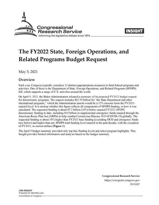 handle is hein.crs/govedez0001 and id is 1 raw text is: 







ACongressional
  aResearch Service
     inforring the I gi lative d bate since 1914


The FY2022 State, Foreign Operations, and

Related Programs Budget Request



May   5, 2021

Overview

Each year, Congress typically considers 12 distinct appropriations measures to fund federal programs and
activities. One of these is the Department of State, Foreign Operations, and Related Programs (SFOPS)
bill, which supports a range of U.S. activities around the world.
On April 9, 2021, the Biden Administration released a summary of its proposed FY2022 budget request
for discretionary programs. The request includes $63.50 billion for the State Department and other
international programs, which the Administration asserts would be a 12% increase from the FY2021-
enacted level. It is unclear whether this figure reflects all components of SFOPS funding, or how it was
calculated. The requested funding is about $7.3 billion (10%) below enacted FY2021 SFOPS
discretionary funding to date, including $10 billion in supplemental emergency funds enacted through the
American Recue Plan Act (ARPA) to help combat Coronavirus Disease 2019 (COVID-19) globally. The
requested funding is about 34% higher than FY2021 base funding (excluding OCO and emergency funds
(see below) and higher than any SFOPS total funding level enacted in the past decade, with the exception
of FY2021, in current dollars (Figure 1).
The April 9 budget summary provided only top-line funding levels and select program highlights. This
Insight provides limited information and analysis based on the budget summary.













                                                             Congressional Research Service
                                                             https://crsreports. congress.gov
                                                                                 IN11657


CRS INSIGHT
Prepared for Members and
Committees of Congress -


