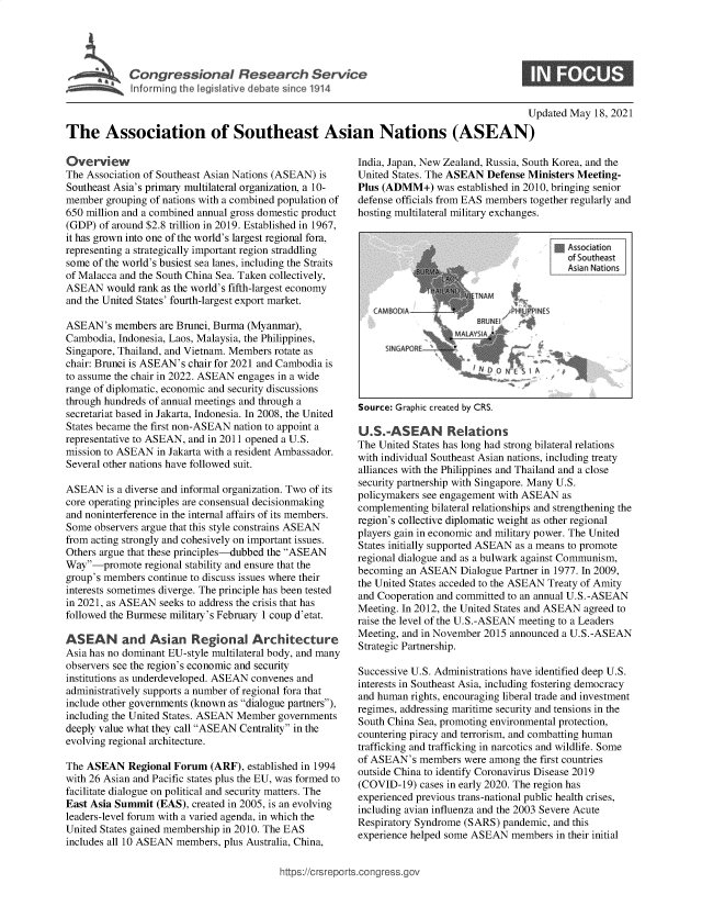 handle is hein.crs/govedit0001 and id is 1 raw text is: Inforr g the lgsaiedbtsI e11

S

Updated May 18, 2021
The Association of Southeast Asian Nations (ASEAN)

Overview
The Association of Southeast Asian Nations (ASEAN) is
Southeast Asia's primary multilateral organization, a 10-
member grouping of nations with a combined population of
650 million and a combined annual gross domestic product
(GDP) of around $2.8 trillion in 2019. Established in 1967,
it has grown into one of the world's largest regional fora,
representing a strategically important region straddling
some of the world's busiest sea lanes, including the Straits
of Malacca and the South China Sea. Taken collectively,
ASEAN would rank as the world's fifth-largest economy
and the United States' fourth-largest export market.
ASEAN's members are Brunei, Burma (Myanmar),
Cambodia, Indonesia, Laos, Malaysia, the Philippines,
Singapore, Thailand, and Vietnam. Members rotate as
chair: Brunei is ASEAN's chair for 2021 and Cambodia is
to assume the chair in 2022. ASEAN engages in a wide
range of diplomatic, economic and security discussions
through hundreds of annual meetings and through a
secretariat based in Jakarta, Indonesia. In 2008, the United
States became the first non-ASEAN nation to appoint a
representative to ASEAN, and in 2011 opened a U.S.
mission to ASEAN in Jakarta with a resident Ambassador.
Several other nations have followed suit.
ASEAN is a diverse and informal organization. Two of its
core operating principles are consensual decisionmaking
and noninterference in the internal affairs of its members.
Some observers argue that this style constrains ASEAN
from acting strongly and cohesively on important issues.
Others argue that these principles-dubbed the ASEAN
Way-promote regional stability and ensure that the
group's members continue to discuss issues where their
interests sometimes diverge. The principle has been tested
in 2021, as ASEAN seeks to address the crisis that has
followed the Burmese military's February 1 coup d'etat.
ASEAN and Asian Regional Architecture
Asia has no dominant EU-style multilateral body, and many
observers see the region's economic and security
institutions as underdeveloped. ASEAN convenes and
administratively supports a number of regional fora that
include other governments (known as dialogue partners)'
including the United States. ASEAN Member governments
deeply value what they call ASEAN Centrality in the
evolving regional architecture.
The ASEAN Regional Forum (ARF), established in 1994
with 26 Asian and Pacific states plus the EU, was formed to
facilitate dialogue on political and security matters. The
East Asia Summit (EAS), created in 2005, is an evolving
leaders-level forum with a varied agenda, in which the
United States gained membership in 2010. The EAS
includes all 10 ASEAN members, plus Australia, China,

India, Japan, New Zealand, Russia, South Korea, and the
United States. The ASEAN Defense Ministers Meeting-
Plus (ADMM+) was established in 2010, bringing senior
defense officials from EAS members together regularly and
hosting multilateral military exchanges.

*Assaciation
of Southeast
As ian  Natios

Source: Graphic created by CRS.
U.S.-ASEAN Relations
The United States has long had strong bilateral relations
with individual Southeast Asian nations, including treaty
alliances with the Philippines and Thailand and a close
security partnership with Singapore. Many U.S.
policymakers see engagement with ASEAN as
complementing bilateral relationships and strengthening the
region's collective diplomatic weight as other regional
players gain in economic and military power. The United
States initially supported ASEAN as a means to promote
regional dialogue and as a bulwark against Communism,
becoming an ASEAN Dialogue Partner in 1977. In 2009,
the United States acceded to the ASEAN Treaty of Amity
and Cooperation and committed to an annual U.S.-ASEAN
Meeting. In 2012, the United States and ASEAN agreed to
raise the level of the U.S.-ASEAN meeting to a Leaders
Meeting, and in November 2015 announced a U.S.-ASEAN
Strategic Partnership.
Successive U.S. Administrations have identified deep U.S.
interests in Southeast Asia, including fostering democracy
and human rights, encouraging liberal trade and investment
regimes, addressing maritime security and tensions in the
South China Sea, promoting environmental protection,
countering piracy and terrorism, and combatting human
trafficking and trafficking in narcotics and wildlife. Some
of ASEAN's members were among the first countries
outside China to identify Coronavirus Disease 2019
(COVID-19) cases in early 2020. The region has
experienced previous trans-national public health crises,
including avian influenza and the 2003 Severe Acute
Respiratory Syndrome (SARS) pandemic, and this
experience helped some ASEAN members in their initial

https://crsreports.congress.gov

SINGA


