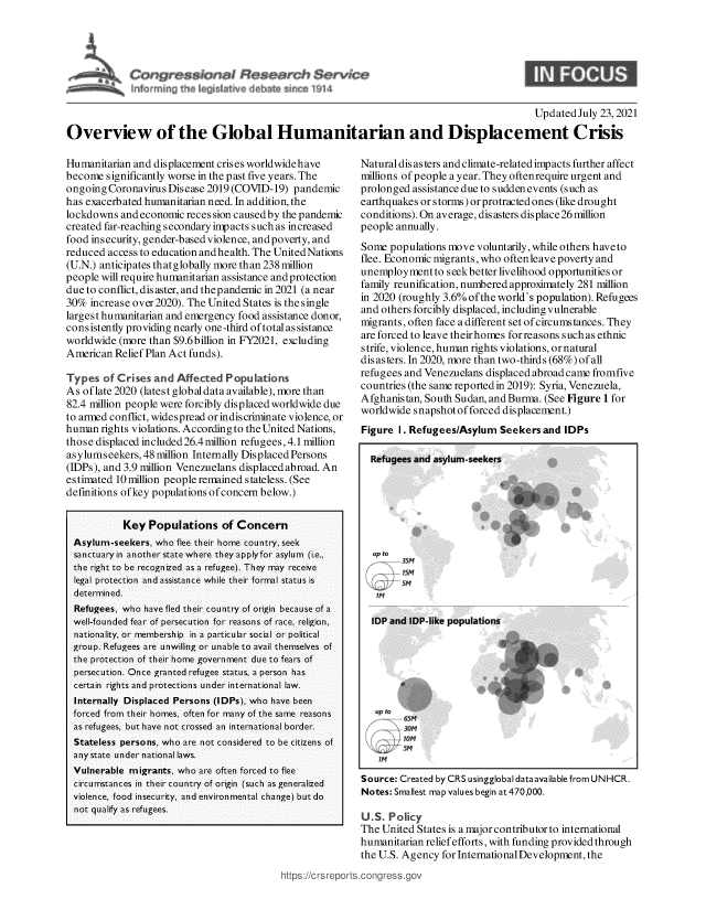 handle is hein.crs/goveecz0001 and id is 1 raw text is: I $      hr
H  rnYg h 141   e A ~n

9

Updated July 23, 2021
Overview of the Global Humanitarian and Displacement Crisis

Humanitarian and displacement crises worldwidehave
become significantly worse in the past five years. The
ongoing Coronavirus Disease 2019 (COVID-19) pandemic
has exacerbated humanitarian need. In addition, the
lockdowns and economic recession caused by the pandemic
created far-reaching secondary impacts such as increased
food insecurity, gender-based violence, and poverty, and
reduced access to education andhealth. The UnitedNations
(U.N.) anticipates thatglobally more than 238 million
people will require humanitarian assistance and protection
due to conflict, disaster, and thepandemic in 2021 (a near
30% increase over 2020). The United States is the single
largest humanitarian and emergency food assistance donor,
consistently providing nearly one-third of total as sistance
worldwide (more than $9.6billion in FY2021, excluding
American Relief Plan Act funds).
Types of Crises and Affected Populations
As oflate 2020 (latest global data available), more than
82.4 million people were forcibly displaced worldwide due
to armed conflict, widespread or indiscriminate violence, or
human rights violations. According to the United Nations,
those displaced included 26.4 million refugees, 4.1 million
asylumseekers, 48 million Internally Displaced Persons
(IDPs), and 3.9 million Venezuelans displaced abroad. An
estimated 10 million people remained stateless. (See
definitions ofkey populations of concern below.)
Key Populations of Concern
Asylum-seekers, who flee their home country, seek
sanctuary in another state where they applyfor asylum (i.e.,
the right to be recognized as a refugee). They may receive
legal protection and assistance while their formal status is
determined.
Refugees, who have fled their country of origin because of a
well-founded fear of persecution for reasons of race, religion,
nationality, or membership in a particular social or political
group. Refugees are unwilling or unable to avail themselves of
the protection of their home government due to fears of
persecution. Once granted refugee status, a person has
certain rights and protections under international law.
Internally Displaced Persons (IDPs), who have been
forced from their homes, often for many of the same reasons
as refugees, but have not crossed an international border.
Stateless persons, who are not considered to be citizens of
any state under national laws.
Vulnerable migrants, who are often forced to flee
circumstances in their country of origin (such as generalized
violence, food insecurity, and environmental change) but do
not qualify as refugees.

tps://crsreport

Natural dis asters and climate-related impacts further affect
millions of people a year. They oftenrequire urgent and
prolonged assistance due to sudden events (such as
earthquakes or storms) or protracted ones (like drought
conditions). On average, dis asters displace 26 million
people annually.
Some populations move voluntarily, while others haveto
flee. Economic migrants, who oftenleave poverty and
unemploymentto seekbetter livelihood opportunities or
family reunification, numbered approximately 281 million
in 2020 (roughly 3.6% ofthe world's population). Refugees
and others forcibly displaced, including vulnerable
migrants, often face a different set of circumstances. They
are forced to leave theirhomes forreasons such as ethnic
strife, violence, human rights violations, or natural
disasters. In 2020, more than two-thirds (68%) of all
refugees and Venezuelans displaced abroad came fromfive
countries (the same reported in 2019): Syria, Venezuela,
Afghanistan, South Sudan, and Burma. (See Figure 1 for
worldwide snapshot of forced displacement.)
Figure 1. Refugees/Asylum Seekers and IDPs
Refugees and asvlum-seekers

up to
3514
SM
in

populatic

up to
,, 6 5M
on
t hI5

Source: Created by CRS usingglobal dataavailable from UN HCR.
Notes: Smallest map values begin at 470,000.
US. Policy
The United States is a major contributor to international
humanitarian relief efforts, with funding provided through
the U.S. Agency for International Development, the
.congress.gov


