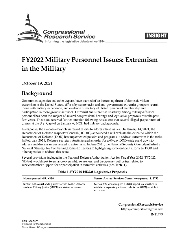 handle is hein.crs/goveerc0001 and id is 1 raw text is: A  Congressional                                                     ____
*aResearch Service
informing the I gislative d bate since 1914___________________
FY2022 Military Personnel Issues: Extremism
in the Military
October 19, 2021
Background
Government agencies and other experts have warned of an increasing threat of domestic violent
extremism in the United States, efforts by supremacist and anti-government extremist groups to recruit
those with military experience, and evidence of military-affiliated personnel membership and
participation in these groups' activities. Extremist and supremacist activity among military-affiliated
personnel has been the subject of several congressional hearings and legislative proposals over the past
few years. This issue received further attention following revelations that several alleged perpetrators of
crimes at the U.S. Capitol on January 6, 2021, had military backgrounds.
In response, the executive branch increased efforts to address these issues. On January 14, 2021, the
Department of Defense Inspector General (DODIG) announced it will evaluate the extent to which the
Department of Defense (DOD) has implemented policies and programs to address extremism in the ranks.
In February 2021, Defense Secretary Austin issued an order for a 60-day DOD-wide stand downto
address and discuss issues related to extremism. In June 2021, the National Security Council published a
National Strategy for Combatting Domestic Terrorism highlighting some ongoing efforts by DOD and
other agencies to address this issue.
Several provisions included in the National Defense Authorization Act for Fiscal Year 2022 (FY2022
NDAA) would seek to enhance oversight, awareness, and disciplinary authorities related to
servicemember support for or participation in extremist activities (see Table 1).
Table 1. FY2020 NDAA Legislative Proposals

Senate Armed Services Committee-passed S. 2792

Section 525 would add a punitive article to the Uniform
Code of Military justice (UCMJ) on violent extremism.

Section 527 would require a DOD report on whether to
establish a separate punitive article in the UCMJ on violent
extremism.

Congressional Research Service
https://crsreports.congress.gov
IN11779

CRS INSIGHT
Prepared for Membersand
Committeesof Congress-

House-passed H.R. 4350


