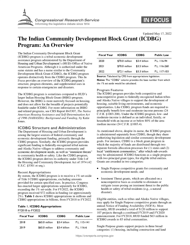 handle is hein.crs/govegey0001 and id is 1 raw text is: nforming ii

Updated May 17, 2022
The Indian Community Development Block Grant (ICDBG)
Program: An Overview

The Indian Community Development Block Grant
(ICDBG) program is a tribal economic development
assistance program administered by the Department of
Housing and Urban Development's (HUD) Office of Native
American Programs. Although it is authorized under the
same statute and has a name similar to the Community
Development Block Grant (CDBG), the ICDBG program
operates distinctively from the CDBG program. This In
Focus provides an overview of the ICDBG program's
structure, program elements, and supplemental uses in
response to certain emergencies and disasters.
The ICDBG program is sometimes compared to HUD's
larger Indian Housing Block Grant (IHBG) program.
However, the IHBG is more narrowly focused on housing,
and does not allow for the breadth of projects potentially
fundable under ICDBG. For more information on IHBG
and related programs, see CRS Report R43307, The Native
American Housing Assistance and Self-Determination Act
of 1996 (NAHASDA): Background and Funding, by Katie
Jones.
IC DBG Structure and Administraon
The Department of Housing and Urban Development is
among the largest sources of federal community and
economic development funding, primarily through the
CDBG program. Similarly, the ICDBG program provides
significant funding to federally-recognized tribal nations
and Alaska Native villages to address community and
economic development needs, as well as imminent threats
to community health or safety. Like the CDBG program,
the ICDBG program derives its authority under Title I of
the Housing and Community Development Act of 1974 (42
U.S.C. §5301 et seq.).
Recent Appropriations
By statute, the ICDBG program is to receive a 1% set-aside
of Title I CDBG appropriations, excluding amounts
provided for certain specified uses. In practice, Congress
has enacted larger appropriations separately for ICDBG,
exceeding the 1% set-aside. For FY2022, the ICDBG
program received $72 million in funding (or approximately
2%). Table 1 shows ICDBG appropriations in millions and
CDBG appropriations in billions, from FY2018 to FY2022.
Table I. ICDBG Appropriations
FY20 18 to FY2022
Fiscal Year  ICDBG       CDBG         Public Law

2018

$65.0 million  $3.4  billion

2019         $65.0 million  $3.4 billion

P.L. 115-141
P.L. 116-6

Fiscal Year  ICDBG       CDBG         Public Law
2020         $70.0 million  $3.4 billion  P.L. 116-94
2021         $70.0 million  $3.5 billion  P.L. 116-260
2022         $72.1 million  $3.3 billion  P.L. 117-103
Source: Tabulated by CRS from appropriations legislation.
Notes: The CDBG column provides the base number from which
the 1% set-aside would be calculated.
Program Features
The ICDBG program provides both competitive and
noncompetitive grants to federally-recognized Indian tribes
and Alaska Native villages to support the development of
housing, suitable living environments, and economic
opportunities. Like CDBG, program funds are required to
principally benefit low-and moderate-income persons (24
C.F.R. §1003.208). Under the ICDBG program, low- and
moderate-income is defined as an individual, family, or
household with an income at or below 80% of the area
median income (24 C.F.R. §1003.4).
As mentioned above, despite its name, the ICDBG program
is administered separately from CDBG, though they share
authorizing legislation and similar community development
goals. For instance, CDBG is a block grant program in
which the majority of funds are distributed through two
separate formula allocation processes for (1) states and (2)
local entitlement communities, after which sub-awards
may be administered. ICDBG functions as a single program
with two principal grant types, for eligible tribal entities.
Grants are awarded in two categories:
* Single Purpose competitive grants for community and
economic development needs; and
* Imminent Threat grants, which are allocated on a
noncompetitive basis as available to eliminate or
mitigate issues posing an imminent threat to the public
health or safety of tribal residents (e.g., a natural
disaster).
Eligible entities, such as tribes and Alaska Native villages,
may apply for Single Purpose competitive grants through an
annual Notice of Funding Availability (NOFA). Most
recently, HUD awarded a total of $120 million to support
107 projects through a combined FY2019 and FY2020
announcement. For FY2018, HUD funded $63 million in
ICDBG awards to 85 tribal communities.
Single Purpose grants support projects in three broad
categories: (1) housing, including construction and land

dionaI Research Service
led Ilive I Amte sin co1914



