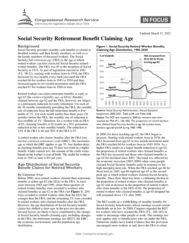 handle is hein.crs/govegmi0001 and id is 1 raw text is: Congressional Research Service
Inforrning the Iegislative debate since 1914

Updated March 15, 2022

Social Security Retirement Benefit Claiming Age

Background
Social Security provides monthly cash benefits to retired or
disabled workers and their family members, as well as to
the family members of deceased workers. The Social
Security full retirement age (FRA) is the age at which
retired workers can first claimfull Social Security retired-
worker benefits. The FRA was 65 at the inception of Social
Security in 1935. As part of legislation enacted in 1983
(P.L. 98-21), starting with workers born in 1938, the FRA
increased by two months every birth year until the FRA
reached 66 for workers born in 1943 to 1954 and then
increased again in two-month increments until the FRA
reached 67 for workers born in 1960 or later.
Retired workers can claim retirement benefits as early as
age 62 (the earliest eligibility age, or EEA). Benefits
claimed between age 62 and the FRA, however, are subject
to a permanent reduction for early retirement. For each of
the 36 months immediately preceding the FRA, the monthly
rate of reduction from the full retirement benefit is five-
ninths of 1%. For each month earlier than three years (36
months) before the FRA, the monthly rate of reduction is
five-twelfths of 1%. Therefore, for a worker with an FRA
of 65, claiming benefits at 62 results in a 20% permanent
reduction in his or her monthly benefit. The reduction is
25% if the FRA is 66 and 30% if the FRA is 67.
A retired worker who claims benefits after the FRA may
receive a delayed retirement credit (DRC). The maximum
age at which the DRC applies is age 70. Any further delay
in claiming benefits past age 70 does not result in a higher
benefit. Under current law, the amount of the credit varies
based on the worker's year of birth. The credit for workers
born in 1943 or later is 8% per year.
Age Distribution of Social Security
Benefit Claims for Retfred Workers
By Calendar Year
Before 2000, most retired workers claimed their retirement
benefits at either age 62 (the EEA) or the FRA. In most
years between 1985 and 1999, about three-quarters of
retired-worker benefits were awarded to workers who
claimed benefits at age 62 or the FRA (see Figure 1), 20%
were awarded to retired workers older than the EEA but
younger than the FRA, and the remaining 5% were awarded
to retired workers who claimed benefits after the FRA.
However, the age distribution of Social Security benefit
claims has shifted to later ages in the past two decades.
Several factors are likely to have contributed to the change
in Social Security benefit claiming ages, including changes
in the FRA, the retirement earnings test (RET), the DRC,
the economic environment, and the population age
distrihtion.

Figure I. Social Security Retired-Worker Benefits,
Claiming Age Distribution, 1985-2020
'  fAad                      R icesdfo

Source: Social Security Administration, Annual Statistical
Supplement, 2000-2021, Table 6.A4, and Table 6.B5.
Notes: The RET was repealed in 2000 for workers who have
reached the FRA (P.L. 106-182). The proportion of retired workers
who claimed Social Security benefits at age 66 includes those
between ages 66 and 69 during 1985-1998.
In 2000, for those reaching age 62, the FRA began to
increase. Starting with retired workers born in 1938, the
FRA increased from age 65 in two-month increments until
the FRA reached 66 for workers born in 1943-1954. As a
higher FRA results in a larger benefit reduction at age 62,
the proportion of retired workers who claimed benefits at
the FRA has increased and those who claimed benefits at
age 62 has declined since 2003. The trend was affected by
the economic recession (2007-2009) when some people
claimed Social Security benefits early in response to the
high unemployment rate. When the FRA reached age 66 for
those born in 1943, age 66 replaced age 65 as the second
peak age at which retired workers claimed Social Security
benefits. Since then, there has been a continuing decline in
the proportion of retired workers who claimed benefits at
age 62 and an increase in the proportion of retired workers
who claim benefits at the FRA of 66. The proportion of
retired workers who claimed benefits at age 65 dropped but
still remained above 11% after 2009.
The RET results in a withholding of monthly benefits for
Social Security beneficiaries whose earnings exceed certain
thresholds set in law. In 2000, Congress repealed the RET
for workers who have reached the FRA (P.L. 106-182) in
order to encourage older people to work. The earnings test
now applies only to beneficiaries who are under the FRA.
Numerous studies have found evidence that this provision
encouraged more workers at and above the FRA to claim

FRA increased fromn
65 to 66 for those
turning age 62
-l

6%Age 62

Age 65
Age 66


