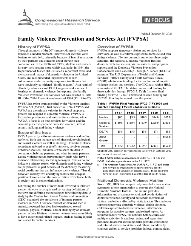 handle is hein.crs/govegmu0001 and id is 1 raw text is: Congressional Research Service
Informing the legislitive debate since 1914

Updated October 25, 2021

Family Violence Prevention and Services Act (FVPSA)

History of FVPSA
Throughout much of the 20th century, domestic violence
remained a hidden problem. Survivors (or victims) were
hesitant to seek help, primarily because of fear of retaliation
by their partners and concerns about leaving their
communities. In the 1960s and 1970s, shelters and services
for survivors became more widely available. In 1984, the
Department of Justice (DOJ) issued a report that examined
the scope and impact of domestic violence in the United
States, and recommended improvements in law
enforcement and community responses to offenses that
were previously considered family matters. As a result of
efforts by advocates and DOJ, Congress held a series of
hearings on domestic violence. In response, the Family
Violence Prevention and Services Act was enacted as Title
III of the Child Abuse Amendments of 1984 (P.L. 98-457).
FVPSA has twice been amended by the Violence Against
Women Act (VAWA), first enacted in 1994. FVPSA and
VAWA are the primary vehicles for federal support to
prevent and respond to domestic violence. FVPSA is
focused on prevention and services for survivors, while
VAWA's focus is on both services for victims and the
criminal justice response to domestic violence, sexual
assault, stalking, and dating violence.
Scope of the Issue
FVPSA primarily addresses domestic violence and dating
violence. Both can include acts of physical, psychological,
and sexual violence as well as stalking. Domestic violence,
sometimes referred to as family violence, involves current
or former spouses, individuals who share children in
common, cohabiting partners, and other intimate partners.
Dating violence occurs between individuals who have a
romantic relationship, including teenagers. Studies do not
indicate a primary reason why domestic and dating violence
are perpetrated, in part because of the difficulty measuring
social conditions that can influence such violence. They do,
however, identify two underlying factors: the unequal
position of women and the normalization of violence, both
in society and in some relationships.
Estimating the number of individuals involved in intimate
partner violence is complicated by varying definitions of
the term and differing methodologies for collecting data. A
study by the Centers for Disease Control and Prevention
(CDC) examined the prevalence of intimate partner
violence in 2015. Over one-third of women and men in
America reported that they had experienced sexual
violence, physical violence, and/or stalking by an intimate
partner in their lifetime. However, women were more likely
to have experienced related impacts, such as having injuries
and a need for victim services.

Overview of FVPSA
FVPSA supports temporary shelter and services for
survivors, as well as children exposed to domestic and teen
dating violence. The law currently authorizes three major
activities: the National Domestic Violence Hotline;
domestic violence shelters, victim services, and program
support; and the Domestic Violence Prevention
Enhancement and Leadership Through Alliances (DELTA)
program. The U.S. Department of Health and Human
Services' (HHS') Family and Youth Services Bureau
(FYSB) administers funding for the hotline and domestic
violence shelters and services. The CDC, also within HHS,
administers DELTA. The statute authorized funding for
these activities through FY2015. Table 1 shows final
funding for FY2017 to FY2020 and enacted funding for
FY2021. Funding increased over this period.
Table I. FVPSA Final Funding, FY20 1 7-FY2020 and
Enacted Funding, FY2021 (dollars in millions)
FY17     FY18    FY19    FY20     FY21
Hotline      $8.2    $9.3    $10.3   $14.0    $15.0
Shelter &  $150.5   $158.4  $163.9  $220.0   $380.5
Services
DELTA        $5.5    $5.5     $5.5    $7.1     $5.5
ARPA            -       -        -       -   $250.0
G rantsa
Total      $164.2  $173.2   $179.7  $241.1   $651.0
Source: CRS, based on correspondence with HHS in October 2020
and review of enacted laws.
Note: FY2020 includes appropriations under P.L. 116-136 and
FY2021 includes appropriations under P.L. 117-2.
a.  The American Rescue Plan Act (ARPA; P.L. 117-2) authorized
two new grant programs (to support culturally specific
populations and survivors of sexual assault). These programs
have not been implemented as of the date of this In Focus.
National Domestic Violence H otlne
Since 1996, HHS has competitively awarded a cooperative
agreement to one organization to operate the National
Domestic Violence Hotline. The hotline provides
information and assistance to adult and youth victims of
domestic violence, family and household members of
victims, and others affected by victimization. This includes
support concerning domestic violence, dating violence,
children exposed to domestic violence, intervention
programs for abusive partners, and related topics. As
required under FVPSA, the national hotline carries out
multiple activities. It employs, trains, and supervises
personnel to answer incoming calls; provides counseling
and referral services to victims and others; and directly
connects callers to service providers in local communities.



