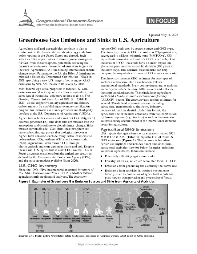 handle is hein.crs/govegrh0001 and id is 1 raw text is: Congressional P art cry

Updated May 11, 2022

Greenhouse Gas Emissions and Sinks in U.S. Agriculture

Agriculture and land-use activities continue to play a
central role in the broader debate about energy and climate
policy options in the United States and abroad. Such
activities offer opportunities to remove greenhouse gases
(GHGs) from the atmosphere, potentially reducing the
nation's net emissions: the metric of emissions targets for
the Paris Agreement (PA), the binding international climate
change treaty. Pursuant to the PA, the Biden Administration
released a Nationally Determined Contribution (NDC) in
2021 specifying a new U.S. target of reducing net GHG
emissions by 50%-52% below 2005 levels by 2030.
Most federal legislative proposals to reduce U.S. GHG
emissions would not require reductions in agriculture, but
some would incentivize voluntary actions to do so. The
Growing Climate Solutions Act of 2021 (S. 1251/H.R.
2820) would support voluntary agriculture and forestry
carbon markets by establishing a voluntary certification
program for technical assistance providers and third -party
verifiers at the U.S. Department of Agriculture (USDA).
Agriculture is both a source and a sink of GHGs (Figure 1).
Sources generate GHG emissions that are released into the
atmosphere and contribute to global climate change. Sinks
remove carbon dioxide (CO2) from the atmosphere and
store carbon through physical or biological processes.
Agricultural emissions include many GHGs of interest to
policymakers: CO2, methane (CH4), and nitrous oxide
(N20). Agricultural sinks remove CO2 through
photosynthesis and store carbon in plants and soil. Despite
these sinks, U.S. agriculture is a net GHG source. This In
Focus discusses emissions from the agriculture sector, as
defined by the Environmental Protection Agency (EPA),
and the most recent data available (from 2020).
U.S. G HG Inventory
Since the 1990s, EPA has prepared an annual Inventory of
U.S. GHG Emissions and Sinks. USDA and other federal
agencies contribute data and analyses. The Inventory
Figure I. Examples of Greenhouse Gas Emission Sour

reports GHG estimates by sector, source, and GHG type.
The Inventory presents GHG estimates as C02-equivalents,
aggregated to millions of metric tons (MMTCO2e). C02-
equivalents convert an amount of a GHG, such as N20, to
the amount of CO2 that could have a similar impact on
global temperature over a specific duration (100 years in
the Inventory). This common measurement can help
compare the magnitudes of various GHG sources and sinks.
The Inventory presents GHG estimates for two types of
sectorclassifications. One classification follows
international standards. Every country preparing its national
inventory considers the same GHG sources and sinks for
the same standard sectors. These include an agriculture
sector and a land-use, land-use change andforestry
(LULUCF) sector. The Inventory also reports estimates for
several EPA-defined economic sectors,including
agriculture, transportation, electricity, industry,
commercial, and residential. Under this format, the
agriculture sectorincludes emissions from fuel-combustion
by farm equipment (e.g., tractors) as well as the emission
sources already accounted for in the international standard
sector for agriculture.
Agricultural G HG Emissions
EPA reports that agriculture sector emissions totaled 635.1
MMTCO2e in 2020 (Table 1), equal to 11% of total U.S.
GHG emissions (Figure 2). This estimate is based on
certain assumptions and includes direct emissions from
agricultural activities (see text below for major emissions
sources in agriculture). It does not include
* Potentially offsetting agricultural sinks.
* Forestry activities, which are accounted for in LULUCF.
* Emissions from generating the electricity that farms use.
* Emissions from activities in the food systemmore
broadly, such as production of agricultural inputs and
post-harvest transportation and processing offoods.
ces and Sinks from Agricultural Activities

Source: CRS. Note: Enteric fermentation refers to digestive processes in ruminant animals, which result in GHG emissions.


