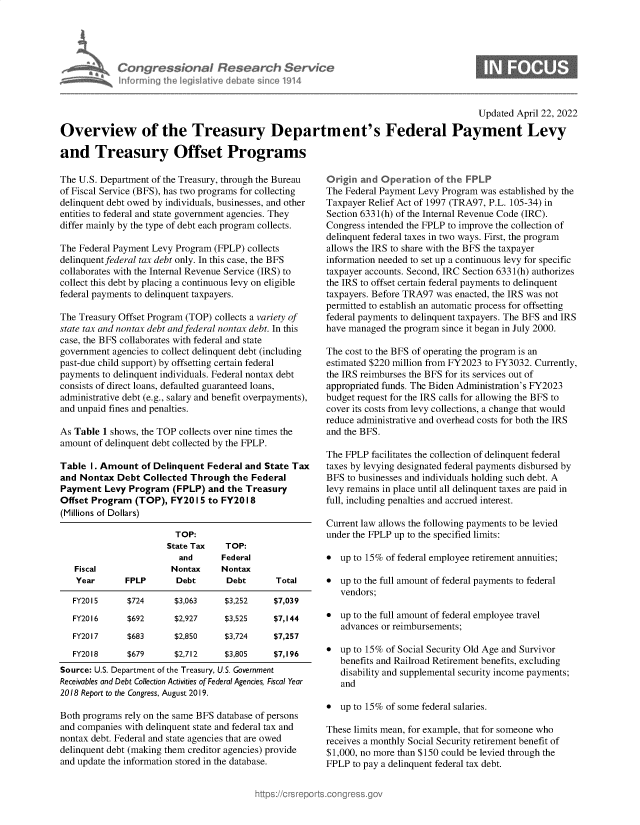 handle is hein.crs/govehlh0001 and id is 1 raw text is: Congre s&ona R Fesedrch Ser/ce
hnorming Ahej  ilive debatem  osine114

Updated April 22, 2022
Overview of the Treasury Department's Federal Payment Levy
and Treasury Offset Programs

The U.S. Department of the Treasury, through the Bureau
of Fiscal Service (BFS), has two programs for collecting
delinquent debt owed by individuals, businesses, and other
entities to federal and state government agencies. They
differ mainly by the type of debt each program collects.
The Federal Payment Levy Program (FPLP) collects
delinquentfederal tax debt only. In this case, the BFS
collaborates with the Internal Revenue Service (IRS) to
collect this debt by placing a continuous levy on eligible
federal payments to delinquent taxpayers.
The Treasury Offset Program (TOP) collects a variety of
state tax and nontax debt and federal nontax debt. In this
case, the BFS collaborates with federal and state
government agencies to collect delinquent debt (including
past-due child support) by offsetting certain federal
payments to delinquent individuals. Federal nontax debt
consists of direct loans, defaulted guaranteed loans,
administrative debt (e.g., salary and benefit overpayments),
and unpaid fines and penalties.
As Table 1 shows, the TOP collects over nine times the
amount of delinquent debt collected by the FPLP.
Table I. Amount of Delinquent Federal and State Tax
and Nontax Debt Collected Through the Federal
Payment Levy Program (FPLP) and the Treasury
Offset Program (TOP), FY20 15 to FY20 18
(Millions of Dollars)
TOP:
State Tax   TOP:
and      Federal
Fiscal              Nontax     Nontax
Year      FPLP       Debt       Debt      Total
FY2015     $724      $3,063     $3,252    $7,039
FY2016     $692      $2,927     $3,525    $7,144
FY2017     $683      $2,850     $3,724    $7,257
FY2018     $679      $2,712     $3,805    $7 196
Source: U.S. Department of the Treasury, U.S. Government
Receivables and Debt Collection Activities of Federal Agencies, Fiscal Year
2018 Report to the Congress, August 2019.
Both programs rely on the same BFS database of persons
and companies with delinquent state and federal tax and
nontax debt. Federal and state agencies that are owed
delinquent debt (making them creditor agencies) provide
and update the information stored in the database.

Origin an d Operation of the FPLP
The Federal Payment Levy Program was established by the
Taxpayer Relief Act of 1997 (TRA97, P.L. 105-34) in
Section 6331(h) of the Internal Revenue Code (IRC).
Congress intended the FPLP to improve the collection of
delinquent federal taxes in two ways. First, the program
allows the IRS to share with the BFS the taxpayer
information needed to set up a continuous levy for specific
taxpayer accounts. Second, IRC Section 6331(h) authorizes
the IRS to offset certain federal payments to delinquent
taxpayers. Before TRA97 was enacted, the IRS was not
permitted to establish an automatic process for offsetting
federal payments to delinquent taxpayers. The BFS and IRS
have managed the program since it began in July 2000.
The cost to the BFS of operating the program is an
estimated $220 million from FY2023 to FY3032. Currently,
the IRS reimburses the BFS for its services out of
appropriated funds. The Biden Administration's FY2023
budget request for the IRS calls for allowing the BFS to
cover its costs from levy collections, a change that would
reduce administrative and overhead costs for both the IRS
and the BFS.
The FPLP facilitates the collection of delinquent federal
taxes by levying designated federal payments disbursed by
BFS to businesses and individuals holding such debt. A
levy remains in place until all delinquent taxes are paid in
full, including penalties and accrued interest.
Current law allows the following payments to be levied
under the FPLP up to the specified limits:
* up to 15% of federal employee retirement annuities;
* up to the full amount of federal payments to federal
vendors;
* up to the full amount of federal employee travel
advances or reimbursements;
* up to 15% of Social Security Old Age and Survivor
benefits and Railroad Retirement benefits, excluding
disability and supplemental security income payments;
and
* up to 15% of some federal salaries.
These limits mean, for example, that for someone who
receives a monthly Social Security retirement benefit of
$1,000, no more than $150 could be levied through the
FPLP to pay a delinquent federal tax debt.


