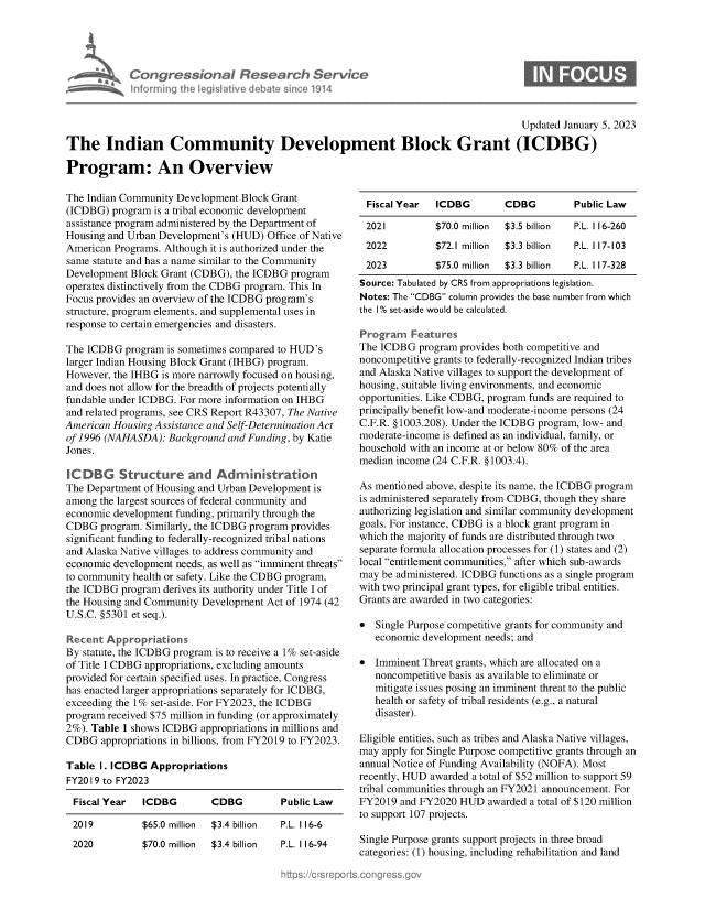 handle is hein.crs/govekbe0001 and id is 1 raw text is: nforming ii

Updated January 5, 2023
The Indian Community Development Block Grant (ICDBG)
Program: An Overview

The Indian Community Development Block Grant
(ICDBG) program is a tribal economic development
assistance program administered by the Department of
Housing and Urban Development's (HUD) Office of Native
American Programs. Although it is authorized under the
same statute and has a name similar to the Community
Development Block Grant (CDBG), the ICDBG program
operates distinctively from the CDBG program. This In
Focus provides an overview of the ICDBG program's
structure, program elements, and supplemental uses in
response to certain emergencies and disasters.
The ICDBG program is sometimes compared to HUD's
larger Indian Housing Block Grant (IHBG) program.
However, the IHBG is more narrowly focused on housing,
and does not allow for the breadth of projects potentially
fundable under ICDBG. For more information on IHBG
and related programs, see CRS Report R43307, The Native
American Housing Assistance and Self-Determination Act
of 1996 (NAHASDA): Background and Funding, by Katie
Jones.
IC DBG Structure and Administraon
The Department of Housing and Urban Development is
among the largest sources of federal community and
economic development funding, primarily through the
CDBG program. Similarly, the ICDBG program provides
significant funding to federally-recognized tribal nations
and Alaska Native villages to address community and
economic development needs, as well as imminent threats
to community health or safety. Like the CDBG program,
the ICDBG program derives its authority under Title I of
the Housing and Community Development Act of 1974 (42
U.S.C. §5301 et seq.).
Recent Appropriations
By statute, the ICDBG program is to receive a 1% set-aside
of Title I CDBG appropriations, excluding amounts
provided for certain specified uses. In practice, Congress
has enacted larger appropriations separately for ICDBG,
exceeding the 1% set-aside. For FY2023, the ICDBG
program received $75 million in funding (or approximately
2%). Table 1 shows ICDBG appropriations in millions and
CDBG appropriations in billions, from FY2019 to FY2023.
Table I. ICDBG Appropriations
FY20 I 9 to FY2023
Fiscal Year  ICDBG       CDBG         Public Law

2019

$65.0 million  $3.4  billion

2020         $70.0 million  $3.4 billion

P.L. 116-6
P.L. 116-94

Fiscal Year  ICDBG       CDBG         Public Law
2021         $70.0 million  $3.5 billion  P.L. 116-260
2022         $72. I million  $3.3 billion  P.L. 117-103
2023         $75.0 million  $3.3 billion  P.L. 117-328
Source: Tabulated by CRS from appropriations legislation.
Notes: The CDBG column provides the base number from which
the 1% set-aside would be calculated.
Program Features
The ICDBG program provides both competitive and
noncompetitive grants to federally-recognized Indian tribes
and Alaska Native villages to support the development of
housing, suitable living environments, and economic
opportunities. Like CDBG, program funds are required to
principally benefit low-and moderate-income persons (24
C.F.R. §1003.208). Under the ICDBG program, low- and
moderate-income is defined as an individual, family, or
household with an income at or below 80% of the area
median income (24 C.F.R. §1003.4).
As mentioned above, despite its name, the ICDBG program
is administered separately from CDBG, though they share
authorizing legislation and similar community development
goals. For instance, CDBG is a block grant program in
which the majority of funds are distributed through two
separate formula allocation processes for (1) states and (2)
local entitlement communities, after which sub-awards
may be administered. ICDBG functions as a single program
with two principal grant types, for eligible tribal entities.
Grants are awarded in two categories:
* Single Purpose competitive grants for community and
economic development needs; and
* Imminent Threat grants, which are allocated on a
noncompetitive basis as available to eliminate or
mitigate issues posing an imminent threat to the public
health or safety of tribal residents (e.g., a natural
disaster).
Eligible entities, such as tribes and Alaska Native villages,
may apply for Single Purpose competitive grants through an
annual Notice of Funding Availability (NOFA). Most
recently, HUD awarded a total of $52 million to support 59
tribal communities through an FY2021 announcement. For
FY2019 and FY2020 HUD awarded a total of $120 million
to support 107 projects.
Single Purpose grants support projects in three broad
categories: (1) housing, including rehabilitation and land

dionaI Rese rch Service
led Ilive I Amte sin co1914


