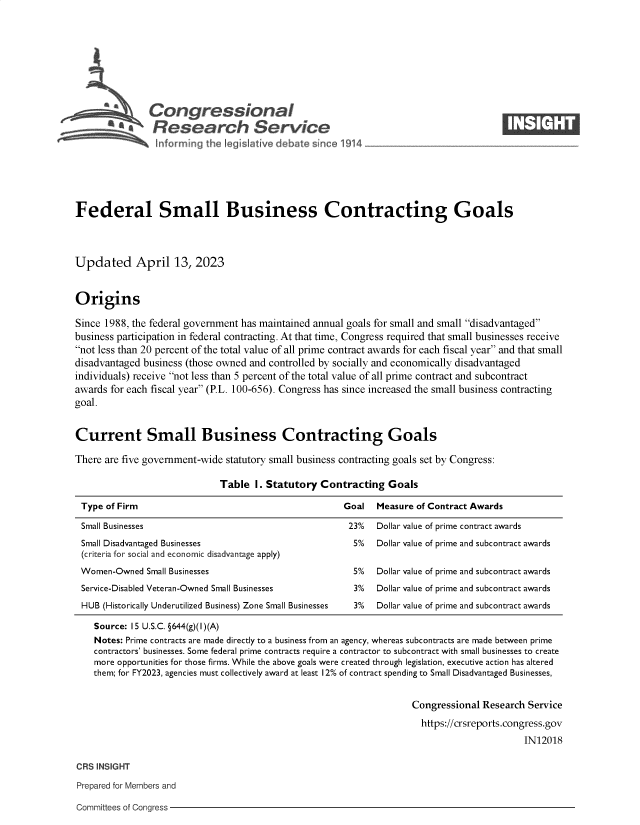 handle is hein.crs/govelgl0001 and id is 1 raw text is: 








               Congressional                                                         ____
           A*Research Service






Federal Small Business Contracting Goals



Updated April 13, 2023


Origins

Since 1988, the federal government has maintained annual goals for small and small disadvantaged
business participation in federal contracting. At that time, Congress required that small businesses receive
not less than 20 percent of the total value of all prime contract awards for each fiscal year and that small
disadvantaged business (those owned and controlled by socially and economically disadvantaged
individuals) receive not less than 5 percent of the total value of all prime contract and subcontract
awards for each fiscal year (P.L. 100-656). Congress has since increased the small business contracting
goal.


Current Small Business Contracting Goals

There are five government-wide statutory small business contracting goals set by Congress:

                             Table  I. Statutory Contracting   Goals

 Type of Firm                                         Goal  Measure of Contract Awards
 Small Businesses                                      23%  Dollar value of prime contract awards
 Small Disadvantaged Businesses                         5%  Dollar value of prime and subcontract awards
 (criteria for social and economic disadvantage apply)
 Women-Owned  Small Businesses                          5%  Dollar value of prime and subcontract awards
 Service-Disabled Veteran-Owned Small Businesses        3%  Dollar value of prime and subcontract awards
 HUB  (Historically Underutilized Business) Zone Small Businesses  3%  Dollar value of prime and subcontract awards

    Source: 15 U.S.C. §644(g)(1)(A)
    Notes: Prime contracts are made directly to a business from an agency, whereas subcontracts are made between prime
    contractors' businesses. Some federal prime contracts require a contractor to subcontract with small businesses to create
    more opportunities for those firms. While the above goals were created through legislation, executive action has altered
    them; for FY2023, agencies must collectively award at least 12% of contract spending to Small Disadvantaged Businesses,


                                                                   Congressional  Research Service
                                                                     https://crsreports.congress.gov
                                                                                          IN12018


CRS INSIGHT
Prepared for Members and


Committees of Congress


