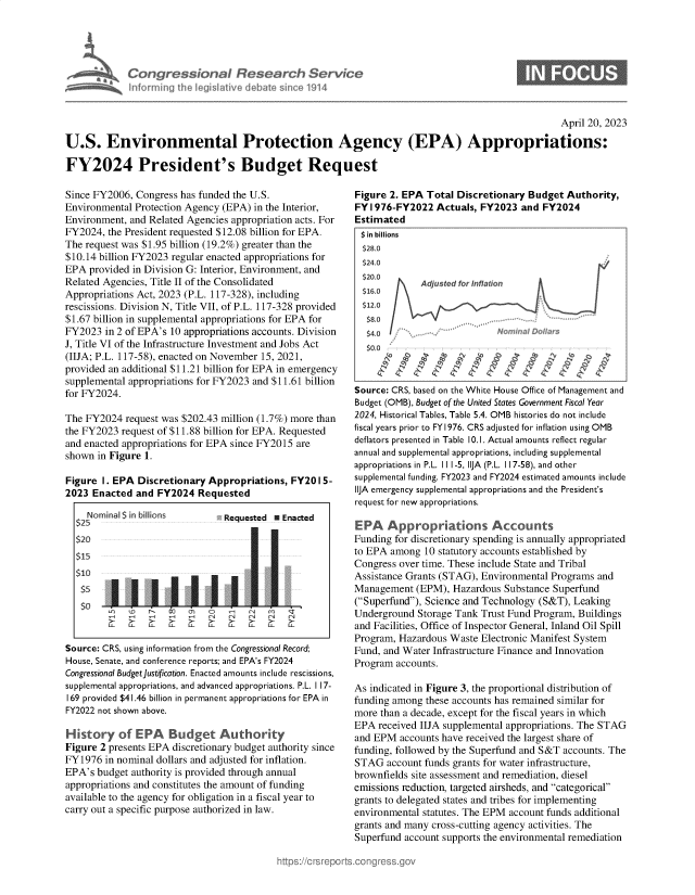 handle is hein.crs/govelil0001 and id is 1 raw text is: 





Congressional Research Service
inforrning the legislative debate since 1914


0


                                                                                                    April 20, 2023

U.S. Environmental Protection Agency (EPA) Appropriations:

FY2024 President's Budget Request


Since FY2006, Congress has funded the U.S.
Environmental Protection Agency (EPA) in the Interior,
Environment, and Related Agencies appropriation acts. For
FY2024,  the President requested $12.08 billion for EPA.
The request was $1.95 billion (19.2%) greater than the
$10.14 billion FY2023 regular enacted appropriations for
EPA  provided in Division G: Interior, Environment, and
Related Agencies, Title II of the Consolidated
Appropriations Act, 2023 (P.L. 117-328), including
rescissions. Division N, Title VII, of P.L. 117-328 provided
$1.67 billion in supplemental appropriations for EPA for
FY2023  in 2 of EPA's 10 appropriations accounts. Division
J, Title VI of the Infrastructure Investment and Jobs Act
(IIJA; P.L. 117-58), enacted on November 15, 2021,
provided an additional $11.21 billion for EPA in emergency
supplemental appropriations for FY2023 and $11.61 billion
for FY2024.

The FY2024  request was $202.43 million (1.7%) more than
the FY2023 request of $11.88 billion for EPA. Requested
and enacted appropriations for EPA since FY2015 are
shown  in Figure 1.

Figure  1. EPA Discretionary Appropriations,  FY2015-
2023  Enacted and  FY2024  Requested

    Nominal $ in billions      R Requested M Enacted
  $25
  $20
  $15
  $10
  $5

         IL  tD  f.  Na  `r  o   CAA c4  c I


Source: CRS, using information from the Congressional Record;
House, Senate, and conference reports; and EPA's FY2024
Congressional BudgetJustification. Enacted amounts include rescissions,
supplemental appropriations, and advanced appropriations. P.L. 117-
169 provided $41.46 billion in permanent appropriations for EPA in
FY2022 not shown above.

H  istory  of E PA   Budget Authority
Figure 2 presents EPA discretionary budget authority since
FY1976  in nominal dollars and adjusted for inflation.
EPA's  budget authority is provided through annual
appropriations and constitutes the amount of funding
available to the agency for obligation in a fiscal year to
carry out a specific purpose authorized in law.


Figure 2. EPA  Total Discretionary Budget  Authority,
FYI 976-FY2022   Actuals, FY2023  and FY2024
Estimated
    in billions
   z2. o

   $00



   So

   $0.0



Source: CRS, based on the White House Office of Management and
Budget (OMB), Budget of the United States Government Fiscal Year
2024, Historical Tables, Table 5.4. OMB histories do not include
fiscal years prior to FY 1 976. CRS adjusted for inflation using OMB
deflators presented in Table 10.1. Actual amounts reflect regular
annual and supplemental appropriations, including supplemental
appropriations in P.L. 111 -5, IIJA (P.L. 1 17-58), and other
supplemental funding. FY2023 and FY2024 estimated amounts include
IIJA emergency supplemental appropriations and the President's
request for new appropriations.


Funding for discretionary spending is annually appropriated
to EPA among  10 statutory accounts established by
Congress over time. These include State and Tribal
Assistance Grants (STAG), Environmental Programs and
Management   (EPM), Hazardous Substance Superfund
(Superfund), Science and Technology (S&T), Leaking
Underground  Storage Tank Trust Fund Program, Buildings
and Facilities, Office of Inspector General, Inland Oil Spill
Program, Hazardous Waste  Electronic Manifest System
Fund, and Water Infrastructure Finance and Innovation
Program accounts.

As indicated in Figure 3, the proportional distribution of
funding among these accounts has remained similar for
more than a decade, except for the fiscal years in which
EPA  received IIJA supplemental appropriations. The STAG
and EPM  accounts have received the largest share of
funding, followed by the Superfund and S&T accounts. The
STAG   account funds grants for water infrastructure,
brownfields site assessment and remediation, diesel
emissions reduction, targeted airsheds, and categorical
grants to delegated states and tribes for implementing
environmental statutes. The EPM account funds additional
grasand   many  cross-cutting agency activities. The
Superfund account supports the environmental remediation


