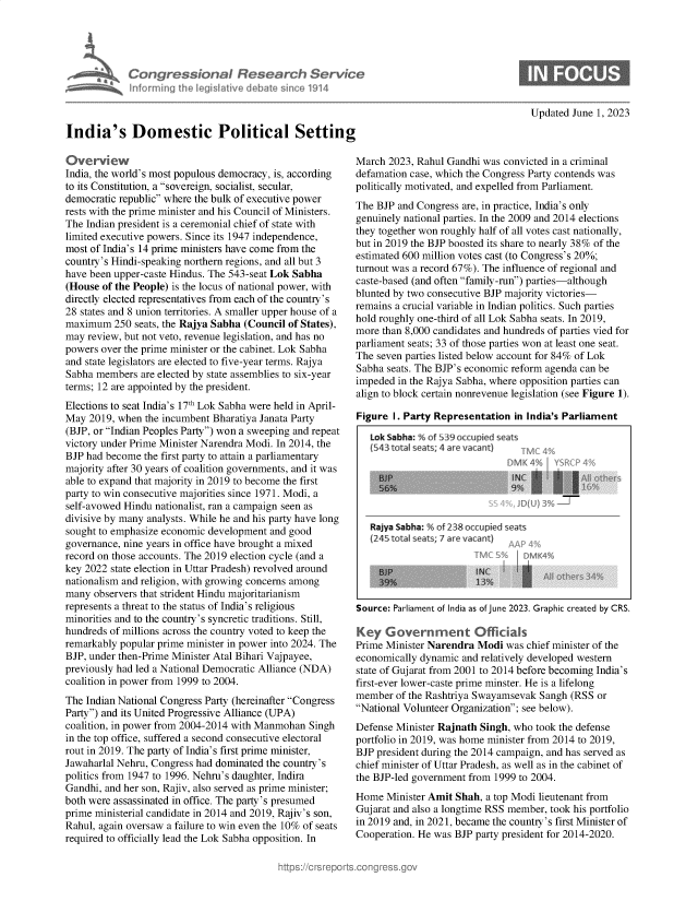 handle is hein.crs/govelvp0001 and id is 1 raw text is: 





             Congressional Research Service
             inferming the legislative debate sin'o 1914



India's Domestic Political Setting


Updated June 1, 2023


Overview
India, the world's most populous democracy, is, according
to its Constitution, a sovereign, socialist, secular,
democratic republic where the bulk of executive power
rests with the prime minister and his Council of Ministers.
The Indian president is a ceremonial chief of state with
limited executive powers. Since its 1947 independence,
most of India's 14 prime ministers have come from the
country's Hindi-speaking northern regions, and all but 3
have been upper-caste Hindus. The 543-seat Lok Sabha
(House  of the People) is the locus of national power, with
directly elected representatives from each of the country's
28 states and 8 union territories. A smaller upper house of a
maximum   250 seats, the Rajya Sabha (Council of States),
may  review, but not veto, revenue legislation, and has no
powers over the prime minister or the cabinet. Lok Sabha
and state legislators are elected to five-year terms. Rajya
Sabha members  are elected by state assemblies to six-year
terms; 12 are appointed by the president.
Elections to seat India's 17th Lok Sabha were held in April-
May  2019, when the incumbent Bharatiya Janata Party
(BJP, or Indian Peoples Party) won a sweeping and repeat
victory under Prime Minister Narendra Modi. In 2014, the
BJP had become  the first party to attain a parliamentary
majority after 30 years of coalition governments, and it was
able to expand that majority in 2019 to become the first
party to win consecutive majorities since 1971. Modi, a
self-avowed Hindu nationalist, ran a campaign seen as
divisive by many analysts. While he and his party have long
sought to emphasize economic development and good
governance, nine years in office have brought a mixed
record on those accounts. The 2019 election cycle (and a
key 2022 state election in Uttar Pradesh) revolved around
nationalism and religion, with growing concerns among
many  observers that strident Hindu majoritarianism
represents a threat to the status of India's religious
minorities and to the country's syncretic traditions. Still,
hundreds of millions across the country voted to keep the
remarkably popular prime minister in power into 2024. The
BJP, under then-Prime Minister Atal Bihari Vajpayee,
previously had led a National Democratic Alliance (NDA)
coalition in power from 1999 to 2004.
The Indian National Congress Party (hereinafter Congress
Party) and its United Progressive Alliance (UPA)
coalition, in power from 2004-2014 with Manmohan Singh
in the top office, suffered a second consecutive electoral
rout in 2019. The party of India's first prime minister,
Jawaharlal Nehru, Congress had dominated the country's
politics from 1947 to 1996. Nehru's daughter, Indira
Gandhi, and her son, Rajiv, also served as prime minister;
both were assassinated in office. The party's presumed
prime ministerial candidate in 2014 and 2019, Rajiv's son,
Rahul, again oversaw a failure to win even the 10% of seats
required to officially lead the Lok Sabha opposition. In


March  2023, Rahul Gandhi was convicted in a criminal
defamation case, which the Congress Party contends was
politically motivated, and expelled from Parliament.
The BJP  and Congress are, in practice, India's only
genuinely national parties. In the 2009 and 2014 elections
they together won roughly half of all votes cast nationally,
but in 2019 the BJP boosted its share to nearly 38% of the
estimated 600 million votes cast (to Congress's 20%;
turnout was a record 67%). The influence of regional and
caste-based (and often family-run) parties-although
blunted by two consecutive BJP majority victories-
remains a crucial variable in Indian politics. Such parties
hold roughly one-third of all Lok Sabha seats. In 2019,
more than 8,000 candidates and hundreds of parties vied for
parliament seats; 33 of those parties won at least one seat.
The seven parties listed below account for 84% of Lok
Sabha seats. The BJP's economic reform agenda can be
impeded  in the Rajya Sabha, where opposition parties can
align to block certain nonrevenue legislation (see Figure 1).

Figure  I. Party Representation in India's Parliament

   ok Sabha: % of 539 occupied seats
   (543 total seats; 4 are vacant) TM( 4



                      sss   sz& 4% 9% ) %

   Rajya Sabha: % of 238 occupied seats
   (245 total seats; 7 are vacant) AAP 4%
                        TMC 5%JDMK4%



Source: Parliament of India as of June 2023. Graphic created by CRS.

Key   G   vernment Officials
Prime Minister Narendra  Modi was chief minister of the
economically dynamic and relatively developed western
state of Gujarat from 2001 to 2014 before becoming India's
first-ever lower-caste prime minster. He is a lifelong
member  of the Rashtriya Swayamsevak Sangh (RSS  or
National Volunteer Organization; see below).
Defense Minister Rajnath Singh, who took the defense
portfolio in 2019, was home minister from 2014 to 2019,
BJP president during the 2014 campaign, and has served as
chief minister of Uttar Pradesh, as well as in the cabinet of
the BJP-led government from 1999 to 2004.
Home  Minister Amit Shah, a top Modi lieutenant from
Gujarat and also a longtime RSS member, took his portfolio
in 2019 and, in 2021, became the country's first Minister of
Cooperation. He was BJP party president for 2014-2020.


