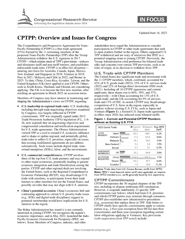 handle is hein.crs/govelyy0001 and id is 1 raw text is: 





            Congressional Research Service
            Informing Ih  legisIative debame since 1914




CPTPP: Overview and Issues for Congress


The Comprehensive  and Progressive Agreement for Trans-
Pacific Partnership (CPTPP) is a free trade agreement
(FTA) formed by the 11 remaining members of the
proposed Trans-Pacific Partnership (TPP) after the Trump
Administration withdrew the U.S. signature in 2017.
CPTPP-which retains   most of TPP's provisions-reduces
and eliminates tariff and non-tariff barriers, and establishes
enforceable trade rules. CPTPP is in effect for all parties-
entering into force for Australia, Canada, Japan, Mexico,
New  Zealand, and Singapore in 2018; Vietnam in 2019;
Peru in 2021; Malaysia and Chile in 2022; and Brunei in
2023. To date, China, Costa Rica, Ecuador, Taiwan, and the
United Kingdom  (UK) have applied to join CPTPP. Others
such as South Korea, Thailand, and Ukraine are considering
applying. The UK is to become the first new member, after
reaching an agreement in March 2023 on accession terms.
Members  of Congress may have interest in monitoring and
shaping the Administration's views on CPTPP, regarding
  U.S. leadership in regional trade rules. U.S. leadership,
   including through trade negotiating objectives mandated
   by Congress, was largely reflected in CPTPP
   commitments.  TPP was originally signed under 2015
   Trade Promotion Authority (TPA) legislation (P.L. 114-
   26, now expired) that set negotiating objectives and
   congressional consultation and notification requirements
   for U.S. trade agreements. The Obama Administration
   viewed TPP  as a tool to extend U.S. economic influence
   and to shape or update regional, and potentially global,
   trade rules to reflect U.S. priorities, especially on issues
   that existing multilateral agreements do not address
   substantively. Such issues include digital trade, state-
   owned  enterprises (SOEs), labor, and the environment.

*  U.S. commercial competitiveness. CPTPP involves
   three of the top four U.S. trade partners and may expand
   to other major economies, potentially leading to greater
   economic  integration and trade liberalization among the
   parties. CPTPP and other regional deals not involving
   the United States, such as the Regional Comprehensive
   Economic  Partnership (RCEP), may disadvantage U.S.
   trade with members, as participants lower their trade
   barriers to other members but not the United States, and
   possibly set rules that may not align with U.S. interests.

*  China's potential accession. China's economic heft and
   contrasting approach to certain U.S. priority trade issues
   (e.g., SOEs and digital trade disciplines) suggest its
   potential membership would have implications for U.S.
   interests in the region.

The Biden Administration has stated it is not currently
interested in joining CPTPP, but recognizes the region's
economic importance, and in May 2022, launched the Indo-
Pacific Economic Framework  for Prosperity (IPEF, see
below). Some Members  of Congress, industry, and other


Updated June 16, 2023


stakeholders have urged the Administration to consider
participation in CPTPP or other trade agreements that seek
to open markets further in the region. Others supported U.S.
TPP  withdrawal and are wary of initiatives like IPEF as a
potential stepping-stone to joining CPTPP. Previously, the
Trump  Administration cited preference for bilateral trade
talks and concerns over certain TPP provisions, such as on
rules of origin, in its decision to withdraw from TPP.

U.S.  Trade with C PT PP Members
The United States has significant trade and investment with
the 11 CPTPP members,  which, combined, accounted for
42%  of U.S. goods trade (2022), 23% of U.S. services trade
(2022) and 22% of foreign direct investment (FDI) stock
(2021). Including all 16 CPTPP signatories and current
applicants, these shares rise to 60%, 39%, and 37%,
respectively-with China accounting for 13% of U.S.
goods trade, and the UK accounting for 9% of services
trade and 13% of FDI. As noted, CPTPP may disadvantage
competition of U.S. firms in the region, especially in
markets without existing U.S. FTAs, such as Japan and
Vietnam (Figure 1); a limited U.S.-Japan trade agreement,
in effect since 2020, has reduced some bilateral tariffs.
Figure  I. Current and Potential CPTPP  Members
without an  Existing U.S. FTA
   2022 Goods Trade          Et              Avg. MFN
                                 _    ($bn)   Tariff
   CPTPP      Japan          8  2      4$      4.2%
   MEMBERS
            Vietnam             4      27S     9,6%
            Malaysia                   54      56%
        NewZealand              2              1.9%
             Brunei                            03%
   AGREEMENT
   IN PRINCIPLE UK                             3.%
   ACCESSON   China                            7.5%
   REQUESTED
             Taiwan                            66%
             Ecuador                          11.2%
Source: Trade data from U.S. Census Bureau, tariffs from WTO.
Note: MFN = most-favored nation tariff rates applicable on imports
from WTO  members (i.e., tariffs generally faced by U.S. exporters).

CPTPP Commitments
CPTPP  incorporates the 30 original chapters of the TPP
text, including its dispute settlement (DS) mechanism.
However, it suspends indefinitely 22 specific TPP
commitments  (see below), which had been U.S. priorities
and which CPTPP  parties may reinstate through consensus.
CPTPP  also establishes new administrative procedures
(e.g., accession) that replace those in TPP. Side letters to
CPTPP  clarify how specific commitments apply to certain
parties (e.g., a five-year exemption from DS for data flow
commitments  and three-year exemption regarding certain
labor obligations applying to Vietnam). Key provisions
(with suspensions from TPP noted) include:


