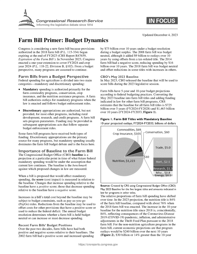 handle is hein.crs/govenpn0001 and id is 1 raw text is: 





        F Congressional Research Service
             n forrning thi legislative debate sinc e 1914




Farm Bill Primer: Budget Dynamics


Updated December  4, 2023


Congress is considering a new farm bill because provisions
authorized in the 2018 farm bill (P.L. 115-334) began
expiring at the end of FY2023 (CRS Report R47659,
Expiration of the Farm Bill ). In November 2023, Congress
enacted a one-year extension to cover FY2024 and crop
year 2024 (P.L. 118-22, Division B, §102). From a budget
perspective, many programs are assumed to continue.

Farm Bills from a Budget Perspective
Federal spending for agriculture is divided into two main
categories-mandatory  and discretionary spending:
*  Mandatory   spending is authorized primarily for the
   farm commodity  programs, conservation, crop
   insurance, and the nutrition assistance programs. A farm
   bill authorizes outlays for mandatory programs when the
   law is enacted and follows budget enforcement rules.

*  Discretionary appropriations are authorized, but not
   provided, for most other programs, including rural
   development, research, and credit programs. A farm bill
   sets program parameters. Funding may be provided in
   subsequent appropriations acts that follow separate
   budget enforcement rules.
Some  farm bill programs have received both types of
funding. Discretionary appropriations are the primary
source for many programs, but mandatory spending usually
dominates the farm bill budget debate and is the focus here.

Importance of Baseline to the Farm Bill
The Congressional Budget Office (CBO) baseline is a
projection at a particular point in time of what future federal
mandatory  spending would be under the assumption that
current law continues. The baseline is the benchmark
against which proposed changes in law are measured.

When  a bill is proposed that would affect mandatory
spending, the score (cost impact) is measured in relation to
the baseline. Changes that increase spending relative to the
baseline have a positive score; those that decrease spending
relative to the baseline have a negative score.

Increases in a bill's total cost beyond the baseline may be
subject to budget constraints, such as pay-as-you-go
(PayGo) rules. Reductions from the baseline may be used to
offset costs for other provisions that have a positive score or
used to reduce the federal deficit. The annual budget
resolution determines whether a farm bill is held budget
neutral or can increase or must decrease spending.

Recent  Farm   Bills' Budget Positions
Over the past two decades, farm bills have had both
positive and negative scores relative to their baselines. The
2002 farm bill had a positive score and increased spending


by $73 billion over 10 years under a budget resolution
during a budget surplus. The 2008 farm bill was budget
neutral, although it added $9 billion to outlays over 10
years by using offsets from a tax-related title. The 2014
farm bill had a negative score, reducing spending by $16
billion over 10 years. The 2018 farm bill was budget neutral
and offset reductions in some titles with increases in others.

CBO's   May  2023 Baseline
In May 2023, CBO  released the baseline that will be used to
score bills during the 2023 legislative session.

Farm bills have 5-year and 10-year budget projections
according to federal budgeting practices. Converting the
May  2023 baseline into farm bill titles and adding funding
indicated in law for other farm bill programs, CRS
estimates that the baseline for all farm bill titles is $725
billion over 5 years (FY2024-FY2028) and $1,463 billion
over 10 years (FY2024-FY2033,  Figure 1).

Figure  I. Farm Bill Titles with Mandatory Baseline
10-year projected outlays, FY2024-FY2033, billions of dollars


   Commodities, $69
Crop Insurance, $101


-Conservation, $60

  F: $


10


Source: Created by CRS using Congressional Budget Office (CBO)
May 2023 Baseline for the five largest titles and amounts indicated in
law for programs in other titles.
The relative proportions of farm bill spending have shifted
over time. In the 2023 projection, the nutrition title is 84%
of the farm bill baseline, compared with about 76% when
the 2018 farm bill was enacted. The increase in the 10-year
baseline for the nutrition title since 2018 is, coincidentally,
84%, reflecting consequences of the Coronavirus Disease
2019 (COVID-19)   pandemic, inflation, and administrative
adjustments in the Thrift Food Plan pursuant to the 2018
farm bill. For the non-nutrition agriculture programs in the
farm bill, current economic projections are that program
outlays would be $240 billion over the next 10 years
(Figure 2), $30 billion or 14% greater than the 10-year



