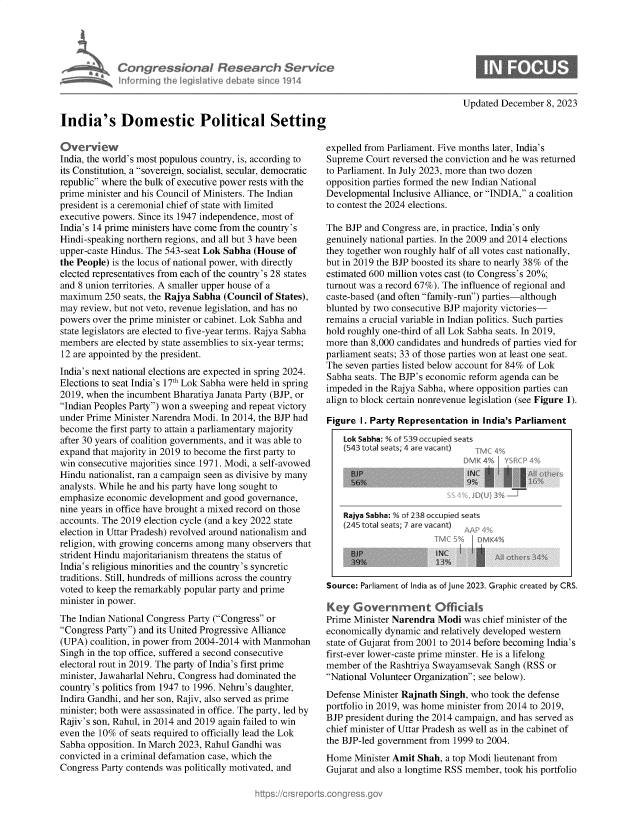 handle is hein.crs/govenrd0001 and id is 1 raw text is: 





             Congressional Research Service
   Mrs naaminferming the legisative d bate sin'o 1914



India's Domestic Political Setting


Overview
India, the world's most populous country, is, according to
its Constitution, a sovereign, socialist, secular, democratic
republic where the bulk of executive power rests with the
prime minister and his Council of Ministers. The Indian
president is a ceremonial chief of state with limited
executive powers. Since its 1947 independence, most of
India's 14 prime ministers have come from the country's
Hindi-speaking northern regions, and all but 3 have been
upper-caste Hindus. The 543-seat Lok Sabha (House of
the People) is the locus of national power, with directly
elected representatives from each of the country's 28 states
and 8 union territories. A smaller upper house of a
maximum   250 seats, the Rajya Sabha (Council of States),
may  review, but not veto, revenue legislation, and has no
powers over the prime minister or cabinet. Lok Sabha and
state legislators are elected to five-year terms. Rajya Sabha
members  are elected by state assemblies to six-year terms;
12 are appointed by the president.
India's next national elections are expected in spring 2024.
Elections to seat India's 17th Lok Sabha were held in spring
2019, when the incumbent Bharatiya Janata Party (BJP, or
Indian Peoples Party) won a sweeping and repeat victory
under Prime Minister Narendra Modi. In 2014, the BJP had
become  the first party to attain a parliamentary majority
after 30 years of coalition governments, and it was able to
expand that majority in 2019 to become the first party to
win consecutive majorities since 1971. Modi, a self-avowed
Hindu nationalist, ran a campaign seen as divisive by many
analysts. While he and his party have long sought to
emphasize economic  development and good governance,
nine years in office have brought a mixed record on those
accounts. The 2019 election cycle (and a key 2022 state
election in Uttar Pradesh) revolved around nationalism and
religion, with growing concerns among many observers that
strident Hindu majoritarianism threatens the status of
India's religious minorities and the country's syncretic
traditions. Still, hundreds of millions across the country
voted to keep the remarkably popular party and prime
minister in power.
The Indian National Congress Party (Congress or
Congress Party) and its United Progressive Alliance
(UPA)  coalition, in power from 2004-2014 with Manmohan
Singh in the top office, suffered a second consecutive
electoral rout in 2019. The party of India's first prime
minister, Jawaharlal Nehru, Congress had dominated the
country's politics from 1947 to 1996. Nehru's daughter,
Indira Gandhi, and her son, Rajiv, also served as prime
minister; both were assassinated in office. The party, led by
Rajiv's son, Rahul, in 2014 and 2019 again failed to win
even the 10% of seats required to officially lead the Lok
Sabha opposition. In March 2023, Rahul Gandhi was
convicted in a criminal defamation case, which the
Congress Party contends was politically motivated, and


Updated December  8, 2023


expelled from Parliament. Five months later, India's
Supreme  Court reversed the conviction and he was returned
to Parliament. In July 2023, more than two dozen
opposition parties formed the new Indian National
Developmental  Inclusive Alliance, or INDIA, a coalition
to contest the 2024 elections.

The BJP  and Congress are, in practice, India's only
genuinely national parties. In the 2009 and 2014 elections
they together won roughly half of all votes cast nationally,
but in 2019 the BJP boosted its share to nearly 38% of the
estimated 600 million votes cast (to Congress's 20%;
turnout was a record 67%). The influence of regional and
caste-based (and often family-run) parties-although
blunted by two consecutive BJP majority victories-
remains a crucial variable in Indian politics. Such parties
hold roughly one-third of all Lok Sabha seats. In 2019,
more than 8,000 candidates and hundreds of parties vied for
parliament seats; 33 of those parties won at least one seat.
The seven parties listed below account for 84% of Lok
Sabha seats. The BJP's economic reform agenda can be
impeded  in the Rajya Sabha, where opposition parties can
align to block certain nonrevenue legislation (see Figure 1).

Figure  I. Party Representation in India's Parliament
    Lok Sabha: % of 539 occupied seats
    (543total seats; 4 are vacant)





    Rajya Sabha: % of 238 occupied seats
    (245 total seats; 7 are vacant)

                        i      I DMK4



Source: Parliament of India as of June 2023. Graphic created by CRS.

Key   Government Officials
Prime Minister Narendra  Modi was chief minister of the
economically dynamic and relatively developed western
state of Gujarat from 2001 to 2014 before becoming India's
first-ever lower-caste prime minster. He is a lifelong
member  of the Rashtriya Swayamsevak Sangh (RSS  or
National Volunteer Organization; see below).
Defense Minister Rajnath Singh, who took the defense
portfolio in 2019, was home minister from 2014 to 2019,
BJP president during the 2014 campaign, and has served as
chief minister of Uttar Pradesh as well as in the cabinet of
the BJP-led government from 1999 to 2004.
Home  Minister Amit Shah, a top Modi lieutenant from
Gujarat and also a longtime RSS member, took his portfolio



