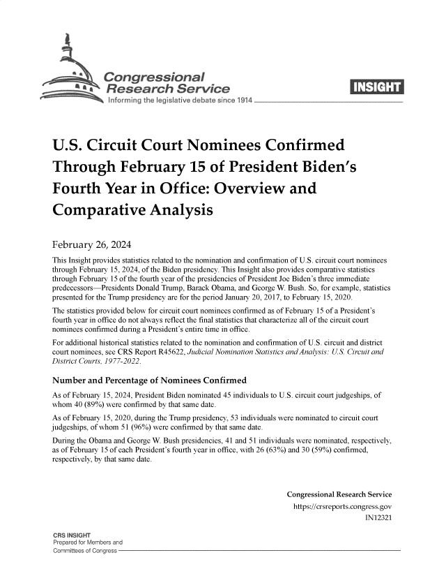 handle is hein.crs/goveokn0001 and id is 1 raw text is: 







             Congressional                                                  ____
          R ~fesearch Service






U.S. Circuit Court Nominees Confirmed

Through February 15 of President Biden's

Fourth Year in Office: Overview and

Comparative Analysis



February   26, 2024

This Insight provides statistics related to the nomination and confirmation of U.S. circuit court nominees
through February 15, 2024, of the Biden presidency. This Insight also provides comparative statistics
through February 15 of the fourth year of the presidencies of President Joe Biden's three immediate
predecessors-Presidents Donald Trump, Barack Obama, and George W. Bush. So, for example, statistics
presented for the Trump presidency are for the period January 20, 2017, to February 15, 2020.
The statistics provided below for circuit court nominees confirmed as of February 15 of a President's
fourth year in office do not always reflect the final statistics that characterize all of the circuit court
nominees confirmed during a President's entire time in office.
For additional historical statistics related to the nomination and confirmation of U.S. circuit and district
court nominees, see CRS Report R45622, Judicial Nomination Statistics and Analysis: U.S. Circuit and
District Courts, 1977-2022.

Number   and  Percentage of Nominees   Confirmed
As of February 15, 2024, President Biden nominated 45 individuals to U.S. circuit court judgeships, of
whom  40 (89%) were confirmed by that same date.
As of February 15, 2020, during the Trump presidency, 53 individuals were nominated to circuit court
judgeships, of whom 51 (96%) were confirmed by that same date.
During the Obama and George W. Bush presidencies, 41 and 51 individuals were nominated, respectively,
as of February 15 of each President's fourth year in office, with 26 (63%) and 30 (59%) confirmed,
respectively, by that same date.



                                                            Congressional Research Service
                                                              https://crsreports.congress.gov
                                                                                IN12321

CRS INSIGHT
Prepared for Members and
Committees of Congress



