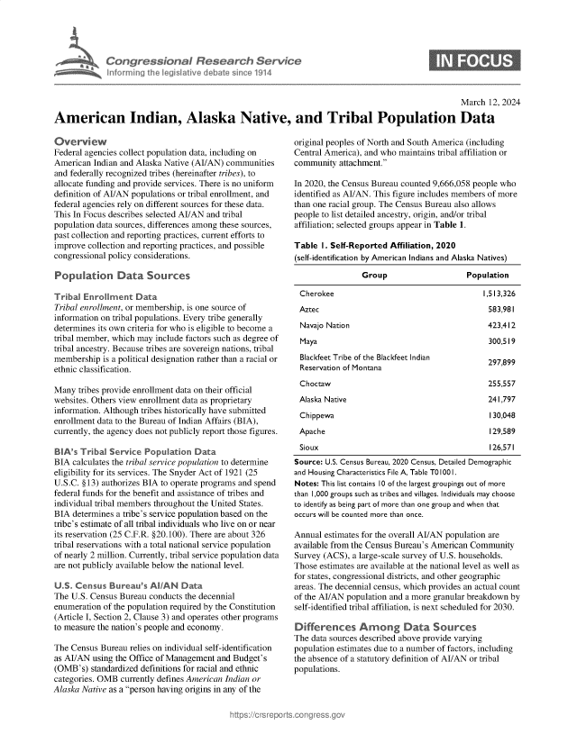 handle is hein.crs/goveoov0001 and id is 1 raw text is: 





Congressional Research Service
Informing the legislative debate since 1914


0


                                                                                                   March  12, 2024

American Indian, Alaska Native, and Tribal Population Data


Overview
Federal agencies collect population data, including on
American  Indian and Alaska Native (AI/AN) communities
and federally recognized tribes (hereinafter tribes), to
allocate funding and provide services. There is no uniform
definition of AI/AN populations or tribal enrollment, and
federal agencies rely on different sources for these data.
This In Focus describes selected Al/AN and tribal
population data sources, differences among these sources,
past collection and reporting practices, current efforts to
improve collection and reporting practices, and possible
congressional policy considerations.

Population Data Sources

Tribal Enrollment   Data
Tribal enrollment, or membership, is one source of
information on tribal populations. Every tribe generally
determines its own criteria for who is eligible to become a
tribal member, which may include factors such as degree of
tribal ancestry. Because tribes are sovereign nations, tribal
membership  is a political designation rather than a racial or
ethnic classification.

Many  tribes provide enrollment data on their official
websites. Others view enrollment data as proprietary
information. Although tribes historically have submitted
enrollment data to the Bureau of Indian Affairs (BIA),
currently, the agency does not publicly report those figures.

BIA's  Tribal Service Population  Data
BIA  calculates the tribal service population to determine
eligibility for its services. The Snyder Act of 1921 (25
U.S.C. §13) authorizes BIA to operate programs and spend
federal funds for the benefit and assistance of tribes and
individual tribal members throughout the United States.
BIA  determines a tribe's service population based on the
tribe's estimate of all tribal individuals who live on or near
its reservation (25 C.F.R. §20.100). There are about 326
tribal reservations with a total national service population
of nearly 2 million. Currently, tribal service population data
are not publicly available below the national level.

U .S. Census  Bureau's AlAN Data
The U.S. Census Bureau conducts the decennial
enumeration of the population required by the Constitution
(Article I, Section 2, Clause 3) and operates other programs
to measure the nation's people and economy.

The Census Bureau  relies on individual self-identification
as AI/AN using the Office of Management and Budget's
(OMB's)  standardized definitions for racial and ethnic
categories. OMB currently defines American Indian or
Alaska Native as a person having origins in any of the


original peoples of North and South America (including
Central America), and who maintains tribal affiliation or
community  attachment.

In 2020, the Census Bureau counted 9,666,058 people who
identified as AI/AN. This figure includes members of more
than one racial group. The Census Bureau also allows
people to list detailed ancestry, origin, and/or tribal
affiliation; selected groups appear in Table 1.

Table  I. Self-Reported Affiliation, 2020
(self-identification by American Indians and Alaska Natives)

                 Group                    Population

 Cherokee                                     1,513,326
 Aztec                                         583,981
 Navajo Nation                                 423,412
 Maya                                          300,519
 Blackfeet Tribe of the Blackfeet Indian       297,899
 Reservation of Montana
 Choctaw                                       255,557
 Alaska Native                                 241,797
 Chippewa                                       130,048
 Apache                                         129,589
 Sioux                                          126,571
 Source: U.S. Census Bureau, 2020 Census, Detailed Demographic
 and Housing Characteristics File A, Table T01001.
 Notes: This list contains 10 of the largest groupings out of more
 than 1,000 groups such as tribes and villages. Individuals may choose
 to identify as being part of more than one group and when that
 occurs will be counted more than once.

 Annual estimates for the overall AI/AN population are
 available from the Census Bureau's American Community
 Survey (ACS), a large-scale survey of U.S. households.
 Those estimates are available at the national level as well as
 for states, congressional districts, and other geographic
 areas. The decennial census, which provides an actual count
 of the AI/AN population and a more granular breakdown by
 self-identified tribal affiliation, is next scheduled for 2030.

 Differences Arong Data Sources
 The data sources described above provide varying
population estimates due to a number of factors, including
the absence of a statutory definition of AI/AN or tribal
populations.


