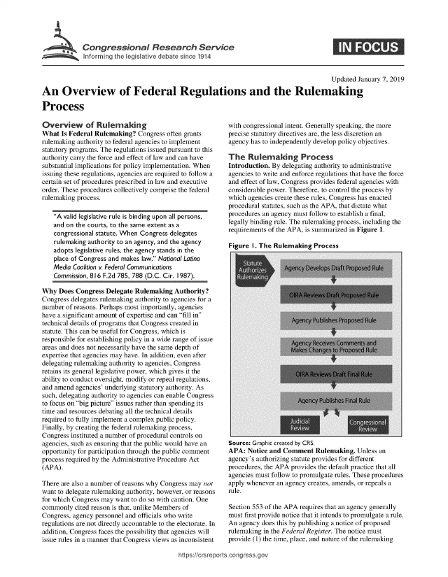 handle is hein.crs/govxxr0001 and id is 1 raw text is: 




ICongressional Research Service
n formingithe legislative debate sincel1914


                                                                                         Updated  January 7, 2019
An Overview of Federal Regulations and the Rulemaking

Process


Overview of Rulemaking
What  Is Federal Rulemaking?  Congress often grants
rulemaking authority to federal agencies to implement
statutory programs. The regulations issued pursuant to this
authority carry the force and effect of law and can have
substantial implications for policy implementation. When
issuing these regulations, agencies are required to follow a
certain set of procedures prescribed in law and executive
order. These procedures collectively comprise the federal
rulemaking process.

    A valid legislative rule is binding upon all persons,
    and on the courts, to the same extent as a
    congressional statute. When Congress delegates
    rulemaking authority to an agency, and the agency
    adopts legislative rules, the agency stands in the
    place of Congress and makes law. National Latino
    Media Coalition v. Federal Communications
    Commission, 81 6 F.2d 785, 788 (D.C. Cir. I 987).

Why  Does Congress  Delegate Rulemaking  Authority?
Congress delegates rulemaking authority to agencies for a
number of reasons. Perhaps most importantly, agencies
have a significant amount of expertise and can fill in
technical details of programs that Congress created in
statute. This can be useful for Congress, which is
responsible for establishing policy in a wide range of issue
areas and does not necessarily have the same depth of
expertise that agencies may have. In addition, even after
delegating rulemaking authority to agencies, Congress
retains its general legislative power, which gives it the
ability to conduct oversight, modify or repeal regulations,
and amend agencies' underlying statutory authority. As
such, delegating authority to agencies can enable Congress
to focus on big picture issues rather than spending its
time and resources debating all the technical details
required to fully implement a complex public policy.
Finally, by creating the federal rulemaking process,
Congress instituted a number of procedural controls on
agencies, such as ensuring that the public would have an
opportunity for participation through the public comment
process required by the Administrative Procedure Act
(APA).

There are also a number of reasons why Congress may not
want to delegate rulemaking authority, however, or reasons
for which Congress may want to do so with caution. One
commonly  cited reason is that, unlike Members of
Congress, agency personnel and officials who write
regulations are not directly accountable to the electorate. In
addition, Congress faces the possibility that agencies will
issue rules in a manner that Congress views as inconsistent


with congressional intent. Generally speaking, the more
precise statutory directives are, the less discretion an
agency has to independently develop policy objectives.

The   Rulemaking Process
Introduction. By delegating authority to administrative
agencies to write and enforce regulations that have the force
and effect of law, Congress provides federal agencies with
considerable power. Therefore, to control the process by
which agencies create these rules, Congress has enacted
procedural statutes, such as the APA, that dictate what
procedures an agency must follow to establish a final,
legally binding rule. The rulemaking process, including the
requirements of the APA, is summarized in Figure 1.


Figure I. The Rulemaking  Process


Source: Graphic created by CRS.
APA:  Notice and Comment   Rulemaking.  Unless an
agency's authorizing statute provides for different
procedures, the APA provides the default practice that all
agencies must follow to promulgate rules. These procedures
apply whenever an agency creates, amends, or repeals a
rule.

Section 553 of the APA requires that an agency generally
must first provide notice that it intends to promulgate a rule.
An agency does this by publishing a notice of proposed
rulemaking in the Federal Register. The notice must
provide (1) the time, place, and nature of the rulemaking


https://ctsreports.congress.go,


