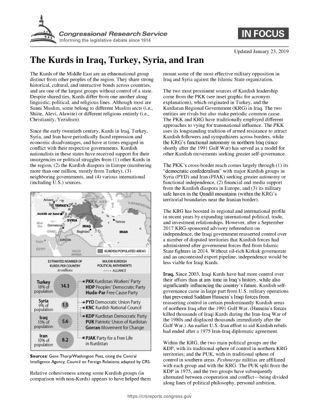 handle is hein.crs/govxzd0001 and id is 1 raw text is: 









The Kurds in Iraq, Turkey, Syria, and Iran


The Kurds of the Middle East are an ethnonational group
distinct from other peoples of the region. They share strong
historical, cultural, and interactive bonds across countries,
and are one of the largest groups without control of a state.
Despite shared ties, Kurds differ from one another along
linguistic, political, and religious lines. Although most are
Sunni Muslim, some  belong to different Muslim sects (i.e.,
Shiite, Alevi, Alawite) or different religions entirely (i.e.,
Christianity, Yezidism).

Since the early twentieth century, Kurds in Iraq, Turkey,
Syria, and Iran have periodically faced repression and
economic  disadvantages, and have at times engaged in
conflict with their respective governments. Kurdish
nationalists in these states have received support for their
insurgencies or political struggles from (1) other Kurds in
the region, (2) the Kurdish diaspora in Europe (numbering
more than one million, mostly from Turkey), (3)
neighboring governments, and (4) various international
(including U.S.) sources.


Sources: Gene Thorp/Washington Post, citing the Central
Intelligence Agency; Council on Foreign Relations; adapted by CRS.

Relative cohesiveness among some Kurdish groups (in
comparison with non-Kurds) appears to have helped them


Updated January 23, 2019


mount  some of the most effective military opposition in
Iraq and Syria against the Islamic State organization.

The two most prominent  sources of Kurdish leadership
come  from the PKK (see inset graphic for acronym
explanations), which originated in Turkey, and the
Kurdistan Regional Government  (KRG)  in Iraq. The two
entities are rivals but also make periodic common cause.
The PKK   and KRG  have traditionally employed different
approaches to vying for transnational influence. The PKK
uses its longstanding tradition of armed resistance to attract
Kurdish followers and sympathizers across borders, while
the KRG's  functional autonomy in northern Iraq (since
shortly after the 1991 Gulf War) has served as a model for
other Kurdish movements  seeking greater self-governance.

The PKK's  cross-border reach comes largely through (1) its
democratic confederalism with major Kurdish groups in
Syria (PYD) and Iran (PJAK) seeking greater autonomy or
functional independence, (2) financial and media support
from the Kurdish diaspora in Europe, and (3) its military
safe haven in the Qandil mountains (within the KRG's
territorial boundaries near the Iranian border).

The KRG   has boosted its regional and international profile
in recent years by expanding international political, trade,
and investment relationships. However, after a September
2017 KRG-sponsored   advisory referendum on
independence, the Iraqi government reasserted control over
a number of disputed territories that Kurdish forces had
administered after government forces fled from Islamic
State fighters in 2014. Without oil-rich Kirkuk governorate
and an uncontested export pipeline, independence would be
less viable for Iraqi Kurds.

Iraq. Since 2003, Iraqi Kurds have had more control over
their affairs than at any time in Iraq's history, while also
significantly influencing the country's future. Kurdish self-
governance came  in large part from U.S. military operations
that prevented Saddam Hussein's Iraqi forces from
reasserting control in certain predominantly Kurdish areas
of northern Iraq after the 1991 Gulf War. (Hussein's forces
killed thousands of Iraqi Kurds during the Iran-Iraq War of
the 1980s and displaced thousands immediately after the
Gulf War.) An earlier U.S.-Iran effort to aid Kurdish rebels
had ended after a 1975 Iran-Iraq diplomatic agreement.

Within the KRG,  the two main political groups are the
KDP,  with its traditional sphere of control in northern KRG
territories; and the PUK, with its traditional sphere of
control in southern areas. Peshmerga militias are affiliated
with each group and with the KRG. The PUK  split from the
KDP  in 1975, and the two groups have subsequently
alternated between cooperation and conflict-being divided
along lines of political philosophy, personal ambition,


ittps://crsreports.congress


