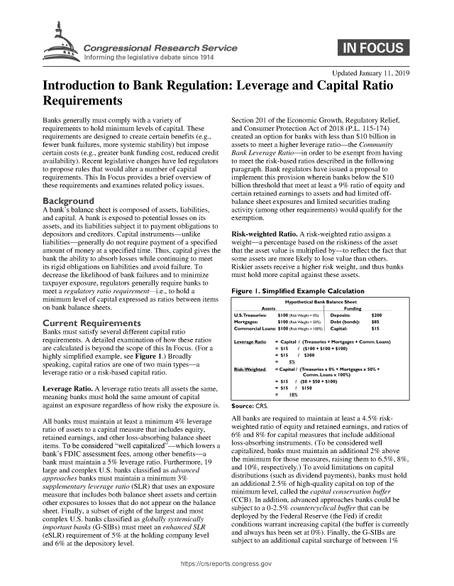 handle is hein.crs/govybc0001 and id is 1 raw text is: 





Conressona Reeac Seric


0


                                                                                           Updated January 11, 2019

Introduction to Bank Regulation: Leverage and Capital Ratio

Requirements


Banks  generally must comply with a variety of
requirements to hold minimum levels of capital. These
requirements are designed to create certain benefits (e.g.,
fewer bank failures, more systemic stability) but impose
certain costs (e.g., greater bank funding cost, reduced credit
availability). Recent legislative changes have led regulators
to propose rules that would alter a number of capital
requirements. This In Focus provides a brief overview of
these requirements and examines related policy issues.

Background
A bank's balance sheet is composed of assets, liabilities,
and capital. A bank is exposed to potential losses on its
assets, and its liabilities subject it to payment obligations to
depositors and creditors. Capital instruments-unlike
liabilities-generally do not require payment of a specified
amount  of money at a specified time. Thus, capital gives the
bank the ability to absorb losses while continuing to meet
its rigid obligations on liabilities and avoid failure. To
decrease the likelihood of bank failures and to minimize
taxpayer exposure, regulators generally require banks to
meet a regulatory ratio requirement-i.e., to hold a
minimum   level of capital expressed as ratios between items
on bank balance sheets.

Current Requirements
Banks must  satisfy several different capital ratio
requirements. A detailed examination of how these ratios
are calculated is beyond the scope of this In Focus. (For a
highly simplified example, see Figure 1.) Broadly
speaking, capital ratios are one of two main types-a
leverage ratio or a risk-based capital ratio.

Leverage  Ratio. A leverage ratio treats all assets the same,
meaning  banks must hold the same amount of capital
against an exposure regardless of how risky the exposure is.

All banks must maintain at least a minimum 4% leverage
ratio of assets to a capital measure that includes equity,
retained earnings, and other loss-absorbing balance sheet
items. To be considered well capitalized-which lowers a
bank's FDIC  assessment fees, among other benefits-a
bank must maintain a 5% leverage ratio. Furthermore, 19
large and complex U.S. banks classified as advanced
approaches banks  must maintain a minimum 3%
supplementary leverage ratio (SLR) that uses an exposure
measure that includes both balance sheet assets and certain
other exposures to losses that do not appear on the balance
sheet. Finally, a subset of eight of the largest and most
complex  U.S. banks classified as globally systemically
important banks (G-SIBs) must meet an enhanced SLR
(eSLR) requirement of 5%  at the holding company level
and 6%  at the depository level.


Section 201 of the Economic Growth, Regulatory Relief,
and Consumer  Protection Act of 2018 (P.L. 115-174)
created an option for banks with less than $10 billion in
assets to meet a higher leverage ratio-the Community
Bank Leverage  Ratio-in order to be exempt from having
to meet the risk-based ratios described in the following
paragraph. Bank regulators have issued a proposal to
implement  this provision wherein banks below the $10
billion threshold that meet at least a 9% ratio of equity and
certain retained earnings to assets and had limited off-
balance sheet exposures and limited securities trading
activity (among other requirements) would qualify for the
exemption.

Risk-weighted  Ratio. A risk-weighted ratio assigns a
weight-a  percentage based on the riskiness of the asset
that the asset value is multiplied by-to reflect the fact that
some  assets are more likely to lose value than others.
Riskier assets receive a higher risk weight, and thus banks
must hold more capital against these assets.

Figure  I. Simplified Example Calculation
                 Hypothetical Bank Balance Sheet
         Assets                    Funding
 U.S.Treasuries; $100 (Risk Weightn0%)  Deposits:  $200
 Mortgages:    $100 (RiskWeight - 50%)  Debt (bonds):  $85
 Commercial Loans: $100 (RikWei = 100)  Capital:  $15
 Leverage Rtia = Capital / (Treasuries + Mortgages + Comm. Loans)
              = $15  i ($100 + $100 + $100)
              = $15  1 $300

 Risk-Weighted = Capital / (Treasuries x 0% + Mortgages x 50% +
                      Comm. Loans x 100%)
              = $15 / ($0 + $50 + $100)
              = $15 / $150

Source: CRS.
All banks are required to maintain at least a 4.5% risk-
weighted ratio of equity and retained earnings, and ratios of
6%  and 8% for capital measures that include additional
loss-absorbing instruments. (To be considered well
capitalized, banks must maintain an additional 2% above
the minimum  for those measures, raising them to 6.5%, 8%,
and 10%, respectively.) To avoid limitations on capital
distributions (such as dividend payments), banks must hold
an additional 2.5% of high-quality capital on top of the
minimum   level, called the capital conservation buffer
(CCB). In addition, advanced approaches banks could be
subject to a 0-2.5% countercyclical buffer that can be
deployed by the Federal Reserve (the Fed) if credit
conditions warrant increasing capital (the buffer is currently
and always has been set at 0%). Finally, the G-SIBs are
subject to an additional capital surcharge of between 1%


https:I/crsreports.conc -- -q


