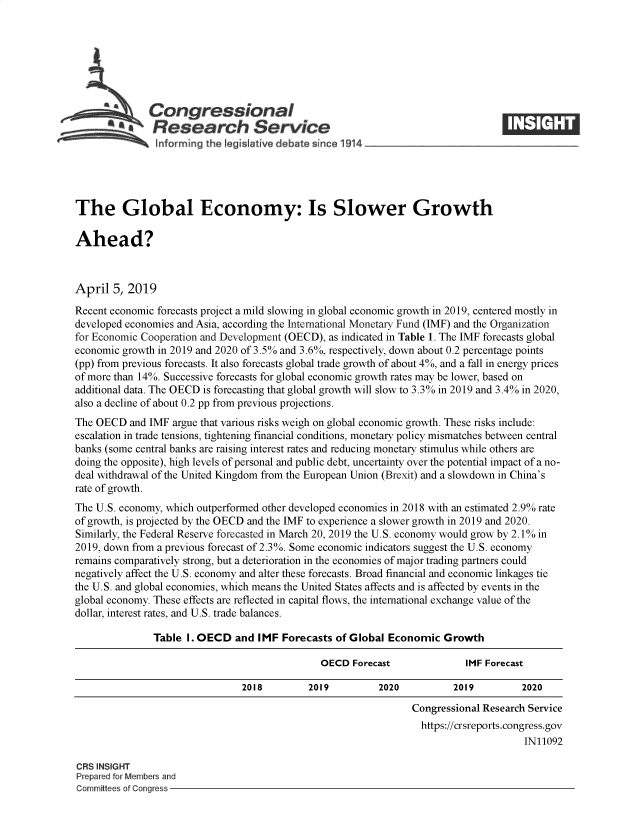handle is hein.crs/govzcu0001 and id is 1 raw text is: 







          a   Congressional                                                       ____
            SResearch Service






The Global Economy: Is Slower Growth

Ahead?



April  5, 2019

Recent economic forecasts project a mild slowing in global economic growth in 2019, centered mostly in
developed economies and Asia, according the International Monetary Fund (IMF) and the Organization
for Economic Cooperation and Development (OECD), as indicated in Table 1. The IMF forecasts global
economic growth in 2019 and 2020 of 3.5% and 3.6%, respectively, down about 0.2 percentage points
(pp) from previous forecasts. It also forecasts global trade growth of about 4%, and a fall in energy prices
of more than 14%. Successive forecasts for global economic growth rates may be lower, based on
additional data. The OECD is forecasting that global growth will slow to 3.3% in 2019 and 3.4% in 2020,
also a decline of about 0.2 pp from previous projections.
The OECD  and IMF argue that various risks weigh on global economic growth. These risks include:
escalation in trade tensions, tightening financial conditions, monetary policy mismatches between central
banks (some central banks are raising interest rates and reducing monetary stimulus while others are
doing the opposite), high levels of personal and public debt, uncertainty over the potential impact of a no-
deal withdrawal of the United Kingdom from the European Union (Brexit) and a slowdown in China's
rate of growth.
The U.S. economy, which outperformed other developed economies in 2018 with an estimated 2.9% rate
of growth, is projected by the OECD and the IMF to experience a slower growth in 2019 and 2020.
Similarly, the Federal Reserve forecasted in March 20, 2019 the U.S. economy would grow by 2.10% in
2019, down from a previous forecast of 2.3 %. Some economic indicators suggest the U.S. economy
remains comparatively strong, but a deterioration in the economies of maj or trading partners could
negatively affect the U.S. economy and alter these forecasts. Broad financial and economic linkages tie
the U.S. and global economies, which means the United States affects and is affected by events in the
global economy. These effects are reflected in capital flows, the international exchange value of the
dollar, interest rates, and U.S. trade balances.

               Table I.OECD   and  IMF Forecasts of Global Economic   Growth

                                              OECD  Forecast              IMF Forecast

                                2018        2019         2020          2019         2020

                                                                Congressional Research Service
                                                                https://crsreports.congress.gov
                                                                                     IN11092

CRS INSIGHT
Prepared for Members and
Committees of Congress


