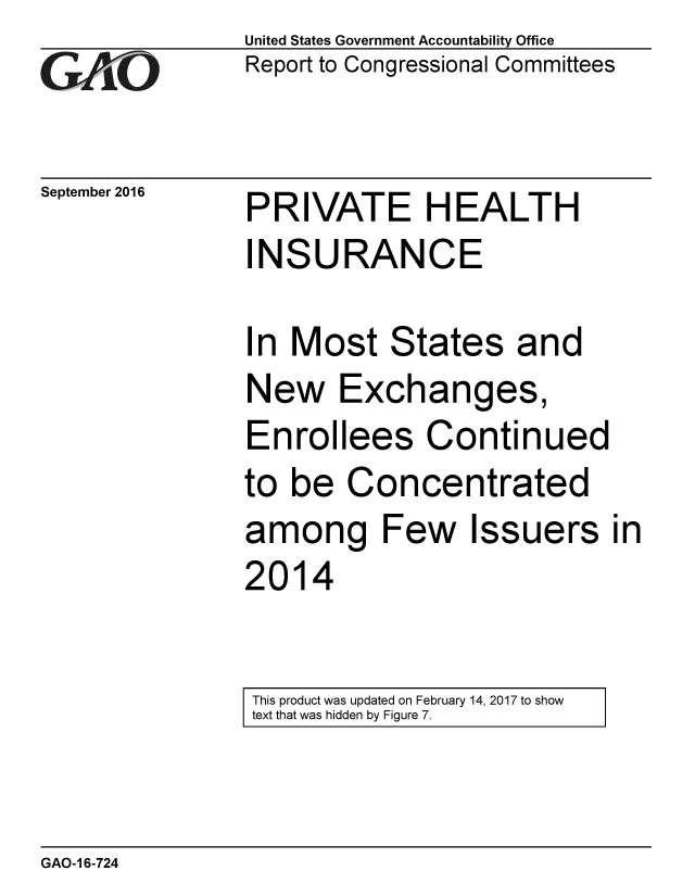 handle is hein.gao/gaobaakej0001 and id is 1 raw text is: 
GA vO


September 2016


United States Government Accountability Office
Report to Congressional Committees


PRIVATE HEALTH
INSURANCE


In Most States and
New Exchanges,
Enrollees Continued
to be Concentrated
among Few Issuers in
2014


This product was updated on February 14, 2017 to show
text that was hidden by Figure 7.


GAO-1 6-724


