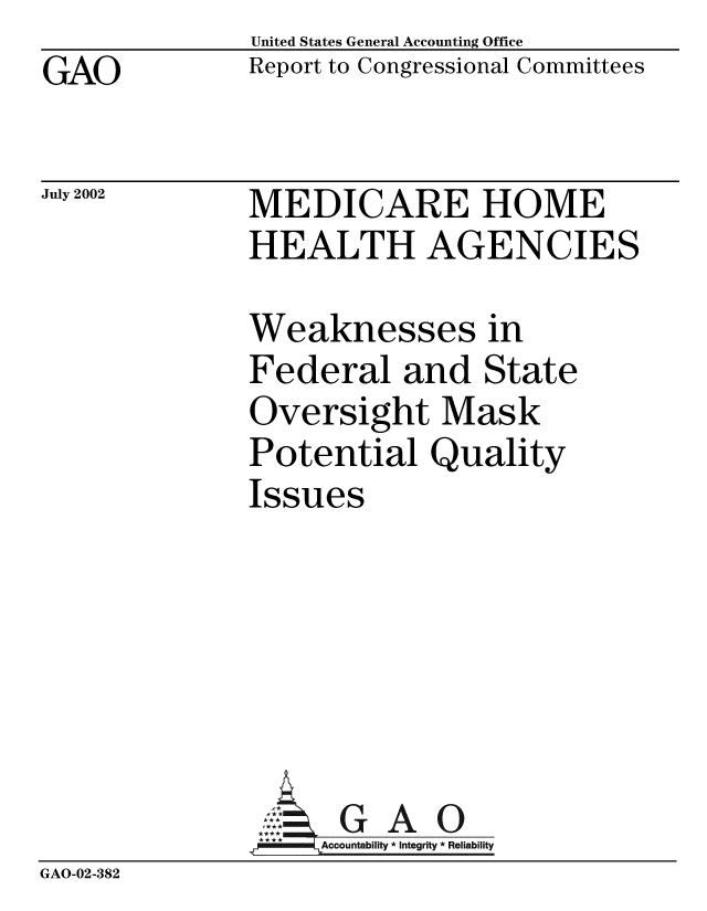 handle is hein.gao/gaobabyvv0001 and id is 1 raw text is: GAO


United States General Accounting Office
Report to Congressional Committees


July 2002


MEDICARE HOME
HEALTH AGENCIES


Weaknesses in
Federal and State
Oversight Mask
Potential Quality
Issues


GAO


GAO-02-382


