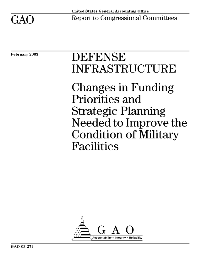 handle is hein.gao/gaobabzhb0001 and id is 1 raw text is: United States General Accounting Office
Report to Congressional Committees


GAO


February 2003


DEFENSE
INFRASTRUCTURE
Changes in Funding
Priorities and
Strategic Planning
Needed to Improve the
Condition of Military
Facilities






      GA
      Accountability * Integrity * Reliability


GAO-03-274


