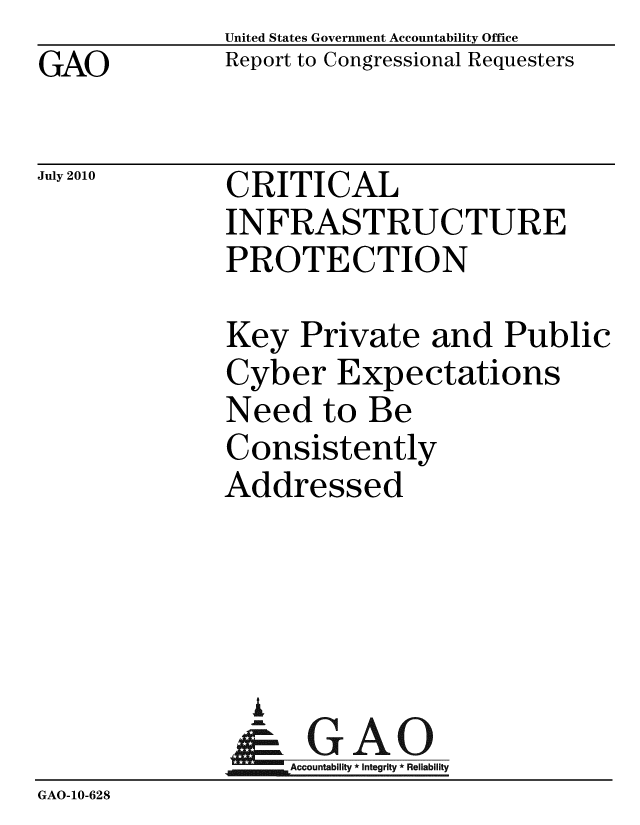 handle is hein.gao/gaobacemq0001 and id is 1 raw text is: GAO


United States Government Accountability Office
Report to Congressional Requesters


July 2010


CRITICAL
INFRASTRUCTURE
PROTECTION


Key Private and Public
Cyber Expectations
Need to Be
Consistently
Addressed


                A
                   Accountability * Integrity * Reliability
GAO-10-628


