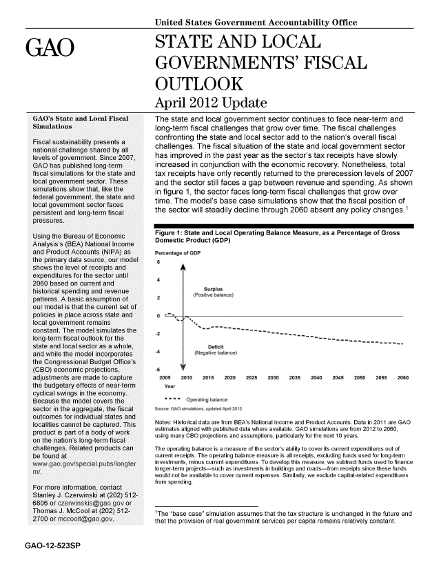 handle is hein.gao/gaobacfxw0001 and id is 1 raw text is: 

                                     United States Government Accountability Office



GAO                                  STATE AND LOCAL
                                     GOVERNMENTS' FISCAL

                                     OUTLOOK

                                     April 2012 Update

  GAO's State and Local Fiscal       The state and local government sector continues to face near-term and
  Simulations                        long-term fiscal challenges that grow over time. The fiscal challenges

  Fiscal sustainability presents a   confronting the state and local sector add to the nation's overall fiscal
  national challenge shared by all   challenges. The fiscal situation of the state and local government sector
  levels of government. Since 2007,  has improved in the past year as the sector's tax receipts have slowly
  GAO has published long-term        increased in conjunction with the economic recovery. Nonetheless, total
  fiscal simulations for the state and  tax receipts have only recently returned to the prerecession levels of 2007
  local government sector. These     and the sector still faces a gap between revenue and spending. As shown
                                     in figure 1, the sector faces long-term fiscal challenges that grow over
  federal government, the state and  time. The model's base case simulations show that the fiscal position of
  local government sector faces
  persistent and long-term fiscal    the sector will steadily decline through 2060 absent any policy changes.1
  pressures.______________________________________

  Using the Bureau of Economic       Figure 1: State and Local Operating Balance Measure, as a Percentage of Gross
  Analysis's (BEA) National Income   Domestic Product (GDP)
  and Product Accounts (NIPA) as     Percentage of GDP
  the primary data source, our model
  shows the level of receipts and
  expenditures for the sector until4
  2060 based on current and
  historical spending and revenue                   upu
  patterns. A basic assumption of     2         (PoSitive b ance)
  our model is that the current set of
  policies in place across state and                   b
  local government remains
  constant. The model simulates the   2---------------------------------
  long-term fiscal outlook for the                                               -    --------------
  state and local sector as a whole,
  and while the model incorporates   -e4sre ......         e)
  the Congressional Budget Office's
  (iBO) economic projections,        -6
  adjustments are made to capture     2       pro 2010 2015 2020 2025 2030  2035  20e0 2045   2U50  205    2060
  the budgetary effects of near-term    Year
  cyclical swings in the economy.
  Because the model covers the
  sector in the aggregate, the fiscal So O ~uIorupaCdp 21
  outcomes for individual states and
  localities cannot be captured. This Notes: Historical data are from BEA's National Income and Product Accounts. Data in 2011 are GAO
           prodct s prt f a odyof ork estimates aligned with published data where available. GAO simulations are from 2012 to 2060,
  podcth isnartof alodyer ofiwork  using many CBO projections and assumptions, particularly for the next 10 years.
  challenges. Related products can   The operating balance is a measure of the sector's ability to cover its current expenditures out of
  be found at                        current receipts. The operating balance measure is all receipts, excluding funds used for long-term
  w'gao    o     r/speipb/oge        investments, minus current expenditures. To develop this measure, we subtract funds used to finance
           in!.                      longer-term projects-such as investments in buildings and roads-from receipts since these funds
                                     would not be available to cover current expenses. Similarly, we exclude capital-related expenditures
                                     from spending.


'The base case simulation assumes that the tax structure is unchanged in the future and
that the provision of real government services per capita remains relatively constant.


GAO-12-523SP



