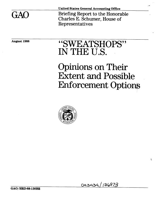 handle is hein.gao/gaobacioz0001 and id is 1 raw text is:                United States General Accounting Office
GAO            Briefing Report to the Honorable
               Charles E. Schumer, House of
               Representatives


August 1988


SWEATSHOPS
IN THE U.S.

Opinions on Their
Extent and Possible
Enforcement Options


o,* 3 4A3A/ / a 0?73


k*AV/n1U5-1;jU1$1C


