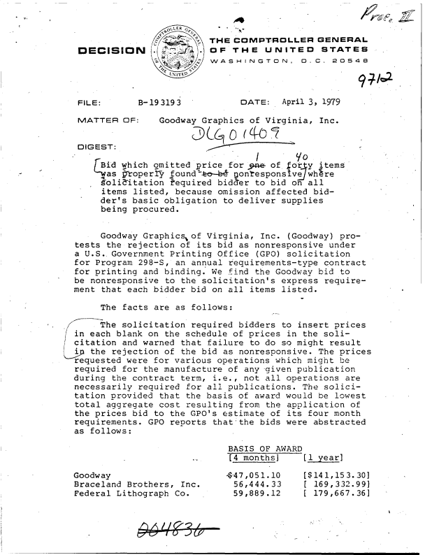 handle is hein.gao/gaobadhcj0001 and id is 1 raw text is: 


                         THE  COMPTROLLER GENERAL
 DECISION              . OF  THE   UNITED STATES
                         WASHINGTON, 0. C. 20548




 FILE:      B-19 319 3         DATE:  April 3, 1979

 MATTER  OF:    Goodway Graphics of Virginia, Inc.


 DIGEST:

    [Bid which omitted price for 944- of for y items
      as  lroperry found -b@ Dontesponsive wh re
      soliaitation kequired bidder to bid on all
      items listed, because omission affected bid-
      der's basic obligation to deliver supplies
      being procured.


      Goodway Graphics of Virginia, Inc. (Goodway) pro-
tests the rejection of its bid as nonresponsive under
a U.S..Government Printing Office (GPO) solicitation
for Program 298-S, an annual requirements-type contract
for printing and binding. We find the Goodway bid to
be nonresponsive to the solicitation's express require-
ment that each bidder bid on all items listed.

     The facts are as follows:

     The solicitation required bidders to insert prices
in each blank on the schedule of prices in the soli-
citation and warned that failure to do so might result
   the rejection of the bid as nonresponsive. The prices
requested were for various operations which might be
required for the manufacture of any -given publication
during the contract term, i.e., not all operations are
necessarily required for all publications. The solici-
tation provided that the basis of award would be lowest
total aggregate cost resulting from the application of
the prices bid to the GPO's estimate of its four month
requirements. GPO reports that the bids were abstracted
as follows:

                             BASIS OF AWARD
                             [4 months)   [1 year]

Goodway                     -$47,051.10   [$141,153.301
Braceland Brothers, Inc.      56,444.33    [ 169,332.991
Federal Lithograph Co.       59,889.12    [ 179,667.36]


